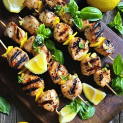 To make these tasty Lemon Basil Chicken Skewers, gather the following ingredients: - 1 lb (450g) boneless chicken breasts, cut into 1-inch cubes - 1/4 cup fresh basil leaves, finely chopped - Zest from 2 lemons (approximately 2 tablespoons) - 1/4 cup fresh lemon juice (from about 1-2 lemons) - 3 cloves garlic, minced - 2 tablespoons extra virgin olive oil - 1 tablespoon honey - Salt and freshly ground black pepper, to taste - Skewers (bamboo or metal) These ingredients create a burst of flavor. The lemon and basil pair well with chicken. You can boost the flavor with these optional ingredients: - Red pepper flakes for heat - Cherry tomatoes for sweetness - Bell peppers for crunch - Onions for a savory touch Adding these can enhance your skewers. Each brings a unique taste and texture. Need to swap an ingredient? Here are some easy substitutions: - Chicken thighs instead of breasts for more flavor. - Lime juice and zest can replace lemon for a twist. - Maple syrup can stand in for honey if desired. - Dried basil can work if fresh is not available. These substitutions help keep the recipe flexible. You can still enjoy delicious skewers! For the full recipe, check out the complete guide. To start, gather your ingredients. You need fresh basil, lemon zest, lemon juice, garlic, olive oil, honey, salt, and pepper. Begin by chopping the basil leaves finely. In a medium bowl, mix the basil, lemon zest, and lemon juice. Add minced garlic, olive oil, honey, salt, and pepper. Whisk everything well until combined. This fragrant marinade will pack your chicken with flavor. Now, it's time to marinate the chicken. Cut the boneless chicken breasts into 1-inch cubes. Place them in the bowl with your marinade. Gently toss the chicken so each piece is coated. Cover the bowl with plastic wrap. Let it sit in the fridge for at least 30 minutes, or up to 2 hours for more flavor. This step is key to making the chicken juicy and tasty. While the chicken marinates, get your grill ready. Preheat it to medium-high heat. If using bamboo skewers, soak them in water for 30 minutes to stop them from burning. Thread the marinated chicken onto the skewers, leaving small gaps between pieces. This helps them cook evenly. Once your grill is hot, place the skewers on it. Grill for about 10-12 minutes. Turn them every few minutes for even cooking. Make sure the internal temperature of the chicken reaches 165°F (75°C). After grilling, let the skewers rest for 5 minutes to keep them juicy. For a stunning presentation, serve the skewers on a platter. Garnish with extra basil and lemon wedges. Enjoy this bright and flavorful dish! For the complete recipe, check out the Full Recipe section. To get juicy chicken on your skewers, use boneless chicken breasts. Cut them into 1-inch cubes. This size helps them cook evenly. Always check the internal temperature. It should reach 165°F (75°C) for safety. After grilling, let the skewers rest for five minutes. This step keeps the chicken moist. A great marinade makes all the difference. Use fresh basil, lemon zest, and lemon juice. These add bright flavor to the chicken. Mix in minced garlic, olive oil, and honey for depth. Make sure to coat every piece of chicken well. Let it marinate for at least 30 minutes. For a stronger taste, marinate for up to 2 hours. This allows the flavors to soak in. Prevent your chicken from sticking to the grill. First, preheat your grill or grill pan over medium-high heat. A hot surface helps create a good sear. Lightly oil the grill grates with cooking spray or a brush of oil. If using bamboo skewers, soak them in water for 30 minutes first. This keeps them from burning. Place the skewers on the grill and turn them every few minutes for even cooking. {{image_4}} You can use other proteins for your skewers. Shrimp works well with lemon and basil. Just marinate them for a shorter time. Salmon also pairs nicely with these flavors. Cut it into cubes and follow the same marinade steps. For beef lovers, try using sirloin cut into chunks. The key is to adjust the cooking time based on the protein. If you prefer a vegetarian option, use firm tofu or tempeh. Cut the tofu into cubes and press it to remove excess water. This helps it absorb the marinade better. You can also use mushrooms like portobello or button. Cut them into thick slices for grilling. Bell peppers and zucchini add color and taste. Skewer them with cherry tomatoes for a vibrant mix. Adjust the flavor by adding spices or herbs. You can mix in some red pepper flakes for heat. Try adding fresh mint or parsley for a different taste. If you want sweetness, add more honey or a dash of maple syrup. For a tangy twist, use lime juice instead of lemon juice. These small changes can create a whole new dish. Explore and find what you love! For the complete recipe, check out the Full Recipe section. After enjoying your Lemon Basil Chicken Skewers, you might have some leftovers. To store them properly, place the skewers in an airtight container. This keeps them fresh and safe to eat. You can refrigerate them for up to three days. Make sure they cool down before sealing the container to avoid steam buildup. When you are ready to eat your leftovers, reheating is easy. The best method is to use a grill or grill pan. This method revives the flavor and texture. Heat the grill to medium heat. Place the skewers on the grill for about 5-7 minutes. Turn them often to warm evenly. You can also use a microwave for quick reheating. Heat them in short bursts, checking to avoid overcooking. If you want to save your skewers for later, freezing is a great option. First, let the skewers cool completely. Then, wrap each skewer in plastic wrap or foil. After that, place them in a freezer bag. Remove as much air as possible before sealing. You can freeze them for up to three months. When ready to eat, thaw in the fridge overnight. Then, reheat as mentioned above for the best flavor. Enjoy your Lemon Basil Chicken Skewers anytime! For the full recipe, check out the earlier section. You can tell if chicken is cooked by checking its color and temperature. The meat should be white, not pink. The best way is to use a meat thermometer. Insert it into the thickest part of the chicken. It should read 165°F or 75°C. This ensures it is safe to eat. Always check each piece, as sizes may vary. Yes, you can prepare Lemon Basil Chicken Skewers ahead of time. Marinate the chicken and store it in the fridge. You can marinate it for up to 2 hours for the best flavor. If you need to prepare it even earlier, you can marinate it the night before. Just make sure to cover it well. This saves time and allows the flavors to soak in. These skewers pair well with many sides. Here are some great options: - Grilled vegetables for a smoky taste - A crisp salad for a fresh crunch - Rice or quinoa for a hearty base - Garlic bread for a warm, comforting touch - Lemon wedges for extra zing Feel free to mix and match these sides. They all enhance the bright flavors of the skewers. For the full recipe, check the earlier section. Enjoy your cooking! Lemon Basil Chicken Skewers are easy and fun to make. We covered main ingredients and substitutes to suit your taste. I shared tips for perfect cooking and grilling methods to enhance flavor. You can even explore variations and vegetarian options. Storing and reheating leftovers keeps the meal fresh and tasty. Now, you have the tools to create a delicious dish your family will love. Enjoy!
