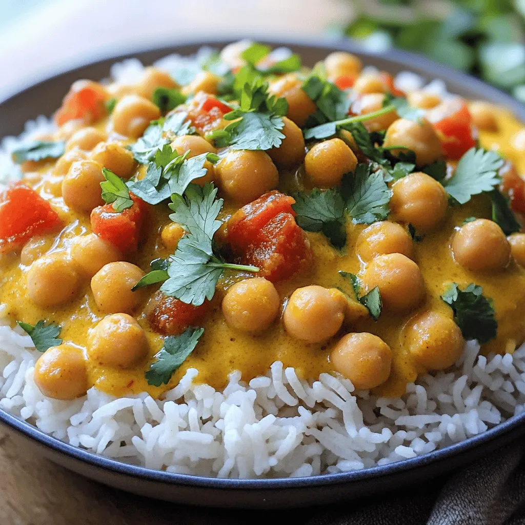 - 2 cans chickpeas, drained and rinsed - 1 medium onion, finely chopped - 3 cloves garlic, minced - 1 tablespoon fresh ginger, grated - 1 can (14 oz) coconut milk - 1 cup diced tomatoes (fresh or canned) - 2 tablespoons curry powder - 1 teaspoon ground cumin - 1/2 teaspoon turmeric powder - 1/2 teaspoon red chili flakes - 2 tablespoons olive oil - 1 cup vegetable broth - Salt, to taste - Fresh cilantro, chopped (for garnish) - Cooked basmati rice or naan, for serving Using these fresh and simple ingredients, you can create a rich and tasty dish. Chickpeas are the star. They add protein and a nice texture. Onions, garlic, and ginger bring depth and warmth to the curry. Coconut milk makes it creamy and rich. You can adjust the spices to fit your taste. The curry powder gives it a bold flavor. Red chili flakes add heat, but you can leave them out if you prefer mild food. You can find the full recipe [here](#). Enjoy cooking! To start, heat the olive oil in a large pot over medium heat. Add the finely chopped onion. Sauté it for about five minutes. You want the onion to become soft and translucent. Next, stir in the minced garlic and grated ginger. Cook this mix for one to two minutes. You will notice a lovely aroma filling your kitchen. Now it's time to spice things up! Sprinkle in the curry powder, ground cumin, turmeric powder, and red chili flakes. Mix everything well to cover the onions with the spices. This step is key for creating a rich flavor base. Pour in the diced tomatoes, whether fresh or canned. Cook this mixture for about three to four minutes. You want the flavors to meld and thicken a bit. Next, add the rinsed chickpeas and vegetable broth. Stir gently to combine all the ingredients. This will create a thick and hearty mix. Increase the heat slightly and bring everything to a gentle simmer. Once it starts bubbling, pour in the coconut milk and stir to mix. Let the curry simmer uncovered for 15 to 20 minutes. Stir occasionally, so it doesn’t stick. The curry should thicken and the flavors will deepen. Taste it, and add salt if needed. For a creamier texture, you can use an immersion blender. Blend a portion of the curry to create a delightful contrast between chunky and smooth. Serve the hot curry over warm basmati rice or alongside fresh naan. Garnish with chopped fresh cilantro for a pop of color. For the full recipe, check out Chickpea Delight Curry . To make your chickpea curry just right, start with the spices. Adjust chili flakes to fit your heat level. If you prefer less heat, use just a pinch. If you love spice, add more! I often taste as I cook, ensuring it matches my craving. The ideal cooking time is around 15 to 20 minutes. This lets the flavors mix well and grow rich. When serving, use deep bowls. This makes your curry look inviting. You can spoon some warm basmati rice into the bowl first. Then, ladle the curry over it. For garnish, chop fresh cilantro and sprinkle it on top. To add a final touch, drizzle some coconut milk or sprinkle extra chili flakes. This makes your dish pop with color. For simmering, a heavy-bottomed pot works best. It helps distribute heat evenly. A Dutch oven is a great choice, too. When preparing, have sharp knives and a cutting board ready. A can opener is handy for the chickpeas and coconut milk. Also, keep a wooden spoon for stirring. Simple tools make the process smooth and fun! {{image_4}} You can change the curry's flavor with different spice blends. Try garam masala for a warm taste. Or use smoked paprika for a hint of smokiness. If you want a kick, add cayenne pepper. Fresh herbs, like cilantro or mint, can give the dish a bright finish. Chopped herbs added at the end keep flavors fresh and lively. Chickpeas are great, but you can add more. Spinach adds color and nutrients. Tofu gives a nice texture and protein boost. You can also use seasonal vegetables. Think bell peppers in summer or squash in fall. This way, you can enjoy different flavors all year round. Want to amp up the taste? Squeeze in some lime or lemon juice. This adds brightness and lifts the whole dish. You can also personalize it with sauces. A splash of soy sauce or a touch of hot sauce can give it your twist. Try different combinations to find your favorite flavor! Store your leftover vegan chickpea curry in the fridge. Use airtight containers to keep it fresh. This helps prevent any strong smells from other foods. The curry lasts for about 4 to 5 days in the fridge. To reheat, use the stovetop for the best texture. Heat it gently over low to medium heat. Stir it often to prevent sticking. You can also use a microwave, but check often to avoid overcooking. Pair it with fresh basmati rice or naan while reheating for a complete meal. You can freeze chickpea curry for later use. Pour the cooled curry into freezer-safe containers. Leave some space at the top for expansion. It will stay fresh for about 2 to 3 months in the freezer. When you’re ready to eat, thaw it in the fridge overnight. Reheat it on the stovetop to maintain its rich flavor. The cooking time for Vegan Chickpea Curry is quick and easy. Here’s the breakdown: - <strong>Prep time:</strong> 10 minutes – <strong>Cook time:</strong> 25 minutes – <strong>Total time:</strong> 35 minutes You can have a hot, tasty meal ready in less than an hour. Yes, chickpea curry is great for meal prep! – It stores well in the fridge for up to 5 days. – You can freeze it for longer storage, up to 3 months. – It tastes even better the next day as flavors meld. Preparing it in advance saves time on busy days. Absolutely! You can use other beans if you like. – <strong>Black beans:</strong> These add a rich flavor. – <strong>Kidney beans:</strong> These offer a hearty texture. – <strong>Lentils:</strong> These cook faster and add a unique taste. Feel free to mix and match based on your preference. Chickpeas are packed with nutrients and great for health. – <strong>High in protein:</strong> They help build and repair muscles. – <strong>Rich in fiber:</strong> This aids digestion and keeps you full. – <strong>Vitamins and minerals:</strong> They contain iron, magnesium, and potassium. Eating chickpeas can support overall health and energy. The spice level of this recipe is adjustable. – <strong>Mild:</strong> Use no red chili flakes if you prefer less heat. – <strong>Medium:</strong> Add half a teaspoon for a gentle kick. – <strong>Hot:</strong> Increase the red chili flakes for more heat. You can adjust to fit your taste and comfort. You can find the complete recipe here: [Full Recipe: Chickpea Delight Curry ](#) In this blog post, we explored making a delicious chickpea curry. We covered all the key ingredients, from chickpeas to spices, and detailed how to prepare and combine them. You learned how to adjust flavors and present the dish beautifully. Lastly, we discussed tips for storing leftovers and meal prepping. With this knowledge, you can create a flavorful and healthy dish that suits your taste. Enjoy experimenting with variations and make this recipe your own!” /></p>
</p>
<h2>Variations</h2>
</p>
<h3>Different Spice Blends</h3>
<p>You can change the curry’s flavor with different spice blends. Try garam masala for a warm taste. Or use smoked paprika for a hint of smokiness. If you want a kick, add cayenne pepper. Fresh herbs, like cilantro or mint, can give the dish a bright finish. Chopped herbs added at the end keep flavors fresh and lively.</p>
</p>
<h3>Adding Proteins and Veggies</h3>
<p>Chickpeas are great, but you can add more. Spinach adds color and nutrients. Tofu gives a nice texture and protein boost. You can also use seasonal vegetables. Think bell peppers in summer or squash in fall. This way, you can enjoy different flavors all year round.</p>
</p>
<h3>Flavor Enhancements</h3>
<p>Want to amp up the taste? Squeeze in some lime or lemon juice. This adds brightness and lifts the whole dish. You can also personalize it with sauces. A splash of soy sauce or a touch of hot sauce can give it your twist. Try different combinations to find your favorite flavor!</p>
</p>
<h2>Storage Info</h2>
</p>
<h3>How to Store Leftovers</h3>
<p>Store your leftover vegan chickpea curry in the fridge. Use airtight containers to keep it fresh. This helps prevent any strong smells from other foods. The curry lasts for about 4 to 5 days in the fridge.</p>
</p>
<h3>Reheating Instructions</h3>
<p>To reheat, use the stovetop for the best texture. Heat it gently over low to medium heat. Stir it often to prevent sticking. You can also use a microwave, but check often to avoid overcooking. Pair it with fresh basmati rice or naan while reheating for a complete meal.</p>
</p>
<h3>Freezing for Later</h3>
<p>You can freeze chickpea curry for later use. Pour the cooled curry into freezer-safe containers. Leave some space at the top for expansion. It will stay fresh for about 2 to 3 months in the freezer. When you’re ready to eat, thaw it in the fridge overnight. Reheat it on the stovetop to maintain its rich flavor.</p>
</p>
<h2>FAQs</h2>
</p>
<h3>What is the cooking time for Vegan Chickpea Curry?</h3>
<p>The cooking time for Vegan Chickpea Curry is quick and easy. Here’s the breakdown:</p>
<p>– <strong>Prep time:</strong> 10 minutes</p>
<p>– <strong>Cook time:</strong> 25 minutes</p>
<p>– <strong>Total time:</strong> 35 minutes</p>
</p>
<p>You can have a hot, tasty meal ready in less than an hour.</p>
</p>
<h3>Is chickpea curry good for meal prep?</h3>
<p>Yes, chickpea curry is great for meal prep!</p>
<p>– It stores well in the fridge for up to 5 days.</p>
<p>– You can freeze it for longer storage, up to 3 months.</p>
<p>– It tastes even better the next day as flavors meld.</p>
</p>
<p>Preparing it in advance saves time on busy days.</p>
</p>
<h3>Can I substitute chickpeas with other beans?</h3>
<p>Absolutely! You can use other beans if you like.</p>
<p>– <strong>Black beans:</strong> These add a rich flavor.</p>
<p>– <strong>Kidney beans:</strong> These offer a hearty texture.</p>
<p>– <strong>Lentils:</strong> These cook faster and add a unique taste.</p>
</p>
<p>Feel free to mix and match based on your preference.</p>
</p>
<h3>What are the health benefits of chickpeas?</h3>
<p>Chickpeas are packed with nutrients and great for health.</p>
<p>– <strong>High in protein:</strong> They help build and repair muscles.</p>
<p>– <strong>Rich in fiber:</strong> This aids digestion and keeps you full.</p>
<p>– <strong>Vitamins and minerals:</strong> They contain iron, magnesium, and potassium.</p>
</p>
<p>Eating chickpeas can support overall health and energy.</p>
</p>
<h3>How spicy is this recipe?</h3>
<p>The spice level of this recipe is adjustable.</p>
<p>– <strong>Mild:</strong> Use no red chili flakes if you prefer less heat.</p>
<p>– <strong>Medium:</strong> Add half a teaspoon for a gentle kick.</p>
<p>– <strong>Hot:</strong> Increase the red chili flakes for more heat.</p>
</p>
<p>You can adjust to fit your taste and comfort.</p>
</p>
<h3>Where can I find the full recipe?</h3>
<p>You can find the complete recipe here: [Full Recipe: Chickpea Delight Curry ](#)</p>
</p>
<p>In this blog post, we explored making a delicious chickpea curry. We covered all the key ingredients, from chickpeas to spices, and detailed how to prepare and combine them. You learned how to adjust flavors and present the dish beautifully. Lastly, we discussed tips for storing leftovers and meal prepping. With this knowledge, you can create a flavorful and healthy dish that suits your taste. Enjoy experimenting with variations and make this recipe your own!</p>
<div id=