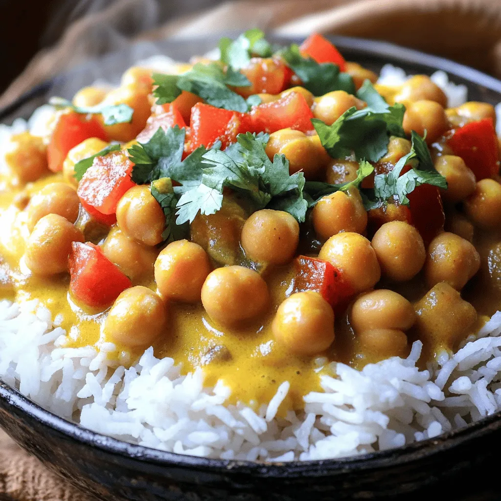 - 2 cans chickpeas, drained and rinsed - 1 medium onion, finely chopped - 3 cloves garlic, minced - 1 tablespoon fresh ginger, grated - 1 can (14 oz) coconut milk - 1 cup diced tomatoes (fresh or canned) - 2 tablespoons curry powder - 1 teaspoon ground cumin - 1/2 teaspoon turmeric powder - 1/2 teaspoon red chili flakes - 2 tablespoons olive oil - 1 cup vegetable broth - Salt, to taste - Fresh cilantro, chopped (for garnish) - Cooked basmati rice or naan, for serving Using these fresh and simple ingredients, you can create a rich and tasty dish. Chickpeas are the star. They add protein and a nice texture. Onions, garlic, and ginger bring depth and warmth to the curry. Coconut milk makes it creamy and rich. You can adjust the spices to fit your taste. The curry powder gives it a bold flavor. Red chili flakes add heat, but you can leave them out if you prefer mild food. You can find the full recipe [here](#). Enjoy cooking! To start, heat the olive oil in a large pot over medium heat. Add the finely chopped onion. Sauté it for about five minutes. You want the onion to become soft and translucent. Next, stir in the minced garlic and grated ginger. Cook this mix for one to two minutes. You will notice a lovely aroma filling your kitchen. Now it's time to spice things up! Sprinkle in the curry powder, ground cumin, turmeric powder, and red chili flakes. Mix everything well to cover the onions with the spices. This step is key for creating a rich flavor base. Pour in the diced tomatoes, whether fresh or canned. Cook this mixture for about three to four minutes. You want the flavors to meld and thicken a bit. Next, add the rinsed chickpeas and vegetable broth. Stir gently to combine all the ingredients. This will create a thick and hearty mix. Increase the heat slightly and bring everything to a gentle simmer. Once it starts bubbling, pour in the coconut milk and stir to mix. Let the curry simmer uncovered for 15 to 20 minutes. Stir occasionally, so it doesn’t stick. The curry should thicken and the flavors will deepen. Taste it, and add salt if needed. For a creamier texture, you can use an immersion blender. Blend a portion of the curry to create a delightful contrast between chunky and smooth. Serve the hot curry over warm basmati rice or alongside fresh naan. Garnish with chopped fresh cilantro for a pop of color. For the full recipe, check out Chickpea Delight Curry . To make your chickpea curry just right, start with the spices. Adjust chili flakes to fit your heat level. If you prefer less heat, use just a pinch. If you love spice, add more! I often taste as I cook, ensuring it matches my craving. The ideal cooking time is around 15 to 20 minutes. This lets the flavors mix well and grow rich. When serving, use deep bowls. This makes your curry look inviting. You can spoon some warm basmati rice into the bowl first. Then, ladle the curry over it. For garnish, chop fresh cilantro and sprinkle it on top. To add a final touch, drizzle some coconut milk or sprinkle extra chili flakes. This makes your dish pop with color. For simmering, a heavy-bottomed pot works best. It helps distribute heat evenly. A Dutch oven is a great choice, too. When preparing, have sharp knives and a cutting board ready. A can opener is handy for the chickpeas and coconut milk. Also, keep a wooden spoon for stirring. Simple tools make the process smooth and fun! {{image_4}} You can change the curry's flavor with different spice blends. Try garam masala for a warm taste. Or use smoked paprika for a hint of smokiness. If you want a kick, add cayenne pepper. Fresh herbs, like cilantro or mint, can give the dish a bright finish. Chopped herbs added at the end keep flavors fresh and lively. Chickpeas are great, but you can add more. Spinach adds color and nutrients. Tofu gives a nice texture and protein boost. You can also use seasonal vegetables. Think bell peppers in summer or squash in fall. This way, you can enjoy different flavors all year round. Want to amp up the taste? Squeeze in some lime or lemon juice. This adds brightness and lifts the whole dish. You can also personalize it with sauces. A splash of soy sauce or a touch of hot sauce can give it your twist. Try different combinations to find your favorite flavor! Store your leftover vegan chickpea curry in the fridge. Use airtight containers to keep it fresh. This helps prevent any strong smells from other foods. The curry lasts for about 4 to 5 days in the fridge. To reheat, use the stovetop for the best texture. Heat it gently over low to medium heat. Stir it often to prevent sticking. You can also use a microwave, but check often to avoid overcooking. Pair it with fresh basmati rice or naan while reheating for a complete meal. You can freeze chickpea curry for later use. Pour the cooled curry into freezer-safe containers. Leave some space at the top for expansion. It will stay fresh for about 2 to 3 months in the freezer. When you’re ready to eat, thaw it in the fridge overnight. Reheat it on the stovetop to maintain its rich flavor. The cooking time for Vegan Chickpea Curry is quick and easy. Here’s the breakdown: - Prep time: 10 minutes - Cook time: 25 minutes - Total time: 35 minutes You can have a hot, tasty meal ready in less than an hour. Yes, chickpea curry is great for meal prep! - It stores well in the fridge for up to 5 days. - You can freeze it for longer storage, up to 3 months. - It tastes even better the next day as flavors meld. Preparing it in advance saves time on busy days. Absolutely! You can use other beans if you like. - Black beans: These add a rich flavor. - Kidney beans: These offer a hearty texture. - Lentils: These cook faster and add a unique taste. Feel free to mix and match based on your preference. Chickpeas are packed with nutrients and great for health. - High in protein: They help build and repair muscles. - Rich in fiber: This aids digestion and keeps you full. - Vitamins and minerals: They contain iron, magnesium, and potassium. Eating chickpeas can support overall health and energy. The spice level of this recipe is adjustable. - Mild: Use no red chili flakes if you prefer less heat. - Medium: Add half a teaspoon for a gentle kick. - Hot: Increase the red chili flakes for more heat. You can adjust to fit your taste and comfort. You can find the complete recipe here: [Full Recipe: Chickpea Delight Curry ](#) In this blog post, we explored making a delicious chickpea curry. We covered all the key ingredients, from chickpeas to spices, and detailed how to prepare and combine them. You learned how to adjust flavors and present the dish beautifully. Lastly, we discussed tips for storing leftovers and meal prepping. With this knowledge, you can create a flavorful and healthy dish that suits your taste. Enjoy experimenting with variations and make this recipe your own!