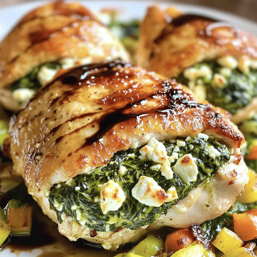 - 4 boneless, skinless chicken breasts - 2 cups fresh spinach, chopped - 1 cup feta cheese, crumbled - 1/4 cup cream cheese, softened - 2 cloves garlic, minced - 1 tablespoon olive oil - 1 teaspoon dried oregano - 1/2 teaspoon salt - 1/4 teaspoon black pepper - 1 teaspoon lemon juice For this Spinach and Feta Stuffed Chicken, the main ingredients are key. The chicken breasts provide a nice, lean protein base. Spinach adds a fresh green touch, and feta cheese gives a salty, creamy burst of flavor. These three work great together. Next, we have some additional ingredients that enhance the filling. Cream cheese adds richness, while minced garlic brings a strong aroma. Olive oil is perfect for cooking and adds moisture, too. Lastly, we must not forget the seasoning. Dried oregano adds a nice herbal note. Salt and black pepper are essential for taste, and lemon juice brightens the dish. To see how to combine these ingredients into a delicious meal, check out the Full Recipe. - Preheat the oven to 375°F (190°C). - Heat olive oil and sauté garlic for 1 minute. First, set your oven to 375°F (190°C). This step ensures the oven is hot when the chicken goes in. Next, take a skillet and heat up some olive oil over medium heat. Once it's hot, add minced garlic. Sauté it for about 1 minute. You want it fragrant, but don’t let it brown. - Prepare spinach and cheese mixture. - Stuff chicken breasts and seal with toothpicks. Now, let’s make the filling. Add chopped spinach to the skillet with the garlic. Stir it for 2-3 minutes until it wilts. Take it off the heat and let it cool a bit. In a mixing bowl, combine the cooled spinach, crumbled feta cheese, softened cream cheese, dried oregano, lemon juice, salt, and black pepper. Mix until creamy. Next, grab your chicken breasts. Place each one on a cutting board. Use a sharp knife to slice them horizontally, creating a pocket. Be careful not to cut all the way through. Stuff each breast with the spinach and cheese mix. Use your fingers to push the filling in if needed. Secure the opening with toothpicks or kitchen twine to keep all that goodness inside. - Season the stuffed chicken. - Bake for 25-30 minutes until cooked through. Now it's time to season the chicken. Sprinkle some salt and pepper on the outside. Drizzle a bit of olive oil for added flavor. Place the stuffed chicken in a greased baking dish, making sure they have space. Bake them in the preheated oven for 25-30 minutes. They are ready when they hit an internal temperature of 165°F (75°C). After baking, let them rest for about 5 minutes. Remove the toothpicks or twine before serving. Enjoy your delicious Spinach and Feta Stuffed Chicken! For the full recipe, check the section above. - Ensure chicken is at room temperature before cooking. - Use fresh ingredients for enhanced flavor. Starting with room temperature chicken helps it cook evenly. Cold chicken can lead to dry, uneven cooking. Fresh spinach and feta elevate the taste, making each bite more delicious. - Experiment with different cheeses (e.g., ricotta). - Add herbs like basil or thyme for a unique twist. Ricotta can give a creamier texture. Fresh herbs like basil or thyme add depth. Don’t be afraid to try new flavors to make this dish your own. - Consider pan-searing before baking for extra flavor. - Use a meat thermometer for precise cooking. Pan-searing adds a nice golden crust and extra flavor. A meat thermometer ensures chicken cooks to 165°F. This helps avoid undercooked or dry chicken, making your dish perfect every time. For the full recipe, check <strong>Spinach and Feta Stuffed Chicken</strong>. {{image_4}} You can switch the spinach for kale or Swiss chard. Both greens work well and add nice flavor. If you want a lighter dish, use low-fat cream cheese instead of regular. This change keeps the dish creamy without extra fat. For a tangy twist, add sun-dried tomatoes to your filling. Their flavor complements the feta cheese perfectly. If you like heat, sprinkle in some red pepper flakes. This small change can really boost the taste. Want a smoky flavor? Try grilling the stuffed chicken instead of baking it. This method gives the chicken a nice char. If you’re short on time, use an air fryer. It cooks quickly and keeps the chicken juicy. After you enjoy your Spinach and Feta Stuffed Chicken, let it cool down. Cooling helps keep the chicken juicy. Once cooled, place the chicken in an airtight container. This way, it stays fresh. You can store it in the fridge for up to 3 days. Make sure to label the container, so you know when to eat it. If you want to save some for later, freezing works great. Wrap each portion tightly in plastic wrap or foil. This helps prevent freezer burn. You can freeze the stuffed chicken for up to 2 months. When you are ready to eat, take it out and thaw it in the refrigerator. This keeps the flavors intact. To reheat, the oven is your best friend. Preheat it to 350°F (175°C). Place the chicken in a baking dish and cover it with foil. This helps keep moisture in. Bake for about 15-20 minutes until heated through. If you’re short on time, you can use a microwave. Just cover the chicken with a damp paper towel to keep it from drying out. Enjoy your flavorful meal again! Typically, this chicken lasts 3 days when properly stored. Keep it in an airtight container. This way, it stays fresh and tasty. Yes, you can prepare and refrigerate it before baking. This makes it easier for busy days. Just remember to bake it when you’re ready to eat. Serve with a side salad, rice, or roasted vegetables. These sides add color and balance to your meal. They also complement the flavors of the chicken well. If you want more ideas, check the Full Recipe for creative serving suggestions. This blog post covered how to make Spinach and Feta Stuffed Chicken. We talked about the main ingredients and additional flavors, plus how to prepare, stuff, and bake. I shared tips for the best results, variations for your taste, and storage info for leftovers. Remember, cooking can be fun and creative. Use these steps to make a tasty dish. Enjoy your meal and share it with friends!” /></p>
</p>
<h2>Variations</h2>
</p>
<h3>Ingredient Substitutions</h3>
<p>You can switch the spinach for kale or Swiss chard. Both greens work well and add nice flavor. If you want a lighter dish, use low-fat cream cheese instead of regular. This change keeps the dish creamy without extra fat.</p>
</p>
<h3>Flavor Profile Adjustments</h3>
<p>For a tangy twist, add sun-dried tomatoes to your filling. Their flavor complements the feta cheese perfectly. If you like heat, sprinkle in some red pepper flakes. This small change can really boost the taste.</p>
</p>
<h3>Different Cooking Methods</h3>
<p>Want a smoky flavor? Try grilling the stuffed chicken instead of baking it. This method gives the chicken a nice char. If you’re short on time, use an air fryer. It cooks quickly and keeps the chicken juicy.</p>
</p>
<h2>Storage Info</h2>
</p>
<h3>Storing Leftovers</h3>
<p>After you enjoy your Spinach and Feta Stuffed Chicken, let it cool down. Cooling helps keep the chicken juicy. Once cooled, place the chicken in an airtight container. This way, it stays fresh. You can store it in the fridge for up to 3 days. Make sure to label the container, so you know when to eat it.</p>
</p>
<h3>Freezing Instructions</h3>
<p>If you want to save some for later, freezing works great. Wrap each portion tightly in plastic wrap or foil. This helps prevent freezer burn. You can freeze the stuffed chicken for up to 2 months. When you are ready to eat, take it out and thaw it in the refrigerator. This keeps the flavors intact.</p>
</p>
<h3>Reheating Tips</h3>
<p>To reheat, the oven is your best friend. Preheat it to 350°F (175°C). Place the chicken in a baking dish and cover it with foil. This helps keep moisture in. Bake for about 15-20 minutes until heated through. If you’re short on time, you can use a microwave. Just cover the chicken with a damp paper towel to keep it from drying out. Enjoy your flavorful meal again!</p>
</p>
<h2>FAQs</h2>
</p>
<h3>How long does Spinach and Feta Stuffed Chicken last in the fridge?</h3>
<p>Typically, this chicken lasts 3 days when properly stored. Keep it in an airtight container. This way, it stays fresh and tasty.</p>
</p>
<h3>Can I prepare this dish ahead of time?</h3>
<p>Yes, you can prepare and refrigerate it before baking. This makes it easier for busy days. Just remember to bake it when you’re ready to eat.</p>
</p>
<h3>What sides pair well with Spinach and Feta Stuffed Chicken?</h3>
<p>Serve with a side salad, rice, or roasted vegetables. These sides add color and balance to your meal. They also complement the flavors of the chicken well. If you want more ideas, check the Full Recipe for creative serving suggestions.</p>
</p>
<p>This blog post covered how to make Spinach and Feta Stuffed Chicken. We talked about the main ingredients and additional flavors, plus how to prepare, stuff, and bake. I shared tips for the best results, variations for your taste, and storage info for leftovers.</p>
</p>
<p>Remember, cooking can be fun and creative. Use these steps to make a tasty dish. Enjoy your meal and share it with friends!</p>
<div id=