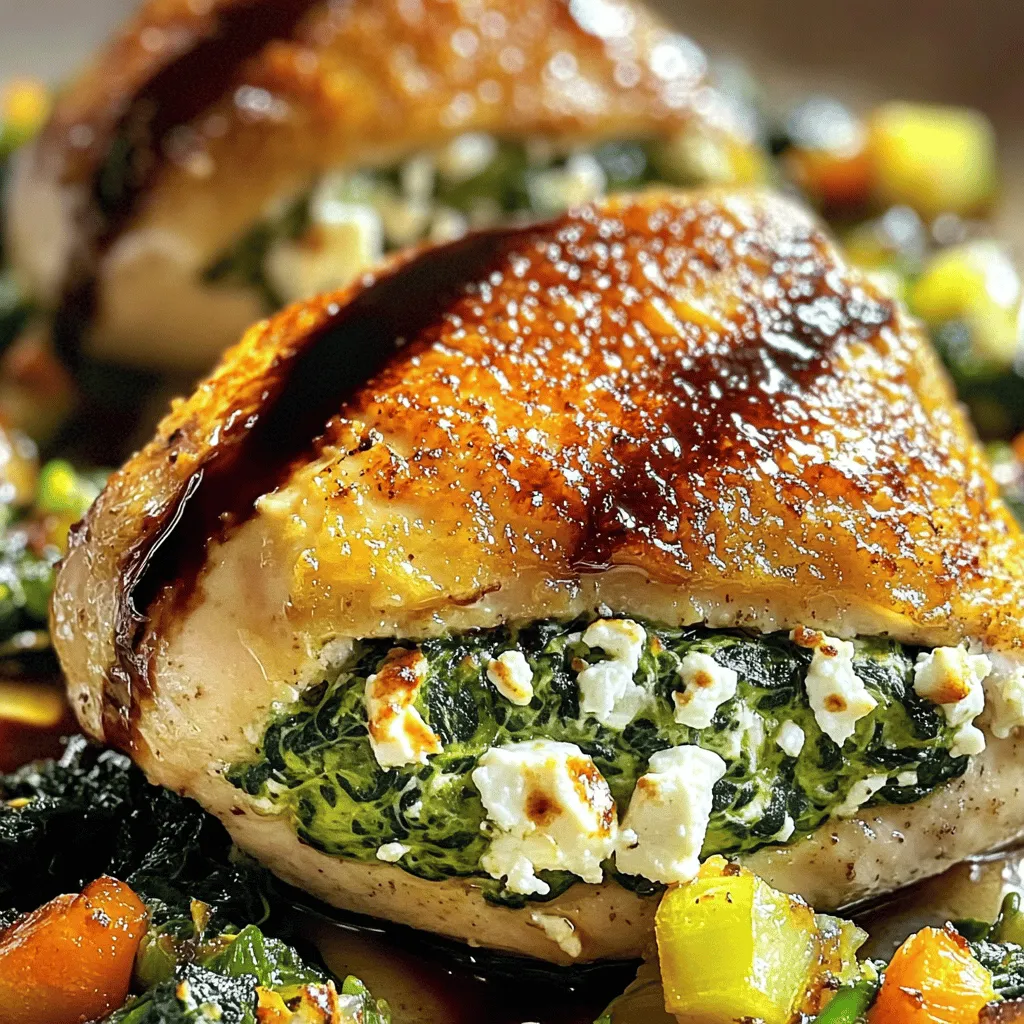 - 4 boneless, skinless chicken breasts - 2 cups fresh spinach, chopped - 1 cup feta cheese, crumbled - 1/4 cup cream cheese, softened - 2 cloves garlic, minced - 1 tablespoon olive oil - 1 teaspoon dried oregano - 1/2 teaspoon salt - 1/4 teaspoon black pepper - 1 teaspoon lemon juice For this Spinach and Feta Stuffed Chicken, the main ingredients are key. The chicken breasts provide a nice, lean protein base. Spinach adds a fresh green touch, and feta cheese gives a salty, creamy burst of flavor. These three work great together. Next, we have some additional ingredients that enhance the filling. Cream cheese adds richness, while minced garlic brings a strong aroma. Olive oil is perfect for cooking and adds moisture, too. Lastly, we must not forget the seasoning. Dried oregano adds a nice herbal note. Salt and black pepper are essential for taste, and lemon juice brightens the dish. To see how to combine these ingredients into a delicious meal, check out the Full Recipe. - Preheat the oven to 375°F (190°C). - Heat olive oil and sauté garlic for 1 minute. First, set your oven to 375°F (190°C). This step ensures the oven is hot when the chicken goes in. Next, take a skillet and heat up some olive oil over medium heat. Once it's hot, add minced garlic. Sauté it for about 1 minute. You want it fragrant, but don’t let it brown. - Prepare spinach and cheese mixture. - Stuff chicken breasts and seal with toothpicks. Now, let’s make the filling. Add chopped spinach to the skillet with the garlic. Stir it for 2-3 minutes until it wilts. Take it off the heat and let it cool a bit. In a mixing bowl, combine the cooled spinach, crumbled feta cheese, softened cream cheese, dried oregano, lemon juice, salt, and black pepper. Mix until creamy. Next, grab your chicken breasts. Place each one on a cutting board. Use a sharp knife to slice them horizontally, creating a pocket. Be careful not to cut all the way through. Stuff each breast with the spinach and cheese mix. Use your fingers to push the filling in if needed. Secure the opening with toothpicks or kitchen twine to keep all that goodness inside. - Season the stuffed chicken. - Bake for 25-30 minutes until cooked through. Now it's time to season the chicken. Sprinkle some salt and pepper on the outside. Drizzle a bit of olive oil for added flavor. Place the stuffed chicken in a greased baking dish, making sure they have space. Bake them in the preheated oven for 25-30 minutes. They are ready when they hit an internal temperature of 165°F (75°C). After baking, let them rest for about 5 minutes. Remove the toothpicks or twine before serving. Enjoy your delicious Spinach and Feta Stuffed Chicken! For the full recipe, check the section above. - Ensure chicken is at room temperature before cooking. - Use fresh ingredients for enhanced flavor. Starting with room temperature chicken helps it cook evenly. Cold chicken can lead to dry, uneven cooking. Fresh spinach and feta elevate the taste, making each bite more delicious. - Experiment with different cheeses (e.g., ricotta). - Add herbs like basil or thyme for a unique twist. Ricotta can give a creamier texture. Fresh herbs like basil or thyme add depth. Don’t be afraid to try new flavors to make this dish your own. - Consider pan-searing before baking for extra flavor. - Use a meat thermometer for precise cooking. Pan-searing adds a nice golden crust and extra flavor. A meat thermometer ensures chicken cooks to 165°F. This helps avoid undercooked or dry chicken, making your dish perfect every time. For the full recipe, check Spinach and Feta Stuffed Chicken. {{image_4}} You can switch the spinach for kale or Swiss chard. Both greens work well and add nice flavor. If you want a lighter dish, use low-fat cream cheese instead of regular. This change keeps the dish creamy without extra fat. For a tangy twist, add sun-dried tomatoes to your filling. Their flavor complements the feta cheese perfectly. If you like heat, sprinkle in some red pepper flakes. This small change can really boost the taste. Want a smoky flavor? Try grilling the stuffed chicken instead of baking it. This method gives the chicken a nice char. If you're short on time, use an air fryer. It cooks quickly and keeps the chicken juicy. After you enjoy your Spinach and Feta Stuffed Chicken, let it cool down. Cooling helps keep the chicken juicy. Once cooled, place the chicken in an airtight container. This way, it stays fresh. You can store it in the fridge for up to 3 days. Make sure to label the container, so you know when to eat it. If you want to save some for later, freezing works great. Wrap each portion tightly in plastic wrap or foil. This helps prevent freezer burn. You can freeze the stuffed chicken for up to 2 months. When you are ready to eat, take it out and thaw it in the refrigerator. This keeps the flavors intact. To reheat, the oven is your best friend. Preheat it to 350°F (175°C). Place the chicken in a baking dish and cover it with foil. This helps keep moisture in. Bake for about 15-20 minutes until heated through. If you're short on time, you can use a microwave. Just cover the chicken with a damp paper towel to keep it from drying out. Enjoy your flavorful meal again! Typically, this chicken lasts 3 days when properly stored. Keep it in an airtight container. This way, it stays fresh and tasty. Yes, you can prepare and refrigerate it before baking. This makes it easier for busy days. Just remember to bake it when you're ready to eat. Serve with a side salad, rice, or roasted vegetables. These sides add color and balance to your meal. They also complement the flavors of the chicken well. If you want more ideas, check the Full Recipe for creative serving suggestions. This blog post covered how to make Spinach and Feta Stuffed Chicken. We talked about the main ingredients and additional flavors, plus how to prepare, stuff, and bake. I shared tips for the best results, variations for your taste, and storage info for leftovers. Remember, cooking can be fun and creative. Use these steps to make a tasty dish. Enjoy your meal and share it with friends!