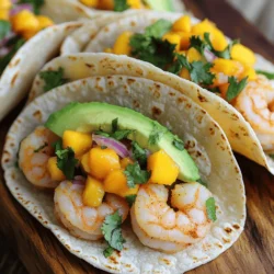 To create these tasty tacos, you need: - 1 lb large shrimp, peeled and deveined - 2 tablespoons extra virgin olive oil - 1 teaspoon smoked paprika - 1 teaspoon cayenne pepper - 1 teaspoon garlic powder - 1 teaspoon chili powder - Salt and black pepper to taste - 8 small corn or flour tortillas These ingredients blend well to make the shrimp flavorful and spicy. The spices give the shrimp a nice kick. The fresh mango salsa adds a sweet and zesty touch. Here’s what you will use: - 1 ripe mango, diced into small cubes - 1/2 medium red onion, finely chopped - 1/4 cup fresh cilantro, chopped - 1 jalapeño, seeded and minced finely - Juice of 1 fresh lime This salsa balances the heat of the shrimp. The mango brings sweetness, while the lime adds brightness. For extra flavor and texture, consider these toppings: - 1 avocado, sliced - Extra lime wedges The avocado adds creaminess, and lime wedges give you a zesty pop. You can mix and match these toppings to fit your taste. For the full recipe, check out the complete instructions above. To start, get a mixing bowl. Add 2 tablespoons of extra virgin olive oil. Now, sprinkle in 1 teaspoon of smoked paprika, cayenne pepper, garlic powder, and chili powder. Add a pinch of salt and black pepper. Mix everything well until it forms a smooth blend. Next, take 1 pound of large shrimp that’s peeled and deveined. Toss the shrimp in the marinade until they are all coated. Let the shrimp sit for about 15 minutes. This short time allows the shrimp to soak up those bold flavors. While the shrimp marinates, it’s time to make the mango salsa. In a separate bowl, combine 1 ripe diced mango, 1/2 medium chopped red onion, and 1 minced jalapeño. Add 1/4 cup of chopped fresh cilantro. Mix these ingredients until they are well combined. Now, heat a non-stick skillet over medium-high heat. Once hot, add the marinated shrimp in a single layer. Cook them for 2-3 minutes on one side. When they turn pink and opaque, flip them. Cook for another 2-3 minutes until fully cooked. Remove the skillet from heat. In the same skillet, warm 8 small corn or flour tortillas. Heat each side for about 30 seconds. This step makes them soft and easy to fold. Now comes the fun part—assembling the tacos! Place a generous amount of cooked shrimp in the center of each tortilla. Top it with a hearty spoonful of mango salsa. For extra creaminess, add a few slices of avocado. Serve the tacos right away, with lime wedges on the side for a zesty kick. For the full recipe, check the [Full Recipe]. To cook shrimp perfectly, start with fresh or thawed shrimp. Rinse them under cold water and pat them dry. This helps the spices stick. Use high heat for a quick cook. Shrimp cooks fast, usually in just 4 to 6 minutes. Watch closely until they turn pink. Overcooked shrimp can be tough, so remove them once opaque. Mango salsa needs balance. Use ripe mango for sweetness and juicy texture. Add lime juice for acidity, which brightens the dish. Finely chop red onion and jalapeño for a good bite. Fresh cilantro adds freshness. Adjust salt to make all the flavors pop. Let the salsa sit for a bit to blend flavors. This makes a big difference! Presentation matters. Use a colorful plate to make your tacos shine. Stack the tacos neatly. Top them with mango salsa and avocado slices. Add lime wedges for a pop of color. A sprinkle of extra cilantro gives a fresh touch. For extra fun, serve a small bowl of salsa on the side. This lets guests add more if they like. {{image_4}} You can swap shrimp for other tasty proteins. Chicken or fish work well. For a plant-based option, try tempeh or tofu. Marinate them just like the shrimp. This keeps the flavors bright and bold. Each protein adds a unique twist to the tacos. Mango salsa is amazing, but you can mix it up. Try pineapple or peach for a fruity twist. If you want heat, add diced tomatoes with jalapeños. You can also use corn and black beans for a hearty mix. Each salsa brings fresh flavors that keep the dish exciting. Corn tortillas are classic, but don’t stop there! Flour tortillas are soft and delicious. For a low-carb option, use lettuce wraps. You can even try rice paper for a fun, different texture. Each tortilla gives a new feel to your tacos, making them even more special. For more details, check out the [Full Recipe]. You can keep leftover shrimp tacos in an airtight container. Place them in the fridge within two hours of cooking. The tacos stay good for about two days. To keep them fresh, store the shrimp, tortillas, and salsa separately. This way, the tortillas won’t get soggy. You can freeze mango salsa if you have extra. Use a freezer-safe container or a resealable bag. Press out as much air as you can before sealing. The salsa can last for about three months in the freezer. When you are ready to use it, thaw it in the fridge overnight. To reheat the shrimp, use a non-stick skillet. Heat it over medium heat and add shrimp. Cook for about 2-3 minutes until heated through. For tortillas, warm them in the skillet for 30 seconds on each side. This helps them stay soft and tasty. Avoid microwaving them, as they can turn tough. If you want to swap shrimp, try diced chicken or firm tofu. Both options absorb flavors well. You can also use fish like tilapia or cod. Just ensure they cook to the right texture. To add heat, use more cayenne pepper in the shrimp mix. You can also choose a spicy salsa or add more jalapeño to the mango salsa. A dash of hot sauce on top can also kick up the spice. Yes, you can make the mango salsa ahead of time. Just keep it in the fridge for up to a day. This allows the flavors to blend. Make sure to add the lime juice just before serving for freshness. Cook shrimp until they turn pink and opaque. This usually takes about 2-3 minutes per side. If they curl into a 'C' shape, they are done. Overcooked shrimp can become tough, so watch closely. This blog post covered how to make spicy shrimp tacos from start to finish. We kicked off with the main ingredients and optional toppings. Then, I shared step-by-step instructions to help you cook perfect shrimp and tasty salsa. We also explored tips and variations for extra flavor and fun twists. In the end, enjoy your tacos fresh. They are great for sharing or saving for later. Simple recipes like this make cooking fun!
