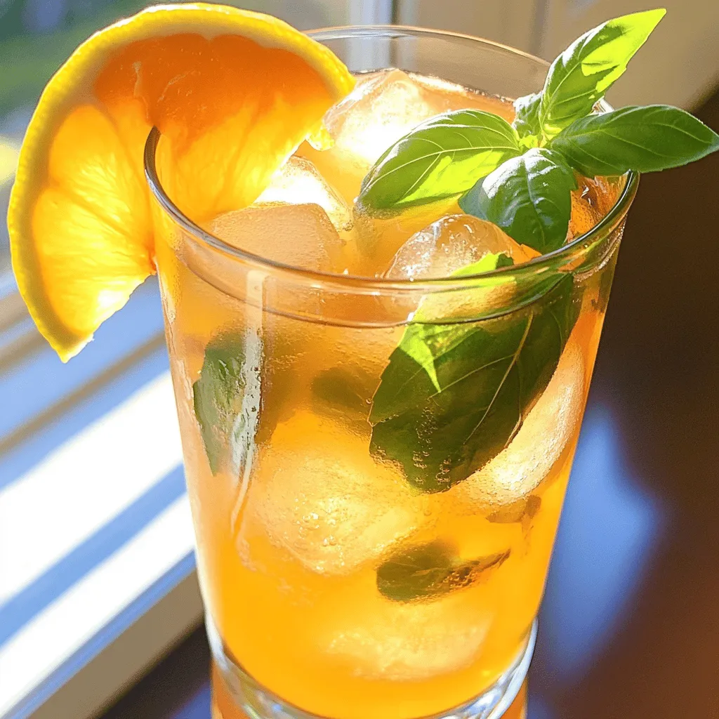 To make a refreshing Peach Basil Iced Tea, you need a few simple ingredients. Here’s what you’ll need: - 4 cups water - 2 tablespoons loose green tea or 4 green tea bags - 2 ripe peaches, pitted and sliced - 1/4 cup fresh basil leaves, plus extra for garnish - 1/4 cup honey or agave syrup (adjust to taste) - Ice cubes - Lemon slices for serving These ingredients come together to create a drink that is both sweet and herbal. The peaches add a juicy flavor, while basil brings a fresh taste. You can adjust the sweetness to your liking by adding more or less honey. This recipe is perfect for a hot day or any time you want to impress your friends. For the full recipe, check out the full recipe section. To make the best peach basil iced tea, start by boiling your water. Use a medium saucepan and pour in 4 cups of water. Heat the water on high until it reaches a rolling boil. This means you should see big bubbles forming on the surface. Timing is key here. Once it boils, take it off the heat right away. Overcooking can ruin the flavor. Next, it’s time to steep the tea. Add 2 tablespoons of loose green tea or 4 green tea bags into the hot water. Let it steep for about 5 minutes. This helps to get the nice, delicate flavors from the tea. If you want a stronger taste, you can steep it a little longer, but don’t go too far. While your tea is steeping, focus on your peaches and basil. Choose ripe peaches for the best flavor. They should feel soft but not mushy. After slicing them, place the peaches and 1/4 cup of fresh basil leaves in a blender. Drizzle in 1/4 cup of honey or agave syrup. Blend until you have a smooth puree. This mix adds a sweet and fragrant kick to your drink. After steeping, it’s time to strain the tea. Use a fine mesh sieve to pour the brewed tea into a large pitcher. This step is essential. Straining removes bits of tea leaves and keeps your drink clear. Discard the used tea leaves or remove the tea bags to ensure a clean beverage. Now, let’s combine everything. Gently stir the peach and basil puree into the brewed tea. Mix until fully integrated. Don’t forget to taste it! If you want it sweeter, add more honey or agave syrup. This is your chance to adjust the flavor to your liking. Finally, chill your tea. Let the combined mixture cool to room temperature first. Then, transfer it to the refrigerator. Chill for about 1 to 2 hours, or until it’s cold. When you’re ready to serve, fill glasses with ice cubes. Pour the chilled peach basil iced tea over the ice. For a nice touch, garnish each glass with fresh basil leaves and a slice of lemon. Enjoy your refreshing drink! To make your Peach Basil Iced Tea even more exciting, try some extra herbs. Mint and thyme add a fresh twist. You can also mix in a bit of lemon balm for a citrusy note. When it comes to sweeteners, don't just stick to honey or agave. Try brown sugar or maple syrup for a richer taste. Each sweetener brings its own unique flavor, so feel free to experiment. Peaches are not just tasty; they pack nutrients too. They are high in vitamins A and C. These vitamins help your skin and boost your immune system. Basil, on the other hand, has anti-inflammatory properties. It can help with digestion and add to your overall health. Green tea also has great benefits. It’s rich in antioxidants, which help to fight harmful free radicals. Drinking green tea can also improve brain function and support heart health. Avoid common mistakes for the best tea. One mistake is steeping tea too long. This can make it bitter. Aim for about five minutes, and keep an eye on the color. You can adjust the flavor to fit your taste. If you like it sweeter, add more honey. For a stronger peach flavor, blend in extra peaches. Don't be afraid to try different amounts until you get it just right. For the full recipe, check out the detailed steps above. Enjoy your refreshing drink! {{image_4}} You can make your peach basil iced tea even more fun by adding other fruits. Seasonal fruits work best. Try using strawberries, blueberries, or citrus fruits like oranges and lemons. They add a fresh taste and a splash of color. To mix them in, just slice or mash the fruit and blend it with the peach and basil. This will create a fruity puree that blends well with the tea. Herbs can change the flavor of your iced tea. You can try adding mint or lavender for a unique twist. For mint, just add fresh leaves to the blender with your peach and basil. For lavender, steep the dried flowers in the hot tea while it brews. Both herbs bring a refreshing layer of flavor. You can also mix this tea with other teas, like hibiscus or chamomile, for more depth. If you love fizz, you can make a sparkling peach basil iced tea. Start by following the full recipe. After chilling the tea, mix in sparkling water right before serving. This adds bubbles and a light texture. I recommend using a mild sparkling water so it won’t overpower the peach and basil flavors. Try to serve it in tall glasses to show off the pretty colors. To keep your peach basil iced tea fresh, store it in an airtight pitcher. This prevents other smells in the fridge from seeping in. If you have leftovers, let the tea cool to room temperature first. Then, cover it tightly and place it in the fridge. The optimal fridge temperature is around 34°F to 40°F. This ensures the tea stays cool but not too cold, which can dull flavors. Your peach basil iced tea lasts about 3 to 5 days in the fridge. After this, the flavors may fade. Watch for signs of spoilage, like an off smell or unusual color. If the tea tastes sour or strange, it’s best to toss it out. Always trust your senses when checking for freshness. Freezing peach basil iced tea is a fun option! Pour the cooled tea into ice cube trays. Once frozen, store the cubes in a zip-top bag. This way, they won't take up much space. When you want to use them, just thaw the cubes in the fridge or use them directly in cocktails. They add a fruity flavor to drinks without diluting them. Plus, they look great in a glass! For more details, check the full recipe. To change the sweetness, start with the honey or agave syrup. Add a bit more syrup for a sweeter drink. If it’s too sweet, add more tea or water to balance it. Taste as you go. This way, you’ll find your perfect level. Yes, you can use dried basil, but the taste will be different. Dried basil is stronger than fresh. Use about one-third of the amount. Add it to the tea while it steeps. This helps release its flavor. For a great iced tea, steep green tea for about 5 minutes. If you like it stronger, steep for up to 7 minutes. Just be careful not to steep too long. Over-steeping can make the tea bitter. Peach Basil Iced Tea is not completely caffeine-free. If you use green tea, it will have some caffeine. If you want a caffeine-free drink, use herbal tea instead. Herbal teas can give tasty flavors without the caffeine. This iced tea pairs well with light snacks. Try it with fruit salads, sandwiches, or shrimp cocktails. It also goes great with light desserts, like sorbet or fruit tarts. These foods highlight the tea's peach and basil flavors. For the full recipe, check out the detailed instructions available in the main article! In this post, we explored how to make a refreshing peach basil iced tea. We covered the ingredients, from ripe peaches to green tea, and detailed each step, from boiling water to serving. We also shared tips to enhance flavor and variations like adding other fruits. Remember to store your iced tea properly for the best taste. Enjoy this tasty drink and let the flavors brighten your day. Happy brewing!