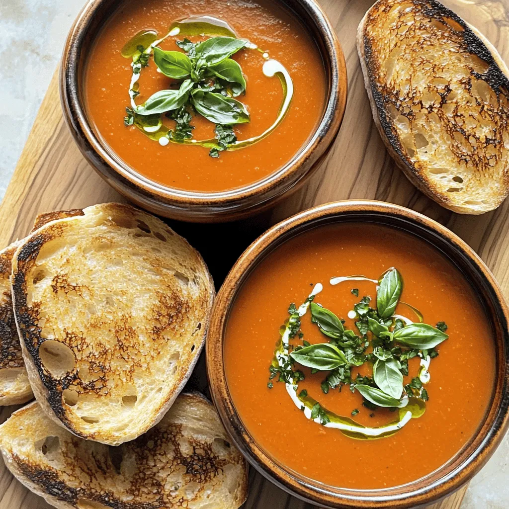 To make creamy tomato basil soup, you need some key ingredients. Here’s what you will need: - 2 tablespoons olive oil - 1 medium onion, finely chopped - 3 cloves garlic, minced - 2 cans (14.5 oz each) crushed tomatoes - 1 cup vegetable broth - 1 teaspoon granulated sugar - 1 teaspoon dried oregano - Salt and black pepper, to taste - 1 cup heavy cream (or coconut cream) - Fresh basil leaves, chopped for garnish - Crusty bread, for serving These ingredients create a rich and flavorful base for your soup. The olive oil adds depth, while the onion and garlic bring a lovely aroma. Crushed tomatoes provide sweetness and tang. Vegetable broth enhances the flavor, and sugar balances the acidity. Oregano gives it a hint of earthiness. Finally, the heavy cream makes it wonderfully smooth. I recommend using fresh basil for garnish. It adds color and a burst of fresh taste. The crusty bread serves as a perfect side for dipping. Check out the full recipe for detailed steps on how to bring these ingredients together for a delightful meal! Start by gathering all your ingredients. You will need olive oil, onion, garlic, crushed tomatoes, vegetable broth, sugar, oregano, salt, black pepper, heavy cream, fresh basil, and crusty bread. Chop the onion finely, and mince the garlic. This prep makes cooking smooth and quick. In a large pot, heat the olive oil over medium heat. Once hot, add the chopped onion. Sauté it for about five minutes until it softens and turns translucent. Next, add the minced garlic and sauté for one to two minutes. You want the garlic fragrant but not browned. Now it’s time to pour in the crushed tomatoes and vegetable broth. Stir well to mix. Add the sugar and oregano, along with salt and black pepper. Bring the soup to a gentle simmer. Let it cook uncovered for 15 to 20 minutes. This helps the flavors blend nicely. After simmering, you will blend the soup. Use an immersion blender for easy mixing. Blend until the soup is smooth and velvety. If you lack an immersion blender, carefully transfer the soup in batches to a regular blender. Always allow steam to escape while blending. Once blended, return the smooth soup to the pot. Keep it over low heat and stir in the heavy cream. Warm it gently for about five minutes. Be careful not to boil it, as this could curdle the cream. Taste the soup and adjust seasoning if needed. You can find the full recipe with all these steps outlined. Enjoy your cooking journey! To make the best creamy tomato basil soup, follow these tips: - Use ripe, quality tomatoes for a rich flavor. - Sauté the onion and garlic until soft. This brings out their sweetness. - Simmer the soup to blend flavors; at least 15 minutes is best. - Blend the soup until smooth for a velvety texture. An immersion blender works great. Serve your soup hot in a bowl. Here are some fun ideas: - Garnish with fresh basil leaves for extra flavor. - Drizzle a swirl of cream on top for a touch of elegance. - Pair it with crusty bread for a perfect dipper. You can also serve a side salad for freshness. You can tweak the recipe to fit your needs: - Swap heavy cream with coconut cream for a dairy-free version. - Use vegetable broth for a vegan option. - Add cooked rice or pasta for a heartier meal. - For a spicy kick, add red pepper flakes while cooking. For a full recipe, check out the Creamy Tomato Basil Bliss section! {{image_4}} To make this soup lighter, swap the heavy cream for half-and-half or milk. You can also use a plant-based cream, like coconut cream. This keeps the soup creamy while cutting fat. Another option is to add more broth and less cream. You will still enjoy great flavor without the extra calories. You can add more flavors by mixing in some roasted red peppers or sun-dried tomatoes. They add a nice depth to the soup. For an herby touch, try adding thyme or rosemary. A splash of balsamic vinegar can also boost the taste. If you want a heartier soup, add cooked lentils or chickpeas. For a spicy kick, add red pepper flakes while cooking the onions. You can also stir in diced jalapeños or a small amount of hot sauce. If you love heat, try adding a bit of smoked paprika. This gives the soup a warm, smoky flavor. You can adjust the spice level to fit your taste. These variations can help you create the perfect soup for any occasion. For the full recipe, check out the detailed instructions above. Once you finish your creamy tomato basil soup, let it cool. Pour the soup into an airtight container. Seal it tightly and store it in the fridge. It will stay fresh for about 3 to 4 days. Label the container with the date for easy tracking. To reheat, pour the soup into a pot over medium heat. Stir it often to prevent sticking. Heat until it is hot, but do not boil. You can also use a microwave. Pour the soup into a microwave-safe bowl. Cover it and heat in short bursts, stirring in between. You can freeze creamy tomato basil soup for later. Use freezer-safe containers or bags. Leave some space at the top, as the soup expands. It can last up to 3 months in the freezer. When you are ready to enjoy it, thaw the soup overnight in the fridge. Reheat your soup on the stove or in the microwave. This makes for a quick and easy meal later! To thicken your soup, use a few methods. You can add more heavy cream or coconut cream. Another great option is to blend in some cooked potatoes. You can also mix in a cornstarch slurry. For this, mix cornstarch with cold water, then stir it into the soup and simmer until it thickens. Absolutely! Fresh tomatoes can work well. Use about 2 pounds of ripe tomatoes. First, blanch them to remove the skins, then chop them. Cook them down to release their juices before adding broth and seasonings. This gives a fresh taste, but canned tomatoes offer great flavor and convenience. To make the soup dairy-free, simply swap heavy cream for coconut cream. This keeps the soup rich and creamy without dairy. You can also use cashew cream made from soaked cashews blended with water. This gives a creamy texture and adds a nice nutty flavor. - Can I add vegetables to the soup? Yes! Feel free to add carrots, celery, or bell peppers for extra nutrients. - How long can I store leftover soup? Leftover soup can last up to 5 days in the fridge. Just store it in an airtight container. - Can I use a different type of broth? Yes, you can use chicken broth or even make your own vegetable broth for added flavor. - What spices can I add? You can add spices like red pepper flakes for heat or thyme for depth. Adjust to your taste! For the full recipe, check out the Creamy Tomato Basil Bliss section. Enjoy making your soup! In this blog post, we explored a tasty creamy tomato basil soup. I listed the key ingredients and provided clear steps for making it. You learned cooking tips and variations to enhance flavors and meet dietary needs. Proper storage options help you save your leftovers. This flavorful soup is easy to make and enjoy. I hope you try it soon! It will warm your heart and home.