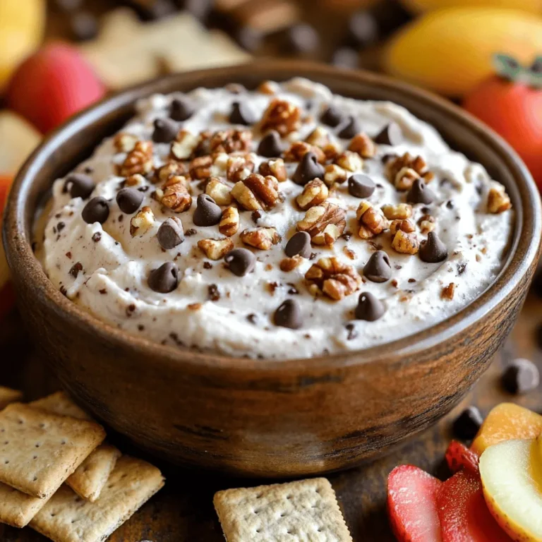 To make a tasty chocolate chip cookie dough dip, you need these simple ingredients: - 1 cup all-purpose flour (heat-treated for safety) - 1/2 cup packed brown sugar - 1/4 cup granulated sugar - 1/2 cup unsalted butter, softened to room temperature - 1 teaspoon pure vanilla extract - 2 tablespoons milk (or a dairy-free alternative) - 1/2 cup mini chocolate chips - 1/2 cup chopped nuts (walnuts or pecans work well) - A pinch of salt These ingredients come together to create a creamy and sweet dip that tastes just like cookie dough! Using heat-treated flour is key for safety. Raw flour may have germs that can make you sick. Heating the flour kills these germs. To heat-treat flour, spread it on a baking sheet. Bake it at 350°F for about 5 minutes. Let it cool before using it in your dip. This small step ensures your dip is safe and delicious. This dip is fun to eat with many things. Here are some great choices: - Graham crackers - Fresh sliced fruits (like apples or strawberries) - Crunchy pretzel sticks These options give a nice mix of sweet and salty. You can even get creative and try different snacks to find your favorite pair! First, gather your ingredients. In a medium bowl, add the softened butter, brown sugar, and granulated sugar. Use an electric mixer to blend them on medium speed. Beat until the mixture looks light and fluffy. This should take about 2-3 minutes. Next, pour in the vanilla extract and milk. Mix on low speed until everything is well combined. This step ensures a smooth texture for your dip. Now, it's time to add the dry ingredients. Gradually sift in the heat-treated flour and a pinch of salt. Use low speed to mix just until the flour blends in. Be careful not to over-mix; you want a tender dip. Once the flour is incorporated, it’s time for the fun part. Gently fold in the mini chocolate chips and chopped nuts. Use a spatula for this step to ensure even distribution. Taste your dip and see if it needs more sweetness. If so, add an extra teaspoon of sugar and mix again. After mixing, transfer the dip to a decorative bowl. Cover it tightly with plastic wrap. Place it in the fridge for at least 30 minutes. Chilling allows the flavors to blend beautifully. When you're ready to serve, pair the dip with graham crackers or fresh fruits for a tasty treat. You can find the Full Recipe for more details and tips. To get the best texture, cream the butter and sugars well. Mix them for about 2-3 minutes until they are light and fluffy. When adding flour, mix it just until combined. Over-mixing can make the dip tough. You want it soft and creamy. If it feels too thick, add a little more milk to make it smooth. Taste the dip before serving. If you want it sweeter, add sugar bit by bit. Start with one teaspoon at a time. This way, you control the sweetness. Everyone has different tastes, so adjust it until it makes your taste buds happy. For a fun look, serve the dip in a colorful bowl. Add some mini chocolate chips on top for flair. Surround the bowl with a variety of dippers. Think graham crackers, fruit slices, or pretzel sticks. This mix makes the dip even more inviting. You can even add a sprig of mint for a fresh touch. For the full recipe, check out the details above! {{image_4}} To make a vegan version of this dip, swap the butter for coconut oil. Use a dairy-free milk like almond or soy. Replace the mini chocolate chips with a vegan option. This way, everyone can enjoy the rich flavor without dairy. If you need a gluten-free dip, choose a gluten-free flour blend. Check that the chocolate chips are also gluten-free. This keeps the dip safe for those with gluten allergies while keeping it tasty. You can add different flavors to make this dip your own. Try mixing in a tablespoon of cocoa powder for chocolate lovers. A dash of cinnamon adds warmth and spice. You can also switch up the nuts. Use almonds or cashews for a different crunch. For a special touch, add a splash of almond extract or a swirl of peanut butter. Have fun with it! The variations are endless, and you can always check the Full Recipe for more ideas. Store any leftover dip in an airtight container. This helps keep it fresh and tasty. Make sure to press plastic wrap against the dip to avoid air pockets. If you want, you can also cover the container with a lid. Keep it in the fridge, and it will stay safe and delicious. You can keep the dip for about 3 to 5 days in the fridge. After that, it may lose its flavor and texture. If you notice any changes in smell or color, it's best to throw it away. Always trust your senses when it comes to food safety. If you have leftover ingredients, use them in other recipes. The chocolate chips can go into pancakes or muffins. The nuts work great in oatmeal or salads. You can even mix some of the dip into a smoothie for a sweet treat. This way, nothing goes to waste, and you enjoy new flavors! Yes, this cookie dough dip is safe to eat. I use heat-treated flour to kill any harmful bacteria. Heating flour in the oven for five minutes at 350°F makes it safe. This way, you can enjoy the dip without worry. Absolutely! You can use dark, milk, or white chocolate chips. You can even mix different types for fun. Each choice gives a unique taste to your dip. Experiment to find your favorite blend. This dip is great for many events. Serve it at birthday parties, movie nights, or family gatherings. It also fits well at potlucks or as a sweet treat after dinner. With its fun and tasty nature, it pleases all ages. In this post, we covered how to make a tasty Chocolate Chip Cookie Dough Dip. We looked at essential ingredients, from heat-treated flour to fun dippers. I shared step-by-step instructions to make it easy. You got tips for the perfect texture and how to adjust sweetness. We also explored variations like vegan and gluten-free options. Enjoy this delicious dip at your next gathering. It's a crowd-pleaser that's easy, fun, and tasty!