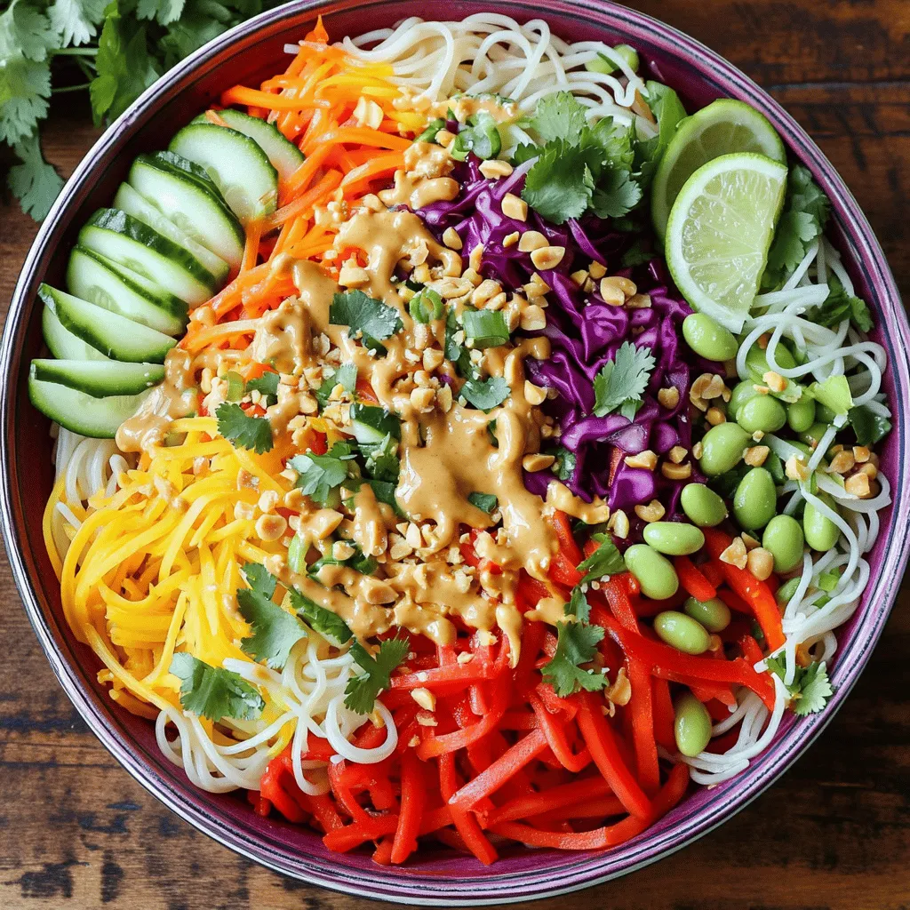 To make a great Thai peanut noodle salad, you need some key items. Here is your essential list: - 8 oz rice noodles - 1 cup shredded carrots - 1 cup bell peppers, thinly sliced (preferably a mix of red and yellow) - ½ cup red cabbage, finely shredded - ½ cup cucumber, julienned - 1 cup shelled edamame (fresh or frozen) - ¼ cup green onions, thinly sliced - ¼ cup fresh cilantro, roughly chopped - ¼ cup creamy peanut butter - 3 tablespoons soy sauce - 2 tablespoons fresh lime juice - 1 tablespoon maple syrup - 1 tablespoon toasted sesame oil - 1 teaspoon sriracha (add more or less depending on personal spice preference) - Crushed peanuts, for garnish These ingredients create a colorful and tasty salad. Each one brings a special flavor and texture. You can also add a few optional items to make your salad even better. Here are some ideas: - Fresh mint for a burst of freshness - Chopped peanuts for extra crunch - Cooked shrimp or chicken for added protein - Avocado slices for creaminess - Sesame seeds as a garnish These options can help you customize your salad. Feel free to mix and match based on what you like. This salad is not just tasty; it is also good for you. Here are some health benefits of the key ingredients: - Rice noodles are gluten-free and easy to digest. - Carrots are full of vitamins and good for your eyes. - Bell peppers have lots of vitamin C, which boosts your immune system. - Red cabbage is low in calories and high in fiber. - Cucumbers help keep you hydrated. - Edamame is a great source of protein and fiber. - Cilantro adds flavor and may help with digestion. - Peanut butter gives healthy fats and protein. With these ingredients, your salad is not just a meal; it is a healthy choice. Enjoy the flavors and all the benefits that come with them. Start by boiling a large pot of water. Make sure it’s bubbling before you add the rice noodles. Cook them according to the package instructions, usually for about 4-6 minutes. When they finish cooking, drain the noodles in a colander. Rinse them under cold water to stop the cooking. This step keeps the noodles firm and fresh. Grab a big mixing bowl. Toss in the shredded carrots, thinly sliced bell peppers, red cabbage, cucumber, edamame, green onions, and cilantro. Use your hands or tongs to mix them well. This blend gives your salad a colorful and crunchy texture. In a medium bowl, combine creamy peanut butter, soy sauce, fresh lime juice, maple syrup, toasted sesame oil, and sriracha. Whisk these together until the mixture is smooth and creamy. If it feels too thick, add a bit of warm water. Keep whisking until you like the texture. Now, add the cooled rice noodles to the vegetable mix. Pour the peanut dressing over everything. Gently toss to coat all the noodles and veggies evenly. This step ensures that every bite is full of flavor. Scoop the salad into bowls. Top it with crushed peanuts for a nice crunch. For a bright touch, add extra cilantro and a lime wedge on the side. This makes your dish not only tasty but also beautiful. For the complete guide, check the Full Recipe. Enjoy the vibrant flavors! To cook rice noodles just right, start by boiling water in a large pot. Once the water boils, add the noodles. Follow the time on the package, usually about 4-6 minutes. Stir the noodles gently to prevent sticking. After cooking, drain the noodles in a colander. Rinse them under cold water. This stops the cooking and keeps them from getting mushy. Let them cool before adding to your salad. If you have extra peanut dressing, store it in an airtight container. Make sure it cools first before sealing. It keeps well in the fridge for about five days. When you’re ready to use it again, stir well. If it thickens, add a bit of warm water. This helps restore its creamy texture. Avoid overcooking the rice noodles. They should be soft but still a bit firm. If you cook them too long, they become mushy. Also, do not skip rinsing the noodles. This step is key to keeping them from clumping together. Lastly, taste your peanut dressing before adding it to the salad. Adjust flavors, like spice or sweetness, to suit your taste. Follow these tips to make your Thai Peanut Noodle Salad the best it can be! {{image_4}} You can easily change the flavor of your Thai peanut noodle salad by swapping in different ingredients. Think about adding fresh herbs like mint or basil. These herbs add a bright taste. You could also try adding a splash of coconut milk for creaminess. If you want more heat, consider using chili flakes or a dash of hot sauce. Each change can give your dish a new twist! Adding protein makes this salad more filling. You can use cooked chicken, shrimp, or tofu. If you choose chicken, grill or roast it first. For shrimp, sauté them until they turn pink. If you prefer tofu, use firm tofu. Press the tofu to remove water, then cube and pan-fry it. Toss your protein into the salad for extra taste and energy. Mixing in seasonal vegetables keeps your salad fresh and exciting. In the spring, add snap peas or radishes for a nice crunch. In summer, use cherry tomatoes or zucchini for a light touch. In fall, consider roasted butternut squash or sweet potatoes. Winter vegetables like kale or Brussels sprouts can also work well. These swaps bring new flavors and textures to your dish. For the full recipe, check out the detailed instructions above. To keep your Thai Peanut Noodle Salad fresh, store it in an airtight container. Make sure to separate the salad from the dressing if you plan on eating it later. This keeps the noodles from getting soggy. Place the noodles and veggies in one container and the dressing in another. When you are ready to eat, mix them together for the best taste. You can freeze the peanut dressing for later use. Pour the dressing into an ice cube tray or a small, airtight container. Freeze it until solid, then transfer the cubes to a freezer bag. This way, you have single servings ready for your next meal. When you’re ready to use it, just thaw the dressing in the fridge overnight or at room temperature for a few hours. When stored properly, the salad lasts about 3 days in the fridge. If you keep the dressing separate, it can last up to a week. Always check for freshness before eating. If it smells off or looks strange, it’s best to toss it. Enjoy your delicious meal while it's still fresh! Yes, you can make Thai Peanut Noodle Salad ahead of time. This salad tastes great when chilled. It also allows flavors to blend well. Prepare the salad and dressing separately. Combine them just before serving. This keeps the noodles from getting soggy. Store the salad in an airtight container in the fridge. It can last up to three days. If you need a substitute for peanut butter, try almond butter. Sunflower seed butter works well too. Both options provide a similar creamy texture. They also add great flavor. You can also use tahini for a nut-free option. Just remember, these substitutes will change the taste a bit. Yes, Thai Peanut Noodle Salad can be gluten-free. Use gluten-free soy sauce, known as tamari. The rest of the ingredients are naturally gluten-free. This salad is also vegan. All the ingredients are plant-based. You can enjoy this meal without any animal products. For the full recipe, check out the details above! Thai Peanut Noodle Salad is easy to make and full of flavor. We covered key ingredients to enhance taste and boost health. I shared step-by-step instructions, tips for perfect noodles, and tasty variations. Storing your salad and dressing correctly keeps them fresh. Remember, you can adjust flavors and protein options to fit your tastes. This dish is versatile and satisfying, making it a great meal. Enjoy your cooking and impress your taste buds!