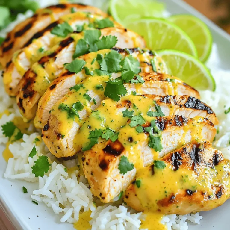 - Chicken: For this dish, I suggest using boneless, skinless chicken breasts. They cook evenly and absorb flavors well. Look for fresh, high-quality chicken to ensure the best taste. - Coconut Milk: Choose a can of full-fat coconut milk for richness. It adds a creamy texture and enhances the dish's tropical vibe. Make sure it’s not sweetened to keep the flavors balanced. - Lime: Fresh lime is key. I recommend using the zest and juice from real limes. The zest adds a bright, citrusy note, while the juice gives a tangy punch. This combo makes the chicken vibrant and full of flavor. - Sweeteners: If you want to swap honey, consider using maple syrup or agave nectar. Both work well and add a different sweetness to the dish. Adjust the amount based on your taste preference. - Additional Spices: To boost the flavor, think about adding chili powder or fresh herbs like basil. These can create a unique twist. Experiment with different spices to find your perfect blend. For the complete recipe, check out the [Full Recipe]. To start, we need to create a tasty marinade. In a large bowl, combine the coconut milk, lime juice, and zest. Add honey, minced garlic, grated ginger, cumin, paprika, salt, and pepper. Use a whisk to blend everything until smooth. This step is key to ensuring every bite bursts with flavor. For marinating, place the chicken breasts in the marinade. Make sure each piece is well-coated. Cover the bowl with plastic wrap and refrigerate. Let it marinate for at least one hour. For even richer taste, let it sit for up to four hours. The longer it marinates, the better it gets! Now, let's talk about cooking methods. You can grill the chicken or use a skillet. Grilling gives a nice smoky flavor. A skillet is great for easy indoor cooking. Both methods work well, so choose what you prefer! Next, we must ensure food safety. Chicken needs to reach an internal temperature of 165°F (75°C). Use a meat thermometer to check. This step keeps your meal safe and delicious. After cooking, we need to thicken the marinade. Pour the reserved marinade into a small saucepan. Bring it to a boil, then lower the heat and let it simmer for about five minutes. This step makes the sauce rich and tasty. For serving, arrange the sliced chicken on a platter. Drizzle the thickened marinade over the top. To make it look beautiful, add fresh cilantro as a garnish. You can also serve it over rice or quinoa. Lime wedges add a nice touch, too! For the full recipe, check the [Full Recipe]. Enjoy your delicious Coconut Lime Chicken! For the best flavor, marinate the chicken for at least one hour. If you have time, go for four hours. Longer marination helps the chicken soak up all those tasty coconut and lime flavors. To ensure even marination, use a large bowl. Make sure all the chicken pieces are fully submerged in the marinade. You can also use a zip-top bag. This method allows the marinade to coat every inch of the chicken. While grilling chicken, avoid pressing down on it with a spatula. This squeezes out juices, making the chicken dry. Instead, let it cook without fussing too much. To keep the chicken juicy, don’t skip the resting time after grilling. Let the chicken rest for 3-5 minutes before slicing. This step keeps all those delicious juices inside. For more details, check the Full Recipe. {{image_4}} You can easily swap chicken for other proteins. Shrimp offers a quick option. The marinade will infuse the shrimp with flavor. Simply reduce cooking time to about 3-4 minutes per side. Tofu is another great choice. Use firm tofu for the best results. Marinate it just like the chicken, and grill or sauté it until golden. You can also adapt this recipe for different meats. Pork tenderloin or beef strips can work well. Just adjust the marinating time to fit the meat type. For pork, aim for about 2 hours. For beef, marinate for at least 30 minutes. To change up the flavor, consider adding spices or herbs. Fresh basil or cilantro can brighten up the dish. Add a pinch of red pepper flakes for heat. You can also try a dash of curry powder for an exotic twist. For a sweet and savory mix, add pineapple chunks to the marinade. The fruit will caramelize on the grill, adding depth to the meal. Another option is to include a splash of soy sauce for umami. This can make the chicken even more delicious. This recipe can easily fit different diets. For a gluten-free option, ensure all ingredients are gluten-free. Most coconut milks and spices are, but check labels. To adapt for a vegan diet, replace chicken with tofu or tempeh. Use maple syrup instead of honey for sweetness. The marinade will still taste amazing and keep the dish vibrant. To keep your Coconut Lime Chicken fresh, store it in an airtight container. This method helps prevent moisture loss and keeps flavors intact. Place the chicken in the fridge within two hours of cooking. Properly stored, it lasts for about three to four days. Before serving leftovers, check for any signs of spoilage. If it looks or smells off, it’s best to toss it. If you want to enjoy this dish later, freezing is a great option. For uncooked chicken, marinate it first, then freeze it in a freezer-safe bag. This keeps it flavorful. When you’re ready to cook, thaw it in the fridge overnight. For cooked chicken, let it cool to room temperature before freezing. It can last up to three months in the freezer. When reheating, do it slowly to keep the chicken juicy. You can use an oven or stovetop for this. Heat it to 165°F (75°C) to ensure it is safe to eat. Enjoy your meal just as you made it! For more guidance, follow the Full Recipe for detailed instructions. Yes, you can make Coconut Lime Chicken ahead. To prepare in advance, follow the marinating steps. After marinating, cook the chicken and let it cool. Store it in an airtight container in the fridge. To reheat, place the chicken in a microwave or oven until it reaches 165°F (75°C) again. This keeps the chicken juicy and full of flavor. Pairing Coconut Lime Chicken with tasty sides makes your meal more balanced. Here are some great options: - Fluffy rice or quinoa: These absorb the sauce well. - Steamed vegetables: Broccoli or green beans add color and crunch. - A fresh salad: A lime vinaigrette enhances the tropical flavor. - Grilled corn: Adds a sweet touch that goes well with the chicken. To check if the chicken is done, use a meat thermometer. The internal temperature should reach at least 165°F (75°C). Look for clear juices when you cut into the chicken. The meat should not be pink. If you follow these steps, you can enjoy safe and tasty Coconut Lime Chicken. Coconut Lime Chicken is a vibrant dish full of flavor. We explored key ingredients, like the right chicken, coconut milk, and fresh lime. I shared steps for marinating and cooking the chicken, along with tips to avoid common mistakes. You can also try variations with different proteins and flavors. Remember to store leftovers properly to keep them fresh. Enjoy this dish with the right sides for a balanced meal. You now have everything you need to create a delicious Coconut Lime Chicken at home. Happy cooking!