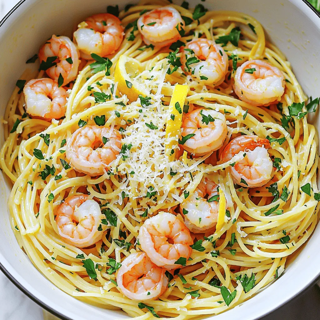 To make this dish, you need a few key ingredients. They work together to create a fresh and zesty flavor. Here’s what you need: - 8 oz spaghetti or linguine - 1 lb large shrimp, peeled and deveined - 4 tablespoons olive oil, divided - 4 cloves garlic, finely minced - Zest of 1 lemon - 1/4 cup fresh lemon juice - 1/2 teaspoon red pepper flakes (optional) - Salt and freshly cracked black pepper, to taste - 1/4 cup fresh parsley, chopped - Grated Parmesan cheese, for serving (optional) These ingredients blend perfectly for a bright and tasty meal that you'll want to enjoy often. You can customize this dish to suit your taste. If you want a creamier sauce, add a splash of heavy cream. For a veggie boost, toss in some spinach or cherry tomatoes. If you can't find large shrimp, medium shrimp will work too. You can also use whole wheat pasta for a healthier option. Feel free to adjust the red pepper flakes based on your heat preference. When you shop for shrimp, freshness is key. Look for shrimp that smell like the ocean, not fishy. The shells should be shiny and firm. If you buy frozen shrimp, check that they are not freezer burned. Always choose shrimp that are peeled and deveined for easy cooking. This way, you can focus on making your meal delicious without any fuss. To cook the pasta, start with a large pot. Fill it with water and add salt. Bring the water to a strong boil. Once boiling, add 8 oz of spaghetti or linguine. Cook the pasta according to the package instructions. I like to cook it until it is al dente. This gives the pasta a nice bite. Before draining, save 1 cup of the starchy water. This water is great for the sauce. Drain the pasta in a colander and set it aside. For the shrimp, get a large, deep skillet. Heat 2 tablespoons of olive oil over medium heat. When the oil is warm, add 4 cloves of finely minced garlic. If you want some heat, add red pepper flakes. Sauté the garlic for about 1 minute. You want it fragrant, but not browned. Next, raise the heat to medium-high. Add 1 lb of large peeled and deveined shrimp to the skillet. Season with salt and black pepper. Cook the shrimp for 2-3 minutes. Turn them occasionally. The shrimp should turn pink, opaque, and curl up. This shows they are cooked. Now it’s time to mix everything. Lower the heat back to medium. Toss the cooked pasta into the skillet with the shrimp. Add lemon zest and lemon juice from one lemon. Pour in the remaining 2 tablespoons of olive oil. Stir everything together gently. Then, add the reserved pasta water a little at a time. This helps the sauce come together. Mix until you reach your desired sauce thickness. This usually takes between 1/4 to 1/2 cup of the pasta water. Finally, stir in chopped parsley, tasting as you go. Adjust seasoning if needed. Serve hot, topped with grated Parmesan cheese if you like. Enjoy this flavorful dish, inspired by the full recipe! To make the garlic shine in your dish, start with fresh cloves. I prefer using four cloves for a bold taste. Mince them finely to release their oils. This step is key! Sauté the garlic in olive oil over medium heat. Watch it closely so it doesn’t burn. A light golden hue is perfect. Adding red pepper flakes gives a nice kick. You can adjust the amount based on your taste. Cooking shrimp is quick and easy. I recommend using large, peeled, and deveined shrimp. Heat oil in a skillet, then add the shrimp. Season with salt and pepper. Cook for two to three minutes, turning them occasionally. Watch for that beautiful pink color! When they curl and turn opaque, they are done. This means they are tender and juicy. Sometimes, you might face issues while cooking. If your shrimp is rubbery, it means you overcooked them. Cook them just until they are pink and curled. If your sauce is too thin, add a bit more pasta water. This helps thicken it up nicely. Don’t forget to taste and adjust seasoning. Adding salt and pepper can make a big difference. For more detailed guidance, check the Full Recipe. {{image_4}} You can make this dish creamy for a richer taste. To do this, add about 1 cup of heavy cream to the skillet after you sauté the shrimp. Stir it in with the lemon juice and pasta. This will create a silky sauce that clings to the noodles. You can also use half-and-half if you want a lighter option. This creamy version pairs well with a sprinkle of fresh herbs on top. Adding veggies boosts the flavor and nutrition of your meal. You can toss in fresh spinach, cherry tomatoes, or zucchini. Add them to the skillet right after the shrimp. Sauté them for a few minutes until they soften. This not only adds color but also makes your dish more filling. You can also use broccoli or bell peppers for extra crunch and taste. If shrimp is not your favorite, you can swap it out for other seafood. Scallops are a great choice and add a sweet flavor. You can also use firm white fish, like cod or tilapia. Just cut the fish into bite-sized pieces and cook it the same way as shrimp. You can also try adding mussels or clams for a seafood medley. Each option gives a new twist to the classic lemon garlic flavor. For the full recipe, check out the detailed instructions above! After enjoying your Lemon Garlic Shrimp Pasta, you may have some leftovers. Store them in an airtight container. Make sure to cool the pasta to room temperature before sealing it. This keeps the flavor fresh and helps prevent sogginess. Store it in the fridge for up to three days. If you want to keep it longer, freezing is a good option. When you're ready to enjoy the leftovers, reheating is key. Use a skillet over medium heat. Add a splash of olive oil or a bit of water. This helps to keep the pasta moist. Stir gently and heat until warm. You can also use a microwave if you're short on time. Just cover it with a damp paper towel to trap steam and keep it from drying out. If you want to freeze your dish, do it as soon as it cools. In an airtight container, place the pasta and shrimp. Make sure to leave some space for expansion. You can freeze it for up to two months. When ready to eat, thaw it in the fridge overnight. Then, reheat it in a skillet as mentioned before. Enjoy that tasty flavor again! For the complete cooking process, check out the Full Recipe. You can pair this dish with many sides. Here are some great options: - Garlic bread: It adds a nice crunch and flavor. - A fresh salad: A mix of greens with lemon vinaigrette works well. - Roasted vegetables: Try asparagus or zucchini for a healthy touch. - Steamed broccoli: This adds color and nutrition to your meal. Each of these sides complements the bright flavors of the pasta. Shrimp cook quickly. Look for these signs: - Color change: Raw shrimp are gray. Cooked shrimp turn pink. - Shape: They curl into a tight "C" shape when done. - Texture: Cooked shrimp feel firm, not mushy. Once you see these changes, your shrimp are ready to enjoy! Yes, you can prepare parts of this dish in advance. Here’s how: - Cook the pasta and shrimp separately, then cool them. - Store them in airtight containers in the fridge. - When ready to eat, just reheat and combine. However, fresh flavors taste best when served right away. You can find the full recipe for details on cooking. Lemon garlic shrimp pasta is a simple dish that brings great flavor to your table. We explored the key ingredients, cooking steps, and helpful tips to enhance your dish. Try variations like creamy versions or add nutritious veggies. Storing and reheating the leftovers can keep the taste fresh. With these insights, you can create a dish that impresses not just yourself but others too. Enjoy the fun of cooking and experimenting with flavors!