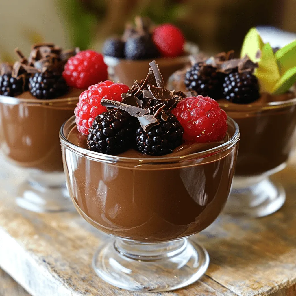 To make this delicious chocolate avocado mousse, you'll need the following ingredients: - Ripe avocados - Unsweetened cocoa powder - Maple syrup - Almond milk - Pure vanilla extract - Sea salt - Additional garnishes: dark chocolate shavings and fresh berries Each ingredient plays a key role. The ripe avocados provide a creamy base. Unsweetened cocoa powder gives that rich chocolate flavor without added sugar. Maple syrup adds sweetness, while almond milk keeps the mousse smooth and light. A dash of pure vanilla extract enhances the overall taste. The sea salt balances the flavors perfectly. Make sure your avocados are ripe for the best texture. If they are too firm, the mousse won't be as creamy. You can adjust the sweetness by adding more maple syrup if you like it sweeter. Don't forget the garnishes! Dark chocolate shavings and fresh berries not only look great but also add extra flavor. For the full recipe, check out the Chocolate Avocado Mousse 🥑. Trust me, you’ll love making this dessert! First, grab two ripe avocados. Cut them in half and remove the pits. Use a spoon to scoop the green flesh into a food processor. This creamy fruit is the key to our mousse. Next, add the unsweetened cocoa powder, maple syrup, almond milk, pure vanilla extract, and a pinch of sea salt. Secure the lid tightly on the food processor. Blend the mixture on high until it is smooth and creamy. Pause if needed to scrape down the sides with a spatula. This step ensures everything mixes well. Taste the mousse and adjust the sweetness by adding more maple syrup if you like. Blend again to mix the new sweetness. To get the best texture, blend until no lumps remain. The mousse should be silky and glossy. Cooling the mousse is crucial. After blending, transfer it to individual serving dishes or a large bowl. Cover it with plastic wrap or a lid. Place it in the fridge for at least 30 minutes. This helps the flavors meld and gives the mousse a firmer feel. When ready to serve, take the mousse out of the fridge. Garnish each serving with dark chocolate shavings and fresh berries. This adds a pop of color and extra flavor. For a stunning look, use clear glass cups. You can see the rich, dark hue of the mousse, making it even more tempting. This Chocolate Avocado Mousse is a delightfully creamy dessert that you will love. For the complete recipe, check the [Full Recipe]. To enhance sweetness, try adding more maple syrup. Start with a little and taste. You can also mix in spices like cinnamon or a dash of espresso powder. Both add warmth and depth to the mousse. To test the mousse's consistency, scoop it with a spoon. If it flows too easily, blend in more avocado. For a creamier texture, add more almond milk. Blend again until you reach your desired smoothness. For a fun serving idea, place the mousse in clear cups. This way, guests can see its rich color. Garnish each cup with dark chocolate shavings and fresh berries. These touches make the dessert look inviting and delicious. {{image_4}} You can make this mousse vegan by swapping out a few ingredients. Instead of regular milk, use almond milk or coconut milk. For sweetening, maple syrup works great. If you want a creamier texture, try adding some plant-based yogurt. These simple swaps keep the mousse rich and tasty. For a sugar-free mousse, you can use alternative sweeteners. Stevia or erythritol is perfect choices. They add sweetness without the sugar. Adjust the amount based on your taste. Remember, start with less, then add more if needed. This way, you control the sweetness without extra calories. Mix in different flavors for a fun twist! You can add a dash of almond extract for a nutty taste. Or, try a spoonful of espresso powder for a coffee kick. For a fruity touch, blend in some pureed berries. Each variation adds a new layer of delight to your mousse. For the Full Recipe, check out the complete ingredient list and instructions. To keep your chocolate avocado mousse fresh, store it in airtight containers. Plastic wrap works well, too. Make sure the mousse is covered tightly to prevent air from getting in. This helps keep it creamy and prevents it from browning. In the fridge, your mousse can last up to three days. After that, it may lose its smooth texture and flavor. If you see any browning on top, simply scrape it off before serving. It’s best to enjoy it fresh for the best taste. If you want to freeze the mousse, place it in a freezer-safe container. Leave some space at the top since it can expand. To thaw, move it to the fridge overnight. Avoid thawing at room temperature to keep its texture nice and creamy. Enjoy your mousse chilled! You can find the full recipe to make it again later. Avocados are a great choice for desserts. They are full of good fats and nutrients. These healthy fats can help with heart health. They also provide fiber, which aids digestion. Avocados contain vitamins like K, E, and C. These vitamins are important for skin health and immunity. Plus, using avocados lowers the need for heavy creams and butter in recipes. This makes your dessert lighter and more nutritious! Yes, you can use other types of milk in this recipe. If you don’t have almond milk, try coconut milk for a tropical twist. Soy milk is another good option that is creamy and rich. Oat milk works well too, giving the mousse a sweet touch. Just choose a milk that fits your taste and needs. This way, you can make it perfect for you! Making this mousse nut-free is easy. Instead of almond milk, use oat milk or coconut milk. Both give a smooth texture without nuts. You can also skip any nut toppings. Use seeds like pumpkin or sunflower seeds instead. They add crunch and are safe for nut-free diets. Enjoy your creamy dessert without worry! You now have a simple guide to make a delicious chocolate avocado mousse. We explored the key ingredients, blending techniques, and tips for perfecting texture. Variations like vegan options and storage advice give you full control over this treat. With this fun recipe, you can impress friends and family while enjoying a healthy dessert. Don’t forget to experiment with flavors and toppings. Your creativity is the only limit! Enjoy your mousse-making adventure!