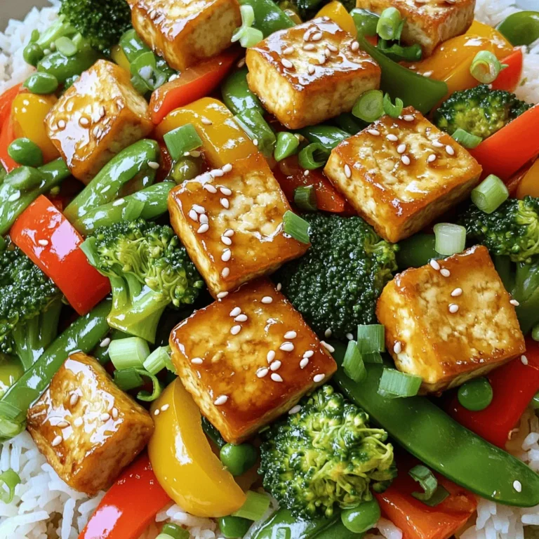 - Firm tofu: 1 block (14 oz) - Vegetable oil: 3 tablespoons, divided - Fresh vegetables: bell pepper, broccoli, snap peas - Aromatics: garlic and ginger - Sauces: soy sauce, sesame oil, rice vinegar, honey or maple syrup - Seasoning: salt and black pepper - Garnishes: sesame seeds and green onions When making crispy tofu stir-fry, selecting the right ingredients is key. Firm tofu holds its shape and crisps well, making it the best choice. I use vegetable oil to fry the tofu and sauté the veggies. It has a neutral flavor and heats well. Fresh vegetables add color and crunch. I love using bell peppers, broccoli, and snap peas for their texture and taste. Garlic and ginger bring warmth and depth, making the dish exciting. For sauces, I use soy sauce for savory notes and sesame oil for richness. Rice vinegar adds a tangy kick. Honey or maple syrup balances the flavors nicely. Don’t forget salt and black pepper to season your dish. Finally, for garnishing, sprinkle sesame seeds and green onions. They add a lovely finish and a fresh taste. You can find the Full Recipe for step-by-step guidance. To get that crispy texture, start by pressing the tofu. Wrap it in a clean kitchen towel or paper towels. Place it on a plate and set a heavy object on top. Let it sit for about 30 minutes. This helps to remove excess moisture. Next, you need to coat the tofu. In a bowl, add the cubed tofu. Sprinkle 3 tablespoons of cornstarch over the tofu. Gently toss it until all the pieces are well coated. The cornstarch will help create a crispy outer layer when you cook the tofu. For proper frying, heat 2 tablespoons of vegetable oil in a large non-stick skillet or wok. Use medium-high heat. Once the oil shimmers, add the cornstarch-coated tofu cubes in a single layer. Fry for about 8-10 minutes. Turn the tofu occasionally. You want all sides to be golden brown and crispy. Once done, remove the tofu from the skillet and place it on a plate lined with paper towels. This helps absorb any extra oil. Now, it's time to sauté the vegetables. In the same skillet, add the last tablespoon of vegetable oil. Toss in sliced bell pepper, broccoli florets, and snap peas. Cook for 4-5 minutes. Stir frequently. You want the veggies to stay vibrant and crisp. Next, add the aromatics. Stir in minced garlic and grated ginger. Cook for another minute. This will give the dish a lovely aroma. Now, combine the tofu with the veggies. Return the crispy tofu to the skillet. Pour in the soy sauce, sesame oil, rice vinegar, and honey or maple syrup. Gently toss everything together. This ensures the sauce coats all the ingredients evenly. Cook for another 2-3 minutes to heat through. Adjust seasoning with salt and pepper to taste. For full details on making this dish, check the Full Recipe. - Best cooking oils for frying: Use vegetable oil or canola oil. They have high smoke points. This means they fry the tofu well without burning. You can also try peanut oil for a nutty flavor. - How to avoid soggy tofu: Always press the tofu before cooking. Wrap it in towels and place a weight on top. This removes excess moisture. Less moisture means crispier tofu. - Timing for adding ingredients: Add the tofu first. Let it fry until golden. Then, add vegetables. This keeps the veggies crisp and colorful. Finally, stir in garlic and ginger for flavor. - Suggested equipment for better results: Use a non-stick skillet or a wok. These surfaces help prevent sticking. A sturdy spatula will help you stir without breaking the tofu. - Substitutions for lower calories or vegan options: Swap honey for maple syrup if you want it vegan. You can also use less oil. Instead of frying, try baking the tofu for fewer calories. - Nutritional tips for a balanced meal: Add more veggies like carrots or spinach. They boost vitamins and minerals. Serve the stir-fry with brown rice or quinoa for extra fiber. You can find the full recipe [here](#). {{image_4}} You can swap out the bell pepper, broccoli, and snap peas for other vegetables. Good options include carrots, zucchini, or mushrooms. Seasonal veggies also shine in this dish. In spring, try asparagus or peas. In fall, add sweet potatoes or Brussels sprouts for a warm touch. If you want to change the protein, chicken and shrimp work well. For a plant-based option, use tempeh or chickpeas. Each adds a different taste and texture. You can adapt the dish to fit your diet. Just adjust cooking times based on the protein you choose. To add some heat, try chili sauce or red pepper flakes. These spicy options give your stir-fry a kick. You can also explore Asian-inspired sauces. Teriyaki, hoisin, or peanut sauce can add depth to your dish. Mix and match flavors to find your favorite. Don’t forget to check the Full Recipe for more ideas! To store leftover crispy tofu stir-fry, let it cool first. Place it in an airtight container. It will stay fresh for about 3 to 4 days in the fridge. Look for signs of spoilage like off-smells or slimy texture. If you notice these signs, it’s best to toss it out. To reheat your stir-fry, the stovetop is the best choice. Heat a pan over medium heat and add a splash of oil. This helps keep the tofu crispy. Stir it gently until warmed through. You can use a microwave, but it may soften the tofu. If you do, heat it in short bursts. Check and stir often to avoid uneven heating. Enjoy your meal again with this easy reheating method! To make crispy tofu, start by pressing it. Pressing removes excess water. Wrap the tofu in a towel and place a weight on top. Let it sit for about 30 minutes. Next, cut the pressed tofu into 1-inch cubes. Coat each piece with cornstarch. This helps create a crispy layer when frying. Heat oil in a skillet over medium-high heat. Add tofu in a single layer. Fry until golden brown, about 8-10 minutes. Common mistakes to avoid while frying tofu: - Not pressing the tofu long enough. - Using too little oil. - Crowding the pan with tofu. Yes, you can freeze crispy tofu stir-fry. However, the texture may change once thawed. Freezing suggestions and best practices: - Let the stir-fry cool completely before packing. - Use an airtight container or freezer bag. - Label the container with the date. Crispy tofu stir-fry pairs well with many sides. Consider serving it with steamed jasmine rice or quinoa. Side dish recommendations for a complete meal: - Simple cucumber salad with vinegar. - Garlic sautéed greens for a healthy addition. - Fresh spring rolls for a crunchy bite. To adjust for more servings, you need to scale up the ingredients. Scaling the recipe and ingredients properly: - Double or triple the amount of tofu and veggies. - Keep the same ratios for sauces and seasonings. - Maintain cooking times by frying in batches if needed. Check out the Full Recipe for more details on making this delicious dish! This blog post explores how to make a delicious crispy tofu stir-fry. We discussed essential ingredients, like firm tofu and fresh veggies, as well as tips for achieving the best texture. You learned step-by-step instructions for prepping the tofu and sautéing the vegetables. We shared smart tricks for healthy cooking and variations to suit your tastes. Remember to store leftovers correctly and reheat to keep that crispiness. With these ideas, you can enjoy a tasty and nutritious meal anytime. Happy cooking!
