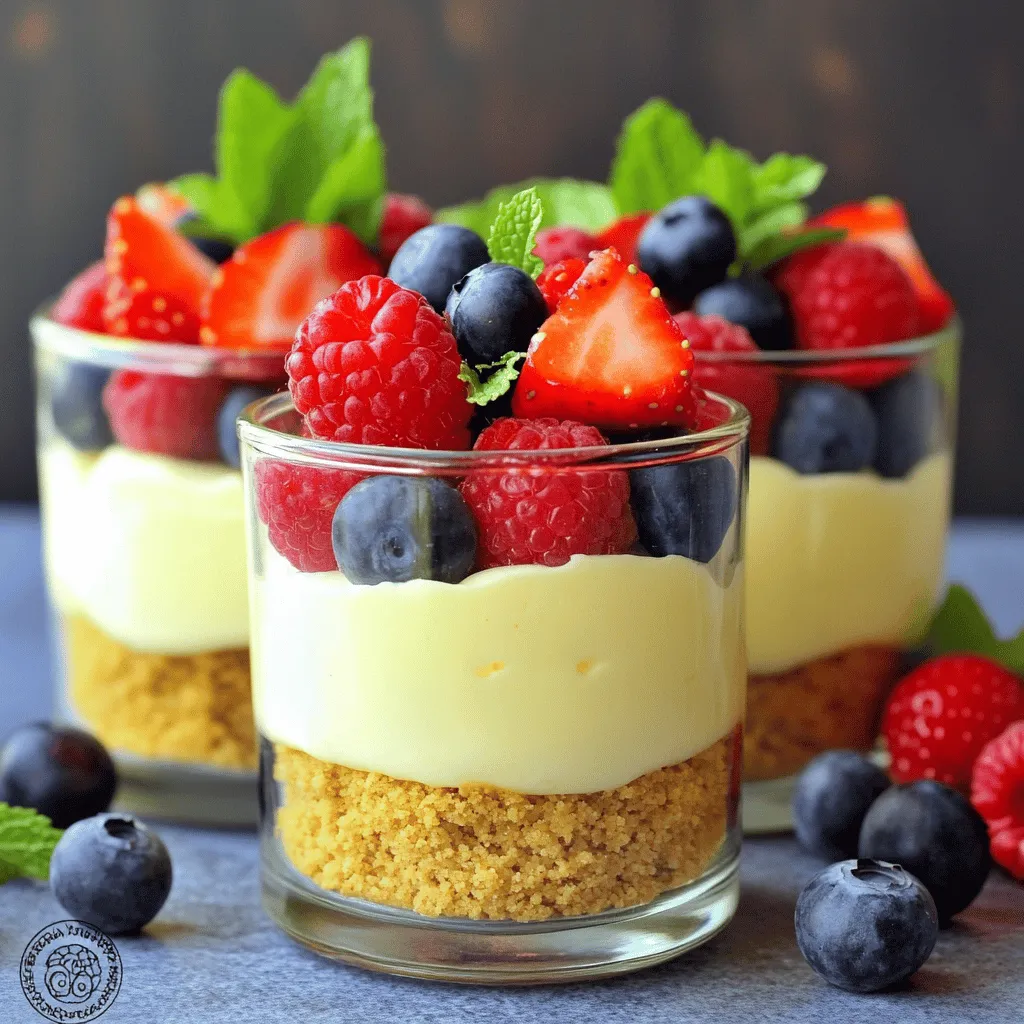 To create delightful no-bake cheesecake jars, you need a few key ingredients. Here’s a simple list to get you started: - 1 cup graham cracker crumbs - 4 tablespoons unsalted butter, melted - 1 cup cream cheese, softened at room temperature - 1/2 cup powdered sugar - 1 teaspoon pure vanilla extract - 1 cup heavy whipping cream, chilled - 1 cup mixed fresh berries (strawberries, blueberries, raspberries) - Fresh mint leaves for garnish (optional) Each ingredient plays an important role in making these jars a hit. The graham cracker crumbs form a delicious crust that adds crunch. The melted butter helps bind the crumbs, giving the base a rich flavor. Cream cheese gives the filling its creamy texture, while powdered sugar adds sweetness. Vanilla extract enhances the taste, making it even more inviting. Chilled heavy whipping cream is crucial for a light and fluffy filling. The mixed fresh berries add a burst of flavor and color on top. Finally, a mint leaf garnish can elevate the presentation. These ingredients make it easy to whip up an impressive dessert without baking. You can enjoy the sweet, creamy, and fruity layers in every spoonful. For the full recipe, check out the No-Bake Cheesecake Jars 🥄. To make the crust, you first need to mix graham cracker crumbs and melted butter. In a medium bowl, combine: - 1 cup graham cracker crumbs - 4 tablespoons unsalted butter, melted Stir until the crumbs look sandy and are coated evenly. Next, grab small glass jars or dessert cups. Spoon about 2 tablespoons of the mixture into the bottom of each jar. Use the back of a spoon to press the crumbs down firmly. This creates a solid base for your cheesecake. Now, let’s move on to the filling. In a clean bowl, beat 1 cup of softened cream cheese with an electric mixer. Mix until it is smooth and creamy. Then, add: - 1/2 cup powdered sugar - 1 teaspoon pure vanilla extract Continue mixing until it is lump-free. In another bowl, pour in 1 cup of chilled heavy whipping cream. Whip this with an electric mixer on high speed until you see stiff peaks form. This means your cream is fluffy and ready. Gently fold the whipped cream into the cream cheese mixture using a spatula. Be careful not to deflate the cream. This keeps your filling light and fluffy. Now it's time to layer the jars! Use a spoon to fill each jar with the cheesecake mixture, leaving about a quarter of the jar empty. Level the top with a spatula for a nice finish. After this, generously top each jar with: - 1 cup mixed fresh berries (like strawberries, blueberries, and raspberries) If you want, mash the berries lightly with a fork to release some juice. This adds extra flavor! Cover the jars with lids or plastic wrap. Chill them in the fridge for at least 2 hours. For the best texture, let them sit overnight. Just before serving, you can add a few fresh mint leaves for a pop of color. For the full recipe, refer to the provided details. To get a creamy cheesecake filling, start with soft cream cheese. It should sit at room temperature for at least 30 minutes. This step helps it mix smoothly. When mixing, use an electric mixer on medium speed. This keeps the texture light and fluffy. For sweetness, taste your mixture before adding all the sugar. Some may prefer less sweetness. You can also add a squeeze of lemon juice. It brightens the flavor and balances the sweetness. Garnishing your jars can make a big difference. Use fresh berries on top for color and taste. Strawberries, blueberries, and raspberries work well together. You can even mash them slightly for extra flavor. When serving, use clear jars to show off the layers. A neat layer of cheesecake should be visible. Add a mint leaf on top for a fresh touch. This simple addition adds elegance and color. Try these tips to elevate your no-bake cheesecake jars. For a complete recipe, check out the full recipe above. {{image_4}} You can have fun with flavors in your no-bake cheesecake jars. Try adding lemon or chocolate cheesecake fillings. Lemon adds a bright, zesty taste. Chocolate gives a rich, sweet twist. Both options are easy to make and very tasty! For toppings, think about using seasonal fruits. Ripe strawberries in spring or peaches in summer can change the whole dish. You can even mix fruits to create a colorful layer. This way, your jars look as good as they taste! If you need gluten-free options, there are easy swaps for the crust. Use crushed gluten-free cookies or nuts. These alternatives will keep the same great taste without any gluten. For those who can't have dairy, don't worry! You can substitute cream cheese with a dairy-free option. Look for vegan cream cheese or use blended silken tofu. Both will still give you a creamy texture without the dairy. Enjoy making these jars fit your diet! For the Full Recipe, check the earlier sections! To keep your no-bake cheesecake jars fresh, use airtight containers. Glass jars work best, as they seal tightly. If you use plastic wrap, ensure it covers the jars completely. This helps prevent any drying out or unwanted odors. Store the jars in the fridge for up to five days. This chilling time lets the flavors meld and enhances the taste. For the best texture, wait at least two hours before serving. However, if you have time, letting them sit overnight is even better. Can you freeze no-bake cheesecake jars? Yes, you can freeze them! This is a great option if you want to make them ahead of time. To freeze, cover each jar with a lid or plastic wrap. Place them in the freezer for up to three months. When you're ready to eat them, move the jars to the fridge. Let them thaw overnight. Avoid using a microwave to speed up the process, as this can ruin the texture. Once thawed, serve them cold, and enjoy the creamy goodness. How long do no-bake cheesecakes last? No-bake cheesecakes keep well in the fridge for about 3 to 5 days. Make sure to cover them tightly. This helps keep them fresh and tasty. Can I use different jar sizes for serving? You can use any jar size you like! Just adjust the layers to fit. Smaller jars make cute treats for parties. Larger jars can serve as a dessert for a family meal. What can be used instead of cream cheese? You can use ricotta cheese or Greek yogurt instead of cream cheese. These options can give a different taste and texture. They can also make your dessert lighter. Is there an alternative to graham cracker for the crust? Yes! You can use crushed cookies like Oreo or vanilla wafers. You can also try using almond flour for a gluten-free option. Just mix it with melted butter, like you would with graham crackers. You learned how to make quick and tasty no-bake cheesecake jars. We covered essential ingredients, steps to prepare, and tips to improve flavor and look. I shared variations to suit different tastes and needs, along with storage tips. These jars are simple, fun, and great for any occasion. You can mix flavors, adjust sweetness, and present beautifully. Enjoy crafting these treats with fresh ingredients and your personal touch!