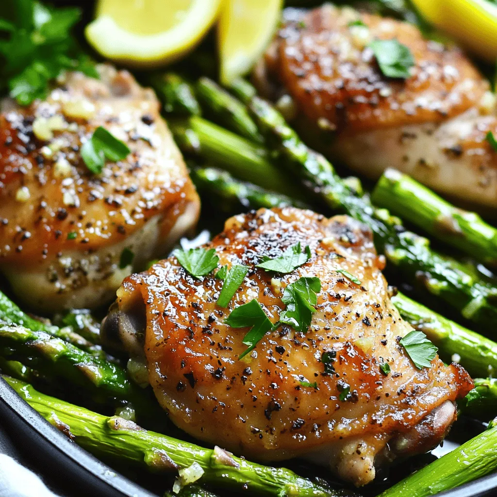 - 4 boneless, skinless chicken thighs - 1 bunch of asparagus, trimmed - 4 cloves of garlic, minced - 2 tablespoons of olive oil - 1 tablespoon of lemon juice - 1 teaspoon of dried oregano - 1 teaspoon of paprika - Salt and pepper, to taste - Lemon wedges for serving - Fresh parsley, chopped, for garnish - Each serving has about 350 calories. - Macronutrients include 25g protein, 20g fat, and 8g carbs. - Fresh ingredients make a big difference in taste. - You can swap chicken thighs for chicken breasts or drumsticks. Using high-quality chicken and fresh asparagus gives you a dish full of flavor. Fresh garlic adds a nice kick. Always check for vibrant color and firmness in your vegetables. This recipe creates a simple yet tasty meal. For the full recipe, refer to the earlier section. 1. Preheat your oven to 400°F (200°C). This step is key to cooking the chicken and asparagus evenly. 2. In a large bowl, mix together the olive oil, minced garlic, lemon juice, dried oregano, and paprika. Add salt and pepper to taste. Use a whisk to blend until smooth. 3. Add the chicken thighs to the bowl. Make sure each piece gets a good coat of the marinade. Let the chicken sit for at least 15 minutes. This helps build flavor. 4. Heat a large oven-safe skillet over medium-high heat. Once hot, add the marinated chicken thighs. Sear each side for about 4-5 minutes. You want them golden brown. 5. After searing, take the chicken out and place it on a plate. In the same skillet, add the trimmed asparagus. Sauté the asparagus for 2-3 minutes. They should be tender but still crisp. 6. Return the seared chicken thighs to the skillet. Nestle them among the asparagus. Drizzle any remaining marinade over the top. 7. Transfer the skillet to the oven and bake for 15-20 minutes. Check the chicken’s internal temperature. It should reach 165°F (74°C). 8. Once done, take the skillet out of the oven. Let the dish rest for a few minutes. This helps the juices settle. Garnish with chopped parsley and serve with lemon wedges. For the full recipe, check the earlier sections. How to avoid dry chicken To keep chicken juicy, don't overcook it. Use a meat thermometer to check for doneness. Aim for 165°F (74°C). Marinating the chicken for at least 15 minutes helps add moisture and flavor. Always let it rest after cooking. This helps keep the juices inside. Best practices for cooking asparagus When cooking asparagus, keep it crisp. Sauté for just 2-3 minutes. You want them tender yet still bright green. Don't overcrowd the pan; give them space to cook evenly. Trim the tough ends before cooking for the best texture. Adding herbs and spices Fresh herbs like rosemary or thyme can brighten the dish. You can also add a pinch of red pepper flakes for heat. Experiment with spices like cumin or coriander to create a unique twist. Alternative marinades If you want to switch things up, try a soy sauce and ginger marinade. For a sweeter touch, mix honey and balsamic vinegar. Both options add their own special flair to the chicken and asparagus. Serving style suggestions Serve the chicken and asparagus right from the skillet for a homey feel. You can also plate them individually for a fancier look. Drizzle the pan juices over everything for added flavor. Garnishing ideas Fresh parsley or chives make great garnishes. They add color and a fresh taste. Lemon wedges on the side give a zesty kick when squeezed over the dish. This simple touch makes everything pop! For the complete recipe, check the [Full Recipe]. {{image_4}} You can swap chicken for turkey or tofu. Turkey gives a similar taste. It cooks well and stays juicy. Tofu is a great plant-based option. Press it to remove water, then marinate like chicken. This makes a tasty vegan dish. Want to spice things up? Use Cajun or Italian seasoning for a kick. You can also add more veggies. Try carrots, bell peppers, or snap peas. These add color and crunch. They blend well with the garlic and lemon flavors. You can grill or bake the dish. Grilling adds smoky flavor and crispy edges. Baking keeps it simple and easy. A slow cooker is a perfect choice for meal prep. Just set it and forget it. The flavors meld beautifully over time. For the full recipe, check the One-Pan Garlic Chicken and Asparagus section. To store leftover One-Pan Garlic Chicken and Asparagus, first, let it cool. Place the chicken and asparagus in the fridge within two hours. Use airtight containers for best results. Glass or plastic containers work well. Make sure to keep the dish covered to prevent drying. To reheat, use the oven or a skillet. Both methods keep the food juicy. Microwaving can dry out the chicken. If using a microwave, cover the dish with a damp paper towel. This helps retain moisture. When using the oven, preheat to 350°F (175°C) and heat for about 10-15 minutes. Yes, you can freeze this dish! To freeze, let it cool completely. Then, place it in a freezer-safe container. Make sure to seal it tightly to avoid freezer burn. When ready to eat, thaw in the fridge overnight. Reheat the dish in the oven or on the stove for the best texture. How long does One-Pan Garlic Chicken and Asparagus last in the fridge? This dish lasts about 3 to 4 days in the fridge. Store it in an airtight container to keep it fresh. When you want to eat it, just reheat it until warm. Can I use frozen chicken thighs? Yes, you can use frozen chicken thighs. Just remember to thaw them first. You can leave them in the fridge overnight or use the microwave for a quick thaw. Make sure they are fully thawed before marinating. How can I make this recipe gluten-free? To make this dish gluten-free, check the spices and olive oil. Most are safe, but always read labels. You can also use gluten-free soy sauce instead of lemon juice for a different flavor. What can I substitute for asparagus? You can use green beans, broccoli, or zucchini. These veggies will cook well with this recipe. Just adjust the cooking time to make sure they stay crisp and tender. Can this meal be prepared ahead of time? Yes, you can prepare this meal ahead of time. You can marinate the chicken and chop the veggies a day before. Just store them in the fridge until you're ready to cook. How to meal prep for the week with this recipe? To meal prep, make a large batch of One-Pan Garlic Chicken and Asparagus. Divide it into meal containers. This way, you have easy lunches or dinners ready all week long. Just heat and enjoy! This blog post covered a simple yet tasty recipe for One-Pan Garlic Chicken and Asparagus. You learned about essential ingredients, easy steps, and useful tips. Fresh ingredients, like chicken and asparagus, make a big difference in taste. I shared ways to store leftovers and offered variations, like vegan swaps or different cooking methods. Try this recipe, and enjoy a healthy, delicious meal. Cooking doesn't have to be hard—keep it fun!