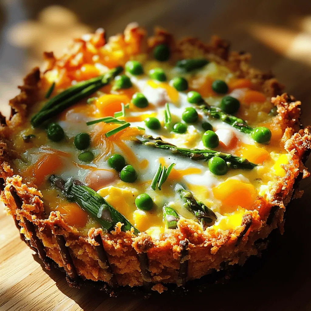 - 2 cups frozen hash browns, fully thawed - 1/4 cup unsalted butter, melted - 1/2 teaspoon sea salt - 1/4 teaspoon freshly ground black pepper - 6 large eggs - 1 cup whole milk - 1 cup fresh spring vegetables, finely chopped (choose from asparagus, peas, bell peppers, or a mix) - 1 cup sharp cheddar cheese, shredded - 1/4 teaspoon garlic powder