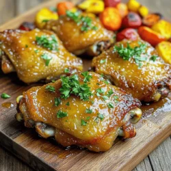 Gather these simple ingredients for a tasty meal. Each one plays a key role in making honey mustard chicken thighs flavorful and juicy. - 4 bone-in, skin-on chicken thighs - 3 tablespoons honey - 2 tablespoons Dijon mustard - 1 tablespoon whole grain mustard - 2 tablespoons extra virgin olive oil - 3 cloves garlic, minced - 1 teaspoon fresh thyme leaves (or ½ teaspoon dried thyme) - 1 teaspoon smoked paprika - Salt and pepper to taste - Fresh parsley, chopped (for garnish) These ingredients work together to create a rich blend of sweet and savory flavors. You can find the full recipe and detailed cooking steps in the [Full Recipe]. Set your oven to 400°F (200°C). This step warms up the oven, so your chicken cooks well. In a medium bowl, mix these ingredients: - 3 tablespoons honey - 2 tablespoons Dijon mustard - 1 tablespoon whole grain mustard - 2 tablespoons extra virgin olive oil - 3 cloves garlic, minced - 1 teaspoon fresh thyme leaves (or ½ teaspoon dried thyme) - 1 teaspoon smoked paprika - Salt and pepper to taste Whisk until smooth. This marinade gives the chicken a sweet and tangy flavor. Take 4 bone-in, skin-on chicken thighs and put them in a large bag. Pour the marinade over the chicken, coating each thigh well. Seal the bag or cover the dish. For the best taste, refrigerate for at least 30 minutes or up to 2 hours. After marinating, remove the chicken from the fridge. Let it sit for 10 minutes at room temperature. In a hot, oven-safe skillet, add the chicken skin-side down. Sear for 5-7 minutes until the skin is golden brown. This step adds a nice crunch. Carefully flip the chicken. Spoon some leftover marinade on top. Then, transfer the skillet to your preheated oven. Bake for 20-25 minutes. Make sure the internal temperature hits 165°F (74°C) for safety. Enjoy the delicious Honey Mustard Chicken Thighs! For the full recipe, check out the complete instructions. Marinating chicken thighs makes them juicy and full of flavor. I suggest marinating for at least 30 minutes. For the best taste, try to marinate for up to 2 hours. This time lets the flavors soak in deeply. To get crispy skin, heat your skillet before adding the chicken. Use medium-high heat and place the thighs skin-side down. Let them sear for about 5–7 minutes. Don't rush this step! A good sear adds great texture and flavor. Always check the doneness of chicken to ensure it's safe to eat. The internal temperature should be at least 165°F (74°C). Use a meat thermometer to check the temperature in the thickest part of the thigh. Let the chicken rest for about 5 minutes after cooking. This helps keep the juices in and makes each bite tender. For the full recipe, refer to the earlier section. {{image_4}} To make a thicker honey mustard glaze, try these methods. First, reduce the sauce by simmering it in a small pot. This step helps concentrate the flavors and thicken the glaze. Another option is to add a cornstarch slurry. Mix one tablespoon of cornstarch with two tablespoons of cold water. Stir this mixture into the simmering sauce until it thickens. You can easily spice up your honey mustard chicken thighs. A pinch of cayenne pepper or red pepper flakes adds heat. For a smokier flavor, use smoked paprika in place of regular paprika. You can also try adding ground cumin or coriander for a warm, earthy taste. Feel free to experiment with your favorite spices to create your perfect blend. Pair honey mustard chicken thighs with delicious sides. Roasted vegetables, like carrots and Brussels sprouts, add color and nutrition. A simple green salad with a light vinaigrette balances the dish well. For a heartier option, serve it with fluffy rice or creamy mashed potatoes. Enjoy a mix of flavors and textures for a satisfying meal. To keep your honey mustard chicken thighs fresh, store them correctly. First, let the chicken cool down completely. Then, place the chicken into an airtight container. You can also wrap it tightly in plastic wrap or aluminum foil. This keeps moisture in and prevents odors from other foods. Store the chicken in the fridge. This way, it will last for up to 3 to 4 days. Reheating chicken can be tricky. You want to avoid drying it out. To do this, preheat your oven to 350°F (175°C). Place the chicken thighs on a baking sheet. Add a splash of chicken broth or water to keep the meat moist. Cover the dish with aluminum foil. Heat for about 15 to 20 minutes. Check that it is heated through but not overcooked. This will keep the chicken juicy and tasty. Freezing is a great way to save your leftovers. Start by letting the chicken cool completely. Wrap each thigh in plastic wrap, then place them in a freezer-safe bag. Remove as much air as possible to prevent freezer burn. Label the bag with the date. The chicken can be frozen for up to 3 months. To thaw, place the chicken in the fridge overnight before reheating. This method keeps the chicken safe and delicious. I recommend marinating chicken thighs for at least 30 minutes. This short time allows the flavors to start soaking in. For even better taste, aim for up to 2 hours. This extra time makes the chicken even more juicy and flavorful. If you forget to marinate, even 15 minutes can help. Yes, you can use boneless chicken thighs. They will cook faster than bone-in thighs. Adjust the cooking time to about 15-20 minutes in the oven. Check if the internal temperature reaches 165°F (74°C) to ensure it's safe. Boneless thighs can be just as tasty with this honey mustard glaze. Many side dishes pair nicely with honey mustard chicken thighs. Here are some popular options: - Roasted vegetables, like carrots and Brussels sprouts - Crisp green salad with mixed greens - Creamy mashed potatoes or garlic mashed cauliflower - Quinoa or rice for a hearty side - Steamed asparagus or green beans for a fresh touch These sides help create a balanced meal that complements the chicken's sweet and savory flavor. This recipe for honey mustard chicken thighs is easy and delicious. We covered the ingredients, marinade, and cooking methods. I shared tips for seasoning and serving suggestions too. Use this recipe to impress friends and family with your cooking skills. Remember, marinating adds flavor, and a quick sear gives crispy skin. Feel free to adapt the recipe to fit your taste. Enjoy making this dish, and don’t forget to have fun in the kitchen! Your meals can be simple yet special with just a bit of effort.