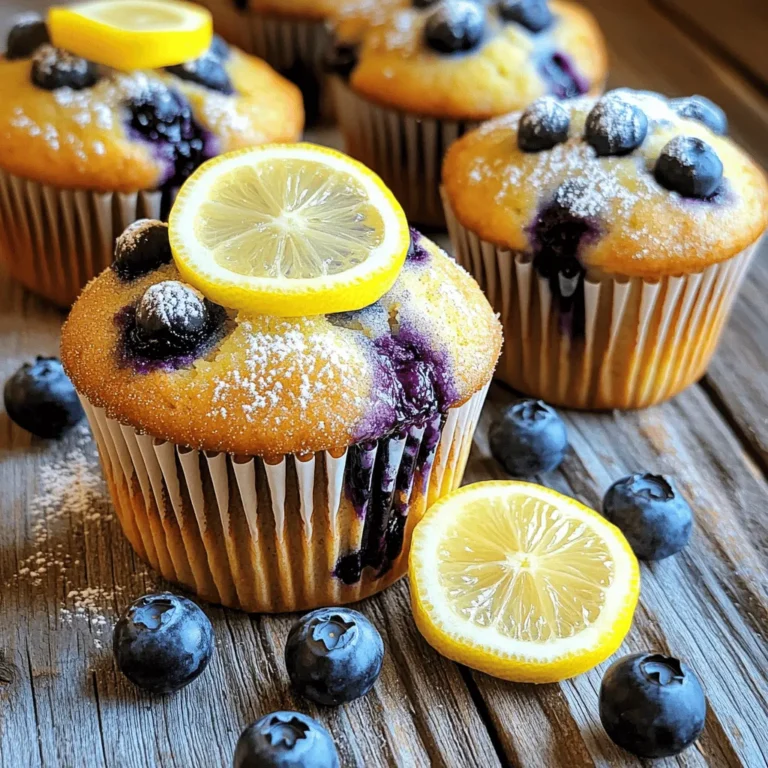 - 1 cup fresh blueberries (or frozen) - 1 ½ cups all-purpose flour - 1/2 cup granulated sugar (plus extra for sprinkling) - 1 tablespoon baking powder - 1/2 teaspoon salt - Zest from 1 large lemon - 1/2 cup unsalted butter, melted - 2 large eggs, at room temperature - 1/2 cup milk (or almond milk) - 2 tablespoons freshly squeezed lemon juice - 1 teaspoon pure vanilla extract Gather these ingredients to make the best lemon blueberry muffins. Fresh blueberries burst with flavor. You can use frozen ones if fresh are hard to find. All-purpose flour gives the muffins a nice texture. Granulated sugar adds sweetness and a sprinkle on top makes them even better. For baking, you need baking powder to make the muffins rise. A pinch of salt brings out the flavors. The zest of a lemon adds a bright touch. The wet ingredients bring it all together. Melted butter makes the muffins rich. Room temperature eggs blend nicely. Milk or almond milk keeps them moist. Fresh lemon juice gives a tangy flavor. Finally, pure vanilla extract adds depth. Check out the [Full Recipe] for specific amounts and delicious tips! - Preheat your oven to 375°F (190°C). - Prepare your muffin tin by using paper liners or greasing it. - In a large bowl, combine the all-purpose flour, sugar, baking powder, salt, and lemon zest. - In a separate bowl, whisk together the melted butter, eggs, milk, lemon juice, and vanilla extract. - Pour the wet mix into the dry mix. Stir gently until just combined. Avoid overmixing for the best texture. - Fold in the blueberries carefully to keep them whole. - Fill each muffin cavity about 3/4 full with batter. - Bake for 18-20 minutes. They are done when golden brown and a toothpick comes out clean. - Let the muffins cool for about 5 minutes in the tin before moving them to a wire rack. For the complete recipe, check the Full Recipe section. To make the best lemon blueberry muffins, avoid overmixing the batter. Overmixing can lead to tough muffins. Stir just until the wet and dry ingredients blend. The batter should still be a bit lumpy. This helps keep your muffins light and airy. Also, use room temperature ingredients. This allows for better mixing and helps the muffins rise evenly. Want a zesty kick? Add more lemon zest! It brightens the flavor and makes them even more refreshing. You can also experiment with herbs like thyme or basil. These herbs add a unique twist and pair well with lemon. Serve the muffins warm with a pat of butter. The butter melts into the warm muffin, creating a delightful treat. You can also pair them with a cup of tea or coffee. This makes for a comforting snack or breakfast. For an extra touch, dust the muffins with powdered sugar. It adds a sweet finish to your beautiful muffins. {{image_4}} You can make lemon blueberry muffins healthier. Start by using whole wheat flour. This adds fiber and nutrients. You can also swap sugar with honey or maple syrup. Both sweeteners add a nice flavor and make the muffins moist. Feel free to get creative with add-ins. Nuts like walnuts or pecans add a nice crunch. You can also try chocolate chips or coconut flakes for a sweet twist. These options change the flavor and make each muffin unique. Change the fruits based on the season. Raspberries or strawberries work great in spring and summer. For a fall twist, add spices like cinnamon or nutmeg. These spices bring warmth and depth to your muffins. Each variation gives you a new taste experience. To keep your lemon blueberry muffins fresh at room temperature, place them in an airtight container. This helps maintain their moisture and flavor. If your kitchen is warm, consider putting them in the fridge. However, this may change their texture slightly. If you want to save muffins for later, freezing is a great option. First, let them cool completely. Then, wrap each muffin in plastic wrap and place them in a freezer bag. This keeps them fresh for up to three months. For thawing, take a muffin out and leave it at room temperature for about 30 minutes. You can also reheat muffins in the oven at 350°F (175°C) for about 10 minutes. Freshly baked lemon blueberry muffins last about 2-3 days at room temperature. In the fridge, they stay good for about a week. Look for signs of spoilage, like mold or an off smell. If you notice any, it's best to toss them out. Yes, you can use frozen blueberries. They work well in this recipe. When using frozen blueberries, do not thaw them before adding. This helps them hold their shape. Just fold them gently into the batter at the end. This way, your muffins stay bright and fresh. To store leftover muffins, place them in an airtight container. Keep them at room temperature for up to three days. For longer storage, refrigerate them. Just remember to wrap them tightly to keep them fresh. You can also freeze muffins for up to three months. Just ensure they cool completely before freezing them. You can easily make these muffins gluten-free. Use a gluten-free all-purpose flour blend. Look for one that has xanthan gum included. This helps create the right texture. You may need to adjust the liquid slightly, as gluten-free flour can absorb more moisture. To adjust the sweetness, you can change the amount of sugar. If you prefer less sweet muffins, reduce the sugar by 1/4 cup. You can also use alternative sweeteners like honey or maple syrup. Just remember to adjust the liquid in the recipe if you're using a liquid sweetener. If you need to replace eggs, there are several options. You can use flaxseed meal mixed with water. For each egg, mix 1 tablespoon of flaxseed meal with 3 tablespoons of water. Let it sit until it thickens. Alternatively, use unsweetened applesauce or mashed banana. About 1/4 cup of either can replace one egg. This blog post covers the essential ingredients and steps to create delicious lemon blueberry muffins. You learned how to mix the batter, bake properly, and store your muffins. Keep in mind the tips for texture and flavor twists to personalize your batch. Remember, these muffins can be made healthier or tailored with different fruits and add-ins. Enjoy your baking adventure, and share these tasty treats with friends and family! Fresh muffins are a joy that everyone will love.
