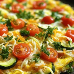 To make a savory vegetable frittata, gather these ingredients: - 6 large eggs - 1/2 cup whole milk - 1 cup assorted bell peppers (diced, in vibrant colors) - 1 cup zucchini (shredded) - 1/2 cup red onion (finely chopped) - 1 cup fresh spinach (roughly chopped) - 1/2 cup cherry tomatoes (halved) - 1 cup shredded cheese (options: cheddar or feta) - 2 tablespoons olive oil - 1 teaspoon garlic powder - 1/2 teaspoon smoked paprika - Salt and pepper (to taste) - Fresh herbs for garnish (such as parsley or basil) You can customize your frittata with these optional ingredients: - Add cooked meats like ham or bacon for protein. - Use different cheeses like goat cheese or mozzarella for unique flavors. - Swap in seasonal vegetables such as asparagus or mushrooms for a fresh twist. To make cooking easier, have these tools ready: - A large mixing bowl for whisking the eggs. - An oven-safe skillet for sautéing and baking. - A whisk for blending the egg mixture smoothly. - A spatula for stirring and serving the frittata. - A cutting board and knife to chop the vegetables. This simple list will help you create a delicious savory vegetable frittata. For the full cooking details, refer to the Full Recipe. Start by preheating your oven to 375°F (190°C). This step is key. A hot oven cooks the frittata evenly. In a large bowl, whisk together 6 large eggs and 1/2 cup whole milk. Mix until smooth. Add 1 teaspoon garlic powder, 1/2 teaspoon smoked paprika, and a sprinkle of salt and pepper. Stir well to blend all flavors. Heat 2 tablespoons of olive oil in a large oven-safe skillet over medium heat. Add 1/2 cup finely chopped red onion and 1 cup diced assorted bell peppers. Cook for 3 to 4 minutes until soft. Next, stir in 1 cup shredded zucchini and cook for 2 more minutes. Add 1 cup roughly chopped spinach and 1/2 cup halved cherry tomatoes. Cook until the spinach wilts. Remove the skillet from heat. Pour the egg mixture over the cooked veggies. Gently stir to mix everything. Top with 1 cup shredded cheese of your choice. Place the skillet in your preheated oven. Bake for 20 to 25 minutes. The frittata is done when the center is set and the top is lightly golden. After baking, let the frittata cool for a few minutes. Cut it into wedges for serving. Enjoy this tasty dish warm or at room temperature. For extra creaminess, reheat slices in the microwave for 15 to 20 seconds before serving. This recipe is perfect for any time of day! To make your frittata creamy, use fresh eggs and whole milk. Whisk them together until smooth. Avoid overcooking it in the oven. When it’s done, let it cool for a bit. You can warm slices in the microwave for about 15 to 20 seconds to bring back the creaminess. Herbs add great taste to your frittata. Fresh herbs like parsley or basil work well. Dried herbs can also be nice. Try thyme or oregano for different flavors. Garlic powder and smoked paprika add depth. Adjust salt and pepper to your liking for a personal touch. One mistake is not preheating the oven. This can lead to uneven cooking. Also, avoid overcrowding the pan with too many veggies. This can make the frittata watery. Lastly, don’t skip the cooling step. Cutting it too soon can make it fall apart. For more tips, check the Full Recipe for more details! {{image_4}} You can add meat to your frittata for extra flavor. Ham and bacon are popular choices. Diced ham gives a nice, savory taste. Bacon adds a crispy texture and a smoky touch. Both meats pair well with the vegetables. If you use cooked meat, add it right before pouring the egg mixture. This way, the meat warms up without cooking too much. Cheese makes a frittata rich and creamy. While cheddar and feta are great options, you can try different cheeses too. Goat cheese adds a tangy flavor that brightens the dish. Mozzarella melts beautifully and gives a soft texture. Feel free to mix cheeses for a unique taste. Experimenting with cheese can change the whole vibe of your dish. Using seasonal veggies keeps your frittata fresh and exciting. In spring, try asparagus or peas for a crisp bite. Summer is great for tomatoes and corn, adding sweetness to each slice. In fall, use hearty vegetables like squash or sweet potatoes. Winter brings root veggies like carrots and turnips, which add depth. Swap veggies based on what you have at home. This not only saves money but also brings new flavors to your table. You can store leftover frittata in the fridge. First, let it cool to room temperature. Then, wrap it tightly in plastic wrap or place it in an airtight container. This keeps it fresh for up to three days. Make sure to label the container with the date. This way, you know when to eat it. If you want to save the frittata for longer, freezing is a great option. Cut the frittata into wedges. Wrap each wedge in plastic wrap. Then, place the wrapped wedges in a freezer-safe bag. Remove as much air as you can. You can freeze the frittata for up to three months. When you're ready to eat, just thaw it in the fridge overnight. Reheating frittata is quick and easy. You can use the oven or microwave. For the oven, preheat it to 350°F (175°C). Place the frittata on a baking sheet and heat for about 10 to 15 minutes. If you use the microwave, heat each slice for about 30 to 45 seconds. If you want it creamier, add a splash of milk before reheating. Enjoy your frittata just as fresh as the day you made it! For the full recipe, check out the earlier section. A frittata and an omelet are both egg dishes, but they differ in how you cook them. An omelet cooks quickly on the stovetop and is folded over. A frittata cooks slower and is often baked in the oven. You mix all the ingredients into the eggs before cooking for a frittata. This gives it a thicker, richer texture. Yes, you can make a frittata ahead of time. In fact, it tastes great when made in advance. Just cook it, let it cool, and store it in the fridge. You can serve it cold or reheat it in the oven or microwave. This makes it a perfect choice for meal prep or brunch. You can use many types of vegetables in a frittata. Some great choices include: - Bell peppers - Spinach - Zucchini - Onions - Mushrooms - Broccoli You can mix and match to your taste. Using seasonal veggies can add fresh flavor. A frittata is done when it is set in the center and has a light golden color on top. You can check by inserting a knife in the middle. If it comes out clean, it’s ready. The edges may puff up a bit, which is a good sign of a fluffy frittata. In this article, we covered the key ingredients for a perfect frittata and shared step-by-step instructions. You learned how to sauté vegetables, mix eggs, and bake to perfection. We also discussed tips to enhance flavor and avoid common mistakes. Plus, you explored variations and storage options for leftovers. Now, go ahead and create your delicious frittata. Experiment with ingredients and enjoy each bite!