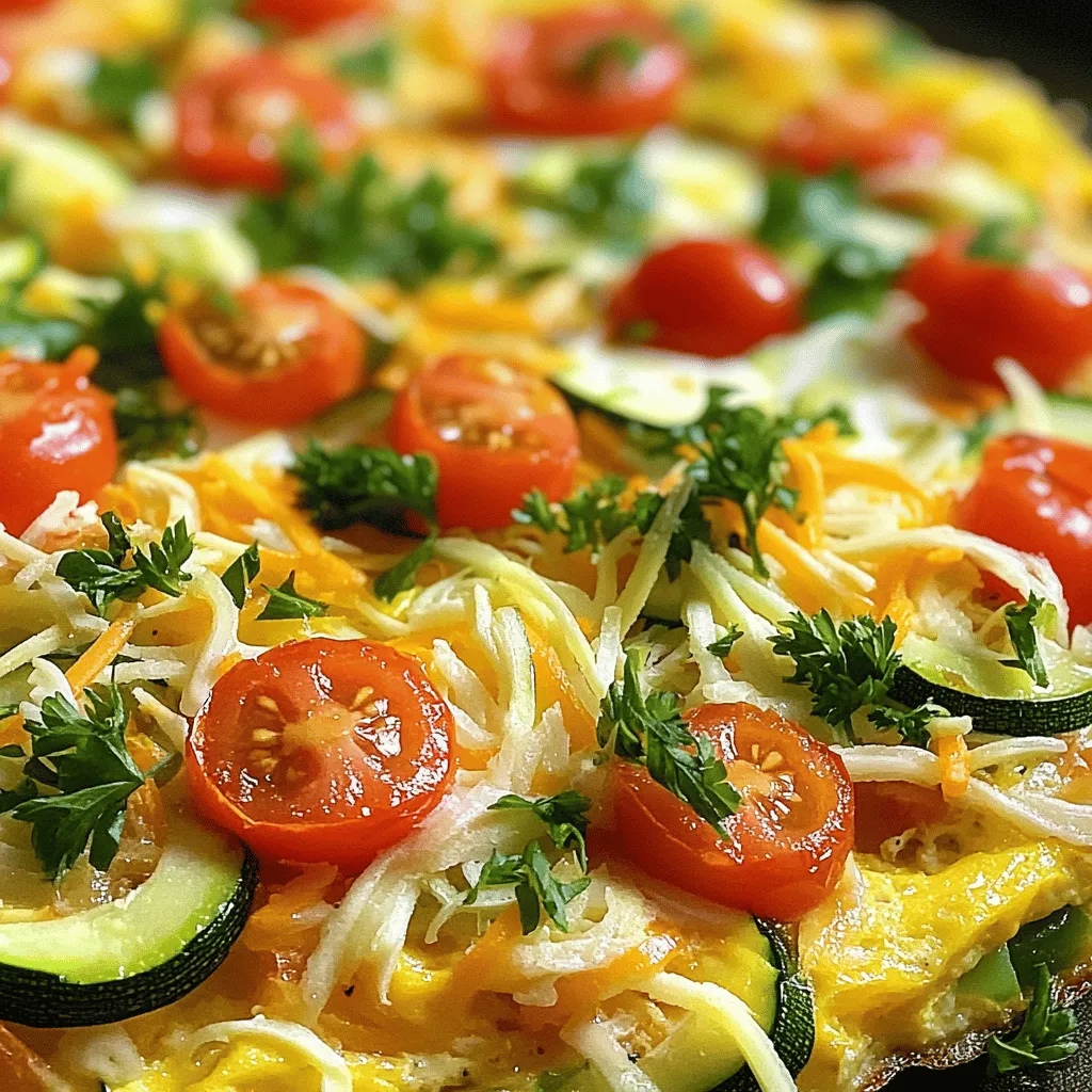 To make a savory vegetable frittata, gather these ingredients: - 6 large eggs - 1/2 cup whole milk - 1 cup assorted bell peppers (diced, in vibrant colors) - 1 cup zucchini (shredded) - 1/2 cup red onion (finely chopped) - 1 cup fresh spinach (roughly chopped) - 1/2 cup cherry tomatoes (halved) - 1 cup shredded cheese (options: cheddar or feta) - 2 tablespoons olive oil - 1 teaspoon garlic powder - 1/2 teaspoon smoked paprika - Salt and pepper (to taste) - Fresh herbs for garnish (such as parsley or basil) You can customize your frittata with these optional ingredients: - Add cooked meats like ham or bacon for protein. - Use different cheeses like goat cheese or mozzarella for unique flavors. - Swap in seasonal vegetables such as asparagus or mushrooms for a fresh twist. To make cooking easier, have these tools ready: - A large mixing bowl for whisking the eggs. - An oven-safe skillet for sautéing and baking. - A whisk for blending the egg mixture smoothly. - A spatula for stirring and serving the frittata. - A cutting board and knife to chop the vegetables. This simple list will help you create a delicious savory vegetable frittata. For the full cooking details, refer to the Full Recipe. Start by preheating your oven to 375°F (190°C). This step is key. A hot oven cooks the frittata evenly. In a large bowl, whisk together 6 large eggs and 1/2 cup whole milk. Mix until smooth. Add 1 teaspoon garlic powder, 1/2 teaspoon smoked paprika, and a sprinkle of salt and pepper. Stir well to blend all flavors. Heat 2 tablespoons of olive oil in a large oven-safe skillet over medium heat. Add 1/2 cup finely chopped red onion and 1 cup diced assorted bell peppers. Cook for 3 to 4 minutes until soft. Next, stir in 1 cup shredded zucchini and cook for 2 more minutes. Add 1 cup roughly chopped spinach and 1/2 cup halved cherry tomatoes. Cook until the spinach wilts. Remove the skillet from heat. Pour the egg mixture over the cooked veggies. Gently stir to mix everything. Top with 1 cup shredded cheese of your choice. Place the skillet in your preheated oven. Bake for 20 to 25 minutes. The frittata is done when the center is set and the top is lightly golden. After baking, let the frittata cool for a few minutes. Cut it into wedges for serving. Enjoy this tasty dish warm or at room temperature. For extra creaminess, reheat slices in the microwave for 15 to 20 seconds before serving. This recipe is perfect for any time of day! To make your frittata creamy, use fresh eggs and whole milk. Whisk them together until smooth. Avoid overcooking it in the oven. When it’s done, let it cool for a bit. You can warm slices in the microwave for about 15 to 20 seconds to bring back the creaminess. Herbs add great taste to your frittata. Fresh herbs like parsley or basil work well. Dried herbs can also be nice. Try thyme or oregano for different flavors. Garlic powder and smoked paprika add depth. Adjust salt and pepper to your liking for a personal touch. One mistake is not preheating the oven. This can lead to uneven cooking. Also, avoid overcrowding the pan with too many veggies. This can make the frittata watery. Lastly, don’t skip the cooling step. Cutting it too soon can make it fall apart. For more tips, check the Full Recipe for more details! {{image_4}} You can add meat to your frittata for extra flavor. Ham and bacon are popular choices. Diced ham gives a nice, savory taste. Bacon adds a crispy texture and a smoky touch. Both meats pair well with the vegetables. If you use cooked meat, add it right before pouring the egg mixture. This way, the meat warms up without cooking too much. Cheese makes a frittata rich and creamy. While cheddar and feta are great options, you can try different cheeses too. Goat cheese adds a tangy flavor that brightens the dish. Mozzarella melts beautifully and gives a soft texture. Feel free to mix cheeses for a unique taste. Experimenting with cheese can change the whole vibe of your dish. Using seasonal veggies keeps your frittata fresh and exciting. In spring, try asparagus or peas for a crisp bite. Summer is great for tomatoes and corn, adding sweetness to each slice. In fall, use hearty vegetables like squash or sweet potatoes. Winter brings root veggies like carrots and turnips, which add depth. Swap veggies based on what you have at home. This not only saves money but also brings new flavors to your table. You can store leftover frittata in the fridge. First, let it cool to room temperature. Then, wrap it tightly in plastic wrap or place it in an airtight container. This keeps it fresh for up to three days. Make sure to label the container with the date. This way, you know when to eat it. If you want to save the frittata for longer, freezing is a great option. Cut the frittata into wedges. Wrap each wedge in plastic wrap. Then, place the wrapped wedges in a freezer-safe bag. Remove as much air as you can. You can freeze the frittata for up to three months. When you're ready to eat, just thaw it in the fridge overnight. Reheating frittata is quick and easy. You can use the oven or microwave. For the oven, preheat it to 350°F (175°C). Place the frittata on a baking sheet and heat for about 10 to 15 minutes. If you use the microwave, heat each slice for about 30 to 45 seconds. If you want it creamier, add a splash of milk before reheating. Enjoy your frittata just as fresh as the day you made it! For the full recipe, check out the earlier section. A frittata and an omelet are both egg dishes, but they differ in how you cook them. An omelet cooks quickly on the stovetop and is folded over. A frittata cooks slower and is often baked in the oven. You mix all the ingredients into the eggs before cooking for a frittata. This gives it a thicker, richer texture. Yes, you can make a frittata ahead of time. In fact, it tastes great when made in advance. Just cook it, let it cool, and store it in the fridge. You can serve it cold or reheat it in the oven or microwave. This makes it a perfect choice for meal prep or brunch. You can use many types of vegetables in a frittata. Some great choices include: - Bell peppers - Spinach - Zucchini - Onions - Mushrooms - Broccoli You can mix and match to your taste. Using seasonal veggies can add fresh flavor. A frittata is done when it is set in the center and has a light golden color on top. You can check by inserting a knife in the middle. If it comes out clean, it’s ready. The edges may puff up a bit, which is a good sign of a fluffy frittata. In this article, we covered the key ingredients for a perfect frittata and shared step-by-step instructions. You learned how to sauté vegetables, mix eggs, and bake to perfection. We also discussed tips to enhance flavor and avoid common mistakes. Plus, you explored variations and storage options for leftovers. Now, go ahead and create your delicious frittata. Experiment with ingredients and enjoy each bite!