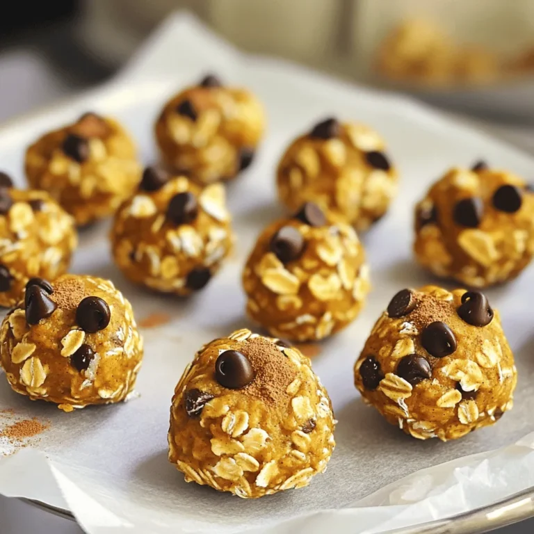 To make these tasty bites, you need some key ingredients. Here’s a quick look: - 1 cup rolled oats: This is the base. Oats give texture and energy. - 1/2 cup pumpkin puree: Adds flavor and moisture. Use canned or fresh. - 1/4 cup honey or maple syrup: This is your sweetener. It keeps the bites sticky. - 1/4 cup almond butter: It adds creaminess. You can swap it for peanut butter. - 1 teaspoon pumpkin pie spice: This spice mix gives that classic fall taste. - 1/4 teaspoon ground cinnamon: A little cinnamon boosts the warmth. - 1/4 cup mini chocolate chips (optional): These add sweetness. They’re fun but not needed. - 1/4 cup chopped nuts: Walnuts or pecans add crunch. - A pinch of salt: This enhances all the flavors. For those with allergies, you can use sunflower seed butter instead of nut butter. If you want a vegan option, maple syrup works great for sweetness. You can make these bites even more fun with extra ingredients. Here are some ideas: - Chocolate chips and nuts: These are the most common add-ins. They add flavor and texture. - Other mix-ins: Consider adding seeds, like chia or flaxseeds, for extra nutrition. Dried fruit, like cranberries or raisins, can also work well. Feel free to mix and match based on what you like or have on hand. The [Full Recipe] gives you all the details to create these delightful snacks. Start by mixing the wet ingredients. In a medium bowl, combine the rolled oats, pumpkin puree, honey or maple syrup, and almond butter. Stir until smooth. This mix is the heart of your energy bites. Next, add the dry spices. Sprinkle in pumpkin pie spice, ground cinnamon, and a pinch of salt. Mix again until everything blends well. The spices give these bites their warm flavor. Now it’s time to shape the bites. Use your hands to form the mixture into small balls, about 1 inch in size. Make sure they are even. This helps them cook uniformly. Place each bite on a parchment-lined baking sheet. Keep them spaced apart to avoid sticking together. After shaping, chill the bites in the fridge for at least 30 minutes. This chilling time is key! It helps the bites firm up, making them easier to handle. For a lovely presentation, arrange the energy bites in a decorative bowl. You can sprinkle a little extra pumpkin pie spice on top for a nice touch. Serve them as a healthy snack. They are great on the go or at home. Enjoy these tasty bites as a nutritious treat! For full instructions, check out the Full Recipe. To get the right texture for your energy bites, aim for a thick, sticky mixture. If it feels too dry, add a little more pumpkin puree or nut butter. If it's too wet, add more oats. Common pitfalls include overmixing or not measuring ingredients accurately. Stick to the recipe for the best results. Adjust the spices to your taste. If you love cinnamon, add a little more! You can also try other spices like nutmeg or ginger. When it comes to sweeteners, I prefer honey or maple syrup for a natural touch. If you use processed sugars, the taste will change. Store your energy bites in an airtight container. Keep them in the fridge for a week. This helps maintain their freshness and flavor. To keep them fresh longer, you can freeze them. Just place them in a freezer bag. When you want to enjoy them, thaw a few at room temperature. For serving, arrange the energy bites in a nice bowl. A sprinkle of extra pumpkin pie spice adds a nice touch. Enjoy these tasty bites anytime! For the full recipe, check the section above. {{image_4}} You can change the flavor of your pumpkin spice energy bites to fit your taste. Try using different spices like nutmeg or ginger to mix things up. These spices add warmth and can enhance the fall vibe. You can even add a dash of vanilla extract for a sweet twist. Another fun way to customize these bites is by switching up nut butters. Almond butter is great, but peanut butter or sunflower seed butter works well too. Each nut butter gives a unique taste and creamy texture. If you want to make your energy bites vegan-friendly, simply swap honey for maple syrup. This keeps the sweetness without using animal products. You can also use agave syrup as another alternative. For those who need gluten-free options, stick with certified gluten-free oats. This way, everyone can enjoy these tasty bites without worry. You can also check that your nut butters do not contain added gluten. Pair your energy bites with fresh fruit for a balanced snack. Sliced apples or bananas add a fresh crunch to the creamy bites. You can also serve them with yogurt for a creamy dip that makes snacking even more fun. To perfect the energy bite balance, keep a mix of textures and flavors. Try serving some bites with nuts and others with chocolate chips. This way, you create a fun variety that appeals to everyone's taste buds. For the full recipe, refer back to the main section. Enjoy your pumpkin spice energy bites! To keep your pumpkin spice energy bites fresh, use an airtight container. Glass or plastic containers work well. Make sure the lid seals tightly to keep out air. Refrigeration is key. Cold temperatures help maintain their texture and flavor. These bites last about one week in the fridge. If you want them to last longer, freeze them. They can stay fresh in the freezer for up to three months. To thaw, just take out a few bites and leave them at room temperature for about 30 minutes. You can also heat them in the microwave for a few seconds. Enjoy them again as a quick snack! Pumpkin spice energy bites stay fresh for about one week when stored in the fridge. Use an airtight container to keep them from drying out. If you want them to last longer, you can freeze them. They can last up to three months in the freezer. Just thaw them overnight in the fridge before eating. Yes, you can make these bites ahead of time. They are perfect for meal prep. Just prepare a batch on the weekend. Store them in your fridge for a quick snack during the week. This makes your mornings easier and keeps you fueled. Yes, pumpkin spice energy bites are healthy. They are packed with nutrients from oats and pumpkin. Oats give you fiber, which helps with digestion. Pumpkin adds vitamins A and C. Almond butter provides healthy fats and protein. Each bite has about 100 calories, making them a great snack option. You can find ready-made pumpkin spice energy bites at many grocery stores. Look in the snack aisle or health food section. Brands like Larabar or RXBAR often have similar flavors. You can also check online retailers like Amazon for more options. For homemade goodness, refer to the Full Recipe to make your own! In this post, I shared how to make delicious pumpkin spice energy bites. We discussed key ingredients, fun add-ins, and step-by-step prep. I offered tips for texture, flavor, and storage to keep them fresh. Exploring flavor variations allows for personal touches to fit your taste. These bites are not only tasty but also healthy. Remember, you can customize them to suit any diet. Enjoy making these simple treats for a nutritious snack anytime!