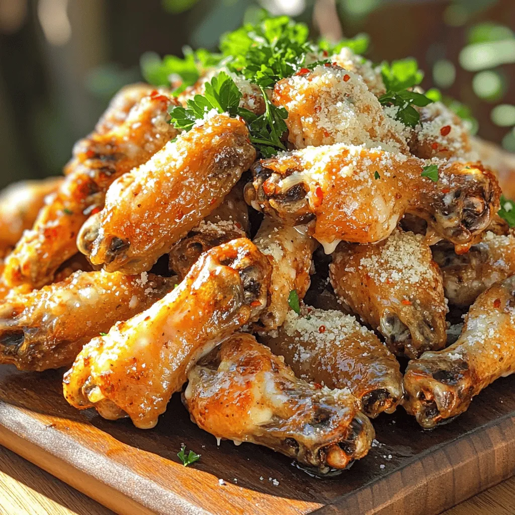 To make tasty homemade garlic Parmesan wings, you need a few key items: - 2 pounds chicken wings - 1/4 cup unsalted butter, melted - 4 cloves garlic, finely minced - 1 cup freshly grated Parmesan cheese - 1 tablespoon dried Italian herb blend - 1/2 teaspoon red pepper flakes (optional) - Salt and freshly ground black pepper to taste - Fresh parsley, finely chopped (for garnish) These ingredients work together to create a rich, savory flavor. The garlic gives a nice kick, while the Parmesan adds creaminess. When picking chicken wings, choose fresh or high-quality frozen ones. Look for wings that are plump and firm. Organic or free-range options are often more flavorful. Avoid wings that look discolored or have a slimy texture. You can add some optional ingredients to make your wings even better: - Lemon zest for a citrusy twist - Fresh herbs like thyme or rosemary for added fragrance - Honey for a touch of sweetness - Hot sauce for extra heat These additions can elevate your dish and allow you to customize it to your taste. Enjoy experimenting! Start by preheating your oven to 425°F (220°C). This high heat helps the wings get crispy. Next, line a baking sheet with parchment paper or a silicone mat. This makes cleanup easy and keeps wings from sticking. Take your chicken wings and pat them dry using paper towels. This step is very important. Dry wings help make them crispy when baked. You want to remove any extra moisture for the best results. In a large bowl, mix melted butter, minced garlic, and dried Italian herbs. You can also add red pepper flakes for some heat. Sprinkle in salt and black pepper to taste. Whisk it all together until well blended. This marinade packs a lot of flavor. Add the dry chicken wings to the bowl with the marinade. Toss the wings with your hands or a spatula. Make sure every wing is coated with that tasty garlic butter mix. This ensures they all have great flavor. Then, lay the wings out on the lined baking sheet. Make sure they are spaced apart. This allows hot air to circulate and crisp them up. Place the baking sheet in your preheated oven. Bake the wings for about 35-40 minutes. Halfway through, flip the wings to help them cook evenly. You want them golden brown and crispy all around. When the wings are done, take them out of the oven. Right away, sprinkle freshly grated Parmesan cheese over the hot wings. The heat will melt the cheese just a bit, making it stick. Gently toss the wings to spread the cheese evenly. Now transfer them to a nice platter. For a pop of color, sprinkle on some chopped parsley. Serve with ranch or blue cheese dressing for dipping. For the full recipe, check out the details above. Enjoy your tasty homemade Garlic Parmesan Wings! To get wings that are crispy, start with dry wings. Pat them with paper towels to remove moisture. This is key for a crunchy skin. Bake at a high temperature, around 425°F (220°C). Space the wings out on the tray. This allows hot air to flow and crisp them up evenly. Flip them halfway through baking for a golden finish. You can change the flavor of your wings easily. For a spicy kick, add more red pepper flakes. You can mix in some lemon zest for a refreshing twist. Try adding different herbs like rosemary or thyme. If you love cheese, increase the Parmesan or add another type like Asiago. Don’t be afraid to experiment with flavors! Having the right tools makes cooking easier. Use a large mixing bowl for the marinade. A sturdy baking sheet lined with parchment paper helps with cleanup. A good set of tongs is great for flipping wings. If you love garlic, a garlic press makes mincing quick and easy. A meat thermometer ensures your wings cook to the right temperature. Check for doneness at 165°F (74°C). For the full recipe, follow the detailed steps to get the best results. {{image_4}} You can make your wings spicy by adding red pepper flakes. If you like heat, use one teaspoon. This will give your wings a nice kick. Mix the flakes into the garlic butter marinade. You can also add hot sauce for more flavor. Try a tablespoon of your favorite hot sauce if you want extra spice! You can bake or fry your wings. Baking is healthier and keeps them crispy. Frying gives a different flavor but adds more fat. If you choose to fry, use a deep pot and heat oil to 375°F (190°C). Cook the wings for about 10 minutes until golden. Both methods are tasty, so choose what you like best! Feel free to mix up your seasonings! Try adding lemon zest for a fresh twist. You can also use smoked paprika for a deeper flavor. Other herbs like thyme or rosemary work well too. For cheese lovers, try mixing in some blue cheese. Experiment and find what you enjoy most! For the full recipe, check out the guide above. To keep your wings fresh, store them in an airtight container. Let them cool to room temperature before sealing. This step prevents moisture build-up, which can make them soggy. You can keep them in the fridge for up to four days. If you want to keep them longer, freezing is a great option. When you reheat your wings, aim to keep them crispy. The best method is to use an oven. Preheat it to 350°F (175°C). Spread the wings on a baking sheet in a single layer. Bake them for about 10-15 minutes. This method helps restore their crunch. Avoid using a microwave, as it can make them rubbery. If you want to freeze your wings, place them in a single layer on a baking sheet. Freeze them for about an hour until solid. Then, transfer them to a freezer-safe bag or container. They can last up to three months in the freezer. When you’re ready to enjoy them, thaw in the fridge overnight before reheating. Yes, you can use frozen wings. Just make sure to thaw them first. Thawing helps the wings cook evenly. You can thaw them overnight in the fridge. If you’re in a rush, you can also use the microwave. Follow your microwave’s instructions for defrosting meat. After thawing, pat the wings dry to ensure a crispy finish. Garlic Parmesan wings taste great with several sides. Here are some options: - Celery sticks - Carrot sticks - Creamy ranch dressing - Blue cheese dressing - Potato wedges - Coleslaw These sides add crunch and freshness to your meal. They also help balance the rich flavors of the wings. To make Garlic Parmesan wings in an air fryer, follow these steps: 1. Prepare the wings as usual. 2. Preheat your air fryer to 400°F (200°C). 3. Place the wings in a single layer in the air fryer basket. 4. Cook for 25-30 minutes, shaking the basket halfway through. 5. Once done, remove them and toss in the garlic Parmesan mixture. Using the air fryer gives a crispy texture without much oil. To prevent wings from sticking, use parchment paper or a silicone mat on the baking sheet. Both options help with easy removal. Also, make sure to space the wings apart. This allows hot air to circulate. Avoid overcrowding the pan; this keeps them from getting soggy. Yes, you can prepare the marinade ahead of time. Mix it and store it in the fridge for up to 24 hours. This lets the flavors develop more. When you're ready, toss the wings in the marinade. This step makes for a quick and easy meal when you're short on time. For the full recipe, check out the details above. Making homemade garlic parmesan wings is fun and simple. We covered key ingredients, including essential flavors and quality chicken. The step-by-step guide helps you prep, bake, and serve crispy wings perfectly. Using tips, you can customize your wings and achieve a perfect crisp. We also explored variations for different tastes and discussed proper storage for leftovers. Enjoy this recipe with your friends and family. It’s a great way to share delicious food and create special moments together. Happy cooking!