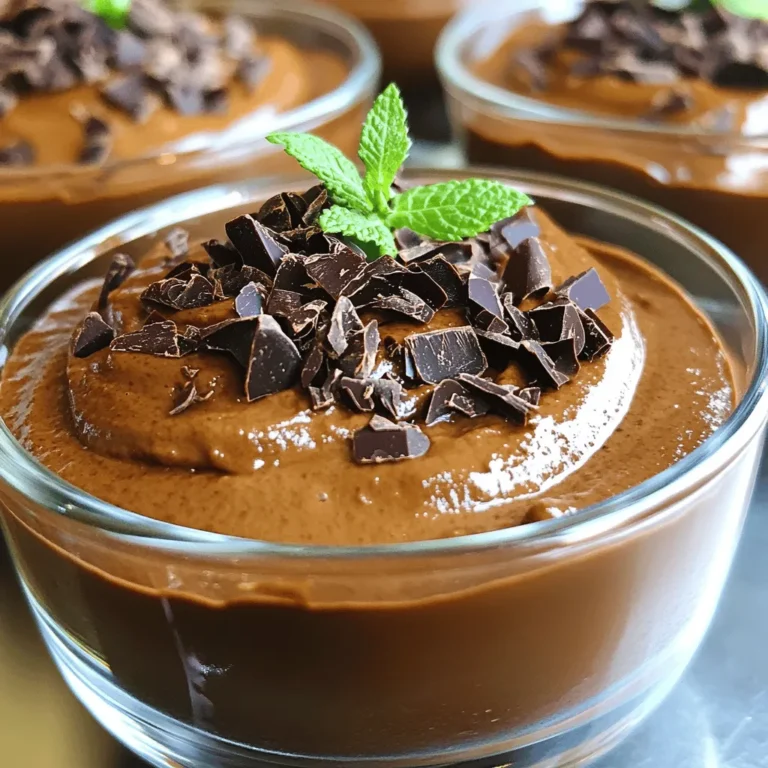 - 2 ripe avocados - 1/2 cup unsweetened cocoa powder - 1/4 cup maple syrup (or honey) - 1/4 cup almond milk (or coconut milk) - 1 teaspoon pure vanilla extract - Pinch of fine sea salt You need ripe avocados for the best taste. They add creaminess and healthy fats to the mousse. Unsweetened cocoa powder gives rich chocolate flavor. Maple syrup or honey adds sweetness without being too sugary. Almond milk makes the mousse smooth. If you want a creamier mousse, use coconut milk instead. A pinch of sea salt balances the flavors well. - Dark chocolate shavings - Fresh mint leaves Garnishes make your mousse look fancy. Dark chocolate shavings add a touch of elegance and extra chocolate flavor. Fresh mint leaves brighten up the dish and add a pop of color. You can get the full recipe for more details on making this delightful treat. - Step 1: Blend ripe avocados Start by taking your ripe avocados. Cut them in half, remove the pit, and scoop the flesh into a food processor. Blend them on high speed. Keep blending until they turn silky and smooth. You might need to scrape down the sides to blend well. - Step 2: Add remaining ingredients Next, add in the unsweetened cocoa powder, maple syrup, almond milk, vanilla extract, and a pinch of sea salt. These ingredients will make your mousse rich and tasty. Blend everything together until it is completely smooth. - Step 3: Achieve smooth consistency Make sure the mixture looks glossy and thick. Stop to scrape the sides of the bowl to mix everything. If you see any lumps, blend a bit longer. This helps create that creamy mousse texture. - Step 4: Adjust sweetness if needed Taste your mousse now. If you want it sweeter, add just a bit more maple syrup or honey. Blend it again to mix in the sweetness. This is your chance to make it perfect. - Step 5: Transfer to serving bowls Once you like the taste, carefully spoon the mousse into individual bowls or cups. This makes it easy to serve and enjoy. Aim for an even amount in each bowl. - Step 6: Chill in refrigerator Cover the bowls and place them in the fridge. Let them chill for at least 30 minutes. Chilling helps the mousse firm up and lets the flavors blend. For the full recipe, be sure to check the details mentioned earlier. Enjoy this creamy and delicious treat! To make the best chocolate avocado mousse, you need ripe avocados. They should feel soft but not mushy when you press them. This gives your mousse a rich texture. Blend the avocados thoroughly in your food processor. This step helps to create a creamy base. You want it to be silky smooth, so take your time here. If you skip this, the mousse might feel chunky. For a stunning look, serve your mousse in clear cups. This lets the deep, dark color shine through. You can add a drizzle of extra maple syrup on top for a sweet touch. This also makes the dessert more appealing. Don't forget to sprinkle dark chocolate shavings and a mint leaf as a finishing touch. These garnishes add elegance and flavor to your dish. For the full recipe, check out the instructions and enjoy this creamy treat! {{image_4}} You can make your chocolate avocado mousse even better with a few tweaks. - Add a pinch of espresso powder: This small addition will boost the chocolate flavor. It gives a rich and deep taste that chocolate lovers will enjoy. - Experiment with different types of sweeteners: You can try agave syrup, stevia, or brown sugar. Each sweetener brings its own unique taste. Play around to find your perfect match! You can easily adapt this mousse to fit different diets. - Vegan options with maple syrup: If you want to keep it vegan, stick with pure maple syrup. It adds sweetness without any animal products. - Nut-free alternatives using different milk: If you have nut allergies, use oat milk or rice milk instead of almond milk. These options keep your mousse creamy without nuts. For the full recipe, check out the [Full Recipe]. Store your chocolate avocado mousse in an airtight container. This helps keep it fresh. The mousse can last up to three days in the fridge. Make sure to cover it well. If you notice any browning, stir it before serving. You can freeze leftover mousse for later use. To freeze, scoop the mousse into a freezer-safe container. Leave some space at the top for expansion. When you want to enjoy it again, thaw it in the fridge overnight. Avoid thawing in the microwave, as it can change the texture. After thawing, stir the mousse gently to restore its creamy consistency. Enjoy your mousse as a quick treat! Yes, you can use other sweeteners in this mousse. If you want to skip maple syrup or honey, try agave syrup or coconut sugar. Both options work well and can add a unique flavor. For a low-calorie option, you could also use stevia or monk fruit sweetener. Just remember, the amount may vary. Start small and taste as you go, adjusting to your preference. Yes, this recipe is vegan-friendly! Use maple syrup instead of honey. Also, almond milk is a great choice, but you can use coconut milk too. Both options are plant-based. This mousse fits perfectly in a vegan diet, so enjoy it without worry! To make your mousse thicker, you can add a bit more cocoa powder. This addition will help give it a richer texture. Another option is to chill the mousse longer in the fridge. The coolness helps set the mousse's structure. Lastly, if you want, blend in a bit of silken tofu. It adds creaminess without altering the flavor much. This blog post shared a simple recipe for a rich avocado mousse. We covered the key ingredients, like ripe avocados and cocoa powder. I detailed preparation steps to ensure a smooth consistency and offered tips for a great presentation. You learned fun variations to suit different diets and tastes. In summary, this dessert is easy to make and customizable. Enjoying a healthy treat can be delicious and fun!