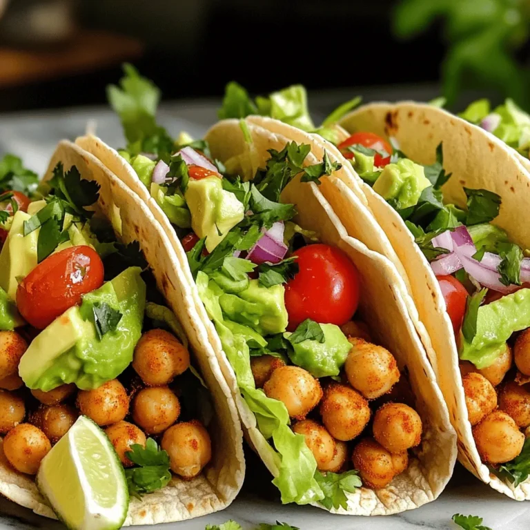 - 1 can chickpeas, drained and rinsed - 1 tablespoon olive oil - 1 teaspoon smoked paprika - 1 teaspoon ground cumin - 1 teaspoon garlic powder - ½ teaspoon onion powder - ½ teaspoon chili powder - Sea salt and freshly ground black pepper to taste - 8 small corn or flour tortillas - 1 cup shredded romaine lettuce - 1 ripe avocado, diced - ½ cup cherry tomatoes, halved - ¼ cup red onion, finely chopped - ¼ cup fresh cilantro, chopped - Lime wedges, for serving - Optional: Hot sauce for drizzling These crispy chickpea tacos are both vegan and gluten-free. You can swap the chickpeas for other legumes, like black beans or lentils, if you wish. Use gluten-free tortillas to keep it safe for those with gluten allergies. If you have nut allergies, this recipe is friendly too. Just focus on fresh veggies and spices. You can mix and match toppings based on what you love or have on hand! 1. Preheat the oven: First, set your oven to 400°F (200°C). This is the perfect temperature for crispy chickpeas. 2. Dry and season the chickpeas: Drain and rinse the chickpeas. Spread them on a clean towel and pat them dry. This step is key for a crunchy texture. In a bowl, mix the chickpeas with olive oil and spices: smoked paprika, ground cumin, garlic powder, onion powder, chili powder, salt, and pepper. Toss well to coat every chickpea. 3. Baking the chickpeas: Line a baking sheet with parchment paper. Spread the seasoned chickpeas in a single layer. Bake for 25 to 30 minutes. Shake the pan halfway through. Look for a golden brown color and a crispy texture. 4. Warming the tortillas: While the chickpeas bake, warm the tortillas. Heat a skillet over low heat. Place each tortilla in the pan for about 30 seconds on each side. You want them warm and soft. 5. Assembling the tacos with toppings: Once the chickpeas are crispy, it’s time to build your tacos. Take a warm tortilla and add a generous scoop of crispy chickpeas. Top with shredded romaine lettuce, diced avocado, halved cherry tomatoes, finely chopped red onion, and fresh cilantro. 6. Finish with lime and spice: Squeeze fresh lime juice over the tacos. If you like heat, drizzle some hot sauce on top. Now you're ready to enjoy a delicious and satisfying meal! For the complete recipe, check out the Full Recipe section. To make crispy chickpeas, drying is key. Start by draining the chickpeas well. After draining, spread them on a clean kitchen towel. Pat them gently to remove moisture. This step is vital for getting that perfect crunch. Wet chickpeas will steam instead of roast, and you’ll miss out on the crispiness you want. For baking, use a high temperature of 400°F (200°C). Spread the chickpeas evenly on a parchment-lined baking sheet. Avoid crowding them; this ensures they roast and not steam. Bake them for 25 to 30 minutes. Shake the pan halfway through to help them cook evenly. When golden brown and crunchy, they are ready. Toppings can truly elevate your tacos. I love adding shredded romaine lettuce for crunch. Diced avocado brings a creamy touch. Halved cherry tomatoes add sweetness, while red onion gives a bit of bite. Fresh cilantro ties everything together with a burst of flavor. For a fun presentation, arrange the tacos on a large platter. Add extra lime wedges around the tacos for color and freshness. A sprinkle of chopped cilantro on top makes it look fancy. You can also drizzle hot sauce over them for those who love spice. For the full recipe, check out the complete guide on how to make these delightful tacos. {{image_4}} You can change up your crispy chickpea tacos in many ways. Spice blends can transform their taste. Try using taco seasoning for a classic twist. You can also add curry powder for an Indian flavor or za'atar for a Middle Eastern vibe. Toppings are another chance to get creative. Here are some options to consider: - Shredded cabbage for crunch - Sliced jalapeños for heat - Crumbled feta for creaminess - Pineapple salsa for sweetness - Cilantro lime crema for richness Mix and match these ideas to find your favorite flavor combo! Tacos can be served in different ways. Traditional tacos use soft tortillas, but that’s not your only option. You can create taco bowls by using a bowl of rice instead of a tortilla. This way, you get all the flavors without the wrap. If you prefer something different, try using lettuce leaves. They add a fresh, crisp element and keep it low-carb. When it comes to tortillas, you have choices too. Corn tortillas are classic, but flour tortillas work well too. You can also find whole wheat or gluten-free tortillas for a healthier option. Experimenting with these styles makes every meal unique! For the full recipe, check out the detailed instructions above. To keep your crispy chickpeas fresh, store them in an airtight container. This helps prevent moisture, which can make them soft. If you have leftover tacos, store the chickpeas and toppings separately. This keeps everything fresh and tasty. You can keep the crispy chickpeas for up to three days. The toppings, like avocado and lettuce, should be eaten sooner for the best flavor and texture. To reheat chickpeas, use the oven. Preheat it to 350°F (175°C). Spread the chickpeas on a baking sheet and heat for about 10 minutes. This method helps them regain their crispiness. For tortillas, you can use a skillet. Heat the skillet over low heat. Place each tortilla in the skillet for about 20 seconds on each side. This warms them up without making them hard. Enjoy your leftover tacos just as much as the first time! You can find the full recipe for these amazing tacos to make again! How long do crispy chickpeas last? Crispy chickpeas can last up to a week if stored properly. Keep them in an airtight container at room temperature. They may lose some crunch over time, but they will still taste good. Can I make crispy chickpeas ahead of time? Yes, you can make crispy chickpeas ahead of time. Just store them in an airtight container. Reheat them in the oven for a few minutes to regain their crispiness before serving. Can I substitute chickpeas with other legumes? Yes, you can use other legumes like black beans or lentils. However, cooking times and methods may differ. Chickpeas work best for a crispy texture, but feel free to experiment with your favorites. What’s the best way to customize taco toppings? You can customize your toppings based on your taste. Try adding shredded cheese, salsa, or pickled jalapeños. You can also mix in fresh herbs like parsley or dill for extra flavor. The full recipe gives you a great base to build on! This blog post shared easy steps to make tasty chickpea tacos. We covered each ingredient, from chickpeas to tortillas, and discussed dietary needs. I shared tips for making crispy chickpeas and presented ideas for serving. You learned how to store leftovers and reheat them properly. In the end, these chickpea tacos are a fun and tasty meal. Enjoy exploring flavors and making your own combinations. You’ll love how simple it is to create a dish you can feel good about.