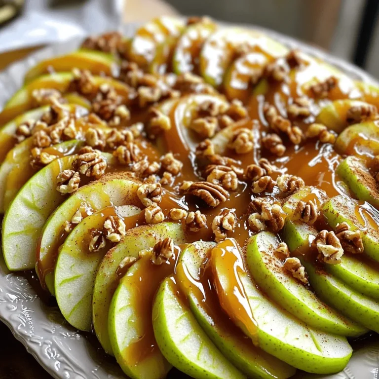 To make this caramel apple dip, you need these main ingredients: - 4 medium apples (preferably Granny Smith or Fuji), cored and sliced into wedges - 1 cup packed brown sugar - 1/2 cup unsalted butter (1 stick) - 1/4 cup heavy cream - 1 teaspoon pure vanilla extract - 1/2 teaspoon fine sea salt - 1 cup chopped nuts (preferably walnuts or pecans) for garnish You can add extra flavors to make your dip unique: - 1/2 teaspoon ground cinnamon (for a warm taste) - A pinch of sea salt to enhance sweetness - Drizzle of chocolate sauce for a sweet twist If you don’t have some ingredients, here are some swaps: - Use coconut oil instead of unsalted butter for a dairy-free version. - Substitute heavy cream with canned coconut milk for a vegan option. - Instead of brown sugar, you can use maple syrup for a different flavor profile. For the full recipe, check out Caramel Apple Wonderland. To make the best caramel apple dip, gather your ingredients. You will need apples, brown sugar, butter, heavy cream, vanilla, sea salt, and nuts. Choose your favorite apples, like Granny Smith or Fuji. These apples give a nice balance of sweet and tart. 1. Start by melting the butter in a medium saucepan over medium heat. Watch for it to foam gently. 2. Next, stir in the brown sugar. Mix well until it forms a thick and shiny mixture. 3. Slowly add the heavy cream while stirring. This helps keep the texture smooth. 4. Let the mixture come to a gentle simmer. Reduce the heat to low and let it bubble softly for about five minutes. Stir occasionally to avoid burning. 5. Remove the pan from heat. Mix in the vanilla and sea salt. If you want a warm flavor, add ground cinnamon. 6. Allow the caramel to cool for about ten minutes. It will thicken more as it cools. 7. While the caramel cools, slice your apples and arrange them nicely on a platter. 8. Pour the warm caramel sauce over the apple slices. Make sure each slice gets a good coat. 9. Finish by sprinkling the chopped nuts over the top for extra crunch. - Use a heavy-bottomed saucepan. This helps distribute heat evenly. - Stir constantly to keep the caramel smooth and avoid burning. - If the caramel is too thick, you can add a bit more cream to loosen it. - To enhance flavor, try adding a pinch of sea salt on top before serving. For the full recipe, check out Caramel Apple Wonderland . Enjoy your delightful treat! Serving caramel apple dip is fun and easy. Use a large platter for the apple slices. I like to arrange them in a circle. This way, everyone can reach the dip. You can also add small skewers or forks. They make it easy to grab a slice. Consider drizzling extra caramel over the top. A sprinkle of cinnamon adds a nice touch. When melting caramel, use a heavy saucepan. It helps heat the caramel evenly. Start on medium heat and watch closely. Stir often to prevent burning. Adding cream slowly helps keep the mixture smooth. If you see lumps, keep stirring until they disappear. Remember, patience is key. Once it thickens, remove it from heat to avoid overcooking. One common mistake is cooking caramel too long. If it gets too hard, it won’t coat the apples well. Another issue is not stirring enough. This can lead to uneven melting. Make sure to choose fresh apples. Old apples can be mushy and hard to dip. Lastly, don’t skip the salt. It enhances the flavor and balances the sweetness. For the full recipe, check out the Caramel Apple Wonderland . {{image_4}} If you love chocolate, this dip is for you! Start with the caramel base from the Full Recipe. Once it's thick, stir in half a cup of chocolate chips. This will create a rich, creamy blend. You can use dark, milk, or white chocolate. Each adds its own flavor twist. Serve with apple slices for a sweet treat. The chocolate and caramel combo will make your taste buds dance! Not everyone can enjoy nuts. No worries! You can skip the chopped nuts altogether. Instead, use crushed graham crackers or cookies. They add a nice crunch and flavor. You can also top the caramel with mini marshmallows. This makes a fun and safe alternative. Everyone can enjoy this tasty dip, nut-free and delicious! For a cozy twist, try adding pumpkin spice! Mix in half a teaspoon of pumpkin pie spice into your caramel sauce. This gives it a warm, fall flavor. You can also use a touch of maple syrup for added sweetness. Serve this version during fall gatherings. It will impress your friends and family with a seasonal touch. Each bite will remind you of chilly autumn days! To store caramel apple dip, place it in an airtight container. Make sure the dip cools down first. Keep it in the fridge for up to five days. If you see it getting too thick, add a little cream to soften it. When you want to serve it warm again, gently reheat the dip. Use a microwave or a small pot on low heat. If using a microwave, heat in short bursts of 15 seconds. Stir well after each burst. If it thickens too much, add a splash of cream to loosen it. Keep leftover apple slices fresh by placing them in a bowl of cold water with a bit of lemon juice. This will help prevent browning. You can also wrap them tightly in plastic wrap or place them in a sealed bag. Store them in the fridge and use within two days for the best taste. Yes, you can make caramel apple dip ahead of time. Prepare the caramel sauce and let it cool completely. Store it in an airtight container in the fridge. When you're ready to serve, gently reheat it in a saucepan over low heat. Stir until smooth. This method saves time and allows you to enjoy the dip anytime. The best apples for dipping are tart and crisp varieties. I recommend Granny Smith or Fuji apples. Their firm texture holds up well against the caramel. The tartness of Granny Smith pairs nicely with sweet caramel. Fuji apples offer a sweet crunch that balances flavors. Choose your favorite for a delightful dip experience. Homemade caramel can last for about two weeks in the fridge. Store it in an airtight container to keep it fresh. If you notice any changes in texture or smell, it's best to toss it. Always check before using. Enjoy your delicious caramel while it's fresh for the best taste! Caramel apple dip is a fun treat that everyone loves. This recipe is easy and quick. You can enjoy it in just 25 minutes. Here are the ingredients you need: - 4 medium apples (preferably Granny Smith or Fuji), cored and sliced into wedges - 1 cup packed brown sugar - 1/2 cup unsalted butter (1 stick) - 1/4 cup heavy cream - 1 teaspoon pure vanilla extract - 1/2 teaspoon fine sea salt - 1 cup chopped nuts (preferably walnuts or pecans) for garnish - 1/2 teaspoon ground cinnamon (optional, for a warm flavor) Now, let's dive into how to make this delicious dip. First, melt the butter in a medium saucepan over medium heat. Watch for it to foam gently. Once melted, mix in the brown sugar. Stir until it forms a thick mixture. Next, slowly add the heavy cream while stirring. This prevents lumps from forming. Bring the mixture to a gentle simmer. Lower the heat and let it bubble softly for about five minutes. Stir occasionally. After that time, the sauce should thicken slightly. Remove the pan from the heat. Add in the vanilla and sea salt. If you want a warm flavor, mix in the cinnamon. Let the caramel cool in the pan for about ten minutes. It will continue to thicken as it cools. While it cools, arrange your apple slices on a large platter. Pour the warm caramel sauce over the apples. Make sure each slice is coated well. Finally, sprinkle the chopped nuts on top. This adds a nice crunch to your dip. For serving, use skewers or small forks. You can also drizzle extra caramel on the platter for a beautiful look. This caramel apple dip is sure to delight everyone! Enjoy the sweet taste and fun texture of this treat. This blog post covered everything you need for caramel apple dip. We discussed the key ingredients and your options for customizing them. I shared a step-by-step guide to help you make it perfectly. You learned tips for serving and melting caramel, plus common mistakes to avoid. Variations like chocolate or seasonal flavors will keep it fun. Finally, I explained how to store your dip and answered common questions. Try making your own caramel apple dip. You’ll enjoy the sweet results. Happy dipping!