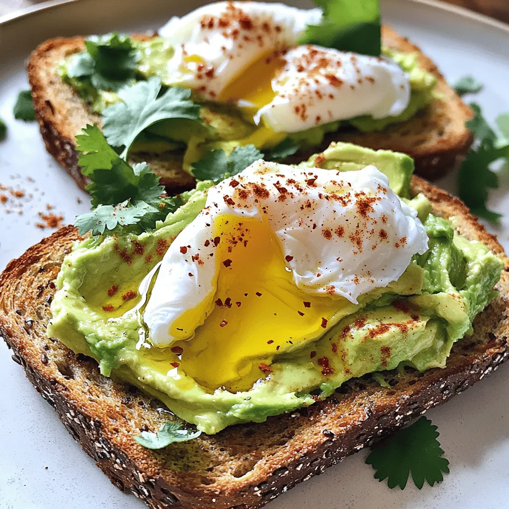 - 2 ripe avocados - 4 slices of whole-grain bread - 4 large eggs - 1 tablespoon white vinegar - 1 lime, juiced - 1/2 teaspoon garlic powder - 1/4 teaspoon crushed red pepper flakes (optional) - Fresh herbs (cilantro or parsley) - Olive oil for drizzling - Salt and pepper to taste When making avocado toast with poached eggs, select ripe avocados. They should feel soft but not mushy. Use whole-grain bread for a nutty flavor and better texture. Large eggs are perfect for poaching, as they have a good amount of white and yolk. For seasoning, white vinegar helps the egg whites set during poaching. Lime juice adds a refreshing zing to the avocado. Garlic powder gives depth, while crushed red pepper flakes bring a hint of heat. You can add salt and pepper to enhance the taste. Feel free to get creative with optional additions. Fresh herbs like cilantro or parsley add brightness. A drizzle of olive oil can enhance richness. First, grab your whole-grain bread. I like to use four slices. Toast them until they turn golden brown. You want that perfect crunch! I often use a toaster or a skillet for this. Once done, remove them and set aside. Next, take the ripe avocados. Cut them in half and scoop out the flesh into a bowl. Add lime juice, garlic powder, salt, and pepper. Use a fork to mash everything together. I like a creamy yet chunky texture. This gives it a nice mouthfeel! Now, it’s time for the eggs. Fill a medium pot with water and add white vinegar. Heat the pot until it simmers softly. Crack one egg into a bowl, then slide it into the water. Do this for the rest of the eggs. Poach them for about 3-4 minutes. The whites should be set, but the yolks need to be runny. Use a slotted spoon to take them out and let them drain on a paper towel. Now, let’s build the toast! Take your toasted bread and spread a thick layer of avocado mash on each slice. Make sure to cover the edges for maximum flavor. Place one poached egg on each slice. This adds a nice touch! Sprinkle with crushed red pepper flakes if you want a bit of spice. Drizzle olive oil over each toast and season with salt and pepper. Finally, sprinkle chopped fresh cilantro or parsley for color and freshness. Enjoy your flavorful avocado toast with poached egg! For the complete recipe, check out [Full Recipe]. - <strong>Choosing the right bread:</strong> Use whole-grain bread for a hearty base. It adds fiber and keeps you full longer. Sourdough also works well for a tangy kick. Try different types to find your favorite. – <strong>Achieving the best avocado consistency:</strong> Look for ripe avocados that yield slightly when pressed. Mash them until creamy but still chunky. This gives a nice texture on the toast. – <strong>Avoiding common poaching mistakes:</strong> Use a gentle simmer, not a rolling boil. Too much movement can ruin the egg shape. Add a splash of vinegar to help the whites set quickly. – <strong>Ensuring the yolk remains runny:</strong> Poach the eggs for about 3-4 minutes. This time ensures the whites are firm but the yolk is still soft. If you like a firmer yolk, adjust the timing as needed. – <strong>Experimenting with spices:</strong> Add garlic powder or crushed red pepper flakes for a flavor boost. A sprinkle of smoked paprika can also add depth. Don’t be afraid to try new spices! – <strong>Suggestions for herb pairings:</strong> Fresh herbs like cilantro or parsley brighten the dish. Chives or dill can also bring in unique tastes. Experiment with different herbs to find your perfect match. For the complete recipe, check the [Full Recipe](#). {{image_4}} You can mix up your avocado toast with unique toppings. – <strong>Adding smoked salmon</strong>: This adds a rich flavor and protein boost. Place a slice on top of your poached egg for a tasty twist. – <strong>Incorporating feta cheese</strong>: Crumble some feta on the avocado. This adds a salty kick and creamy texture that complements the smooth avocado. The bread you choose can change the whole dish. – <strong>Gluten-free alternatives</strong>: If you’re avoiding gluten, try almond or coconut flour bread. These options maintain a nice texture. – <strong>Sourdough or rye variations</strong>: Both sourdough and rye add depth and flavor. They give a hearty base that pairs well with avocado. Enhance your toast with some fresh flavors. – <strong>Incorporating tomatoes or radishes</strong>: Sliced tomatoes add juiciness, while radishes give a nice crunch. Both bring brightness to your dish. – <strong>Trying different spices</strong>: Experiment with cumin or smoked paprika. These spices can elevate the taste and make your toast pop. Feel free to use the Full Recipe to create your own personalized version! To keep your avocado toast fresh, you need to store it right. First, if you have leftover avocado spread, put it in an airtight container. Make sure to press a piece of plastic wrap on the surface to limit air contact. This helps reduce browning. Store it in the fridge for up to two days. For poached eggs, place them in a separate container. Cover them with water to keep them moist. You can keep them in the fridge for one day. When you want to enjoy your toast again, reheat it carefully. You can put the bread in a toaster or a skillet. Toast it for a few minutes until it is warm and crispy. For the poached eggs, gently warm them in hot water for a minute. This method helps keep the yolk runny and the egg tender. Avoid using the microwave; it can make the eggs tough. To prevent your avocado spread from browning, use lime juice. The acid helps slow down oxidation. In addition, store the spread in a small container to limit air exposure. Use a container with a tight seal to keep it fresh. If you have extra avocado, cut it and store it with the pit. The pit can help slow browning too. To make perfect poached eggs, start with fresh eggs. Fresh eggs hold their shape better. Use a medium pot and fill it with water. Add one tablespoon of white vinegar to help the eggs set. Heat the water to a soft simmer, not a rolling boil. Crack each egg into a small bowl first. Gently slide the egg into the water. Cook for 3-4 minutes for a runny yolk. Use a slotted spoon to lift the egg out. Drain on a paper towel. You can prepare some parts ahead of time. Toast the bread and store it in a sealed bag. Mash the avocados just before serving. To keep the avocado fresh, add lime juice and cover it tightly. If you make the avocado mash early, use it within a few hours. Keep it in the fridge to slow browning. Assemble the toast just before eating for the best taste. There are many delicious toppings you can try. Add smoked salmon for a savory twist. Feta cheese adds a nice creaminess. Fresh tomatoes or radishes can brighten up your toast. For a spicy kick, try sliced jalapeños or hot sauce. You can also mix in herbs like dill or basil for extra flavor. Yes, avocado toast can be healthy every day. Avocados are full of good fats and fiber. They help keep your heart healthy and can lower bad cholesterol. They also contain vitamins like E and C. Pair your toast with a poached egg for protein. This makes a balanced meal that fuels your day. Enjoy without worry! Avocado toast is simple and tasty. It starts with ripe avocados, whole-grain bread, and eggs. Follow the steps to toast bread, mash avocados, and poach eggs perfectly. Don’t forget the seasoning and garnishing for extra flavor! You can try different toppings and types of bread to keep things fresh. Store your leftovers properly to enjoy them later. Remember, avocado toast is healthy, making it a great choice every day! Dive in and make your perfect dish today!” /></p>
</p>
<h2>Variations</h2>
</p>
<h3>Alternative Toppings</h3>
<p>You can mix up your avocado toast with unique toppings.</p>
<p>– <strong>Adding smoked salmon</strong>: This adds a rich flavor and protein boost. Place a slice on top of your poached egg for a tasty twist.</p>
<p>– <strong>Incorporating feta cheese</strong>: Crumble some feta on the avocado. This adds a salty kick and creamy texture that complements the smooth avocado.</p>
</p>
<h3>Different Bread Options</h3>
<p>The bread you choose can change the whole dish.</p>
<p>– <strong>Gluten-free alternatives</strong>: If you’re avoiding gluten, try almond or coconut flour bread. These options maintain a nice texture.</p>
<p>– <strong>Sourdough or rye variations</strong>: Both sourdough and rye add depth and flavor. They give a hearty base that pairs well with avocado.</p>
</p>
<h3>Flavorful Additions</h3>
<p>Enhance your toast with some fresh flavors.</p>
<p>– <strong>Incorporating tomatoes or radishes</strong>: Sliced tomatoes add juiciness, while radishes give a nice crunch. Both bring brightness to your dish.</p>
<p>– <strong>Trying different spices</strong>: Experiment with cumin or smoked paprika. These spices can elevate the taste and make your toast pop.</p>
</p>
<p>Feel free to use the Full Recipe to create your own personalized version!</p>
</p>
<h2>Storage Info</h2>
</p>
<h3>How to Store Leftovers</h3>
<p>To keep your avocado toast fresh, you need to store it right. First, if you have leftover avocado spread, put it in an airtight container. Make sure to press a piece of plastic wrap on the surface to limit air contact. This helps reduce browning. Store it in the fridge for up to two days. For poached eggs, place them in a separate container. Cover them with water to keep them moist. You can keep them in the fridge for one day.</p>
</p>
<h3>Reheating Recommendations</h3>
<p>When you want to enjoy your toast again, reheat it carefully. You can put the bread in a toaster or a skillet. Toast it for a few minutes until it is warm and crispy. For the poached eggs, gently warm them in hot water for a minute. This method helps keep the yolk runny and the egg tender. Avoid using the microwave; it can make the eggs tough.</p>
</p>
<h3>Avoiding Oxidation</h3>
<p>To prevent your avocado spread from browning, use lime juice. The acid helps slow down oxidation. In addition, store the spread in a small container to limit air exposure. Use a container with a tight seal to keep it fresh. If you have extra avocado, cut it and store it with the pit. The pit can help slow browning too.</p>
</p>
<h2>FAQs</h2>
</p>
<h3>How do I make perfectly poached eggs?</h3>
<p>To make perfect poached eggs, start with fresh eggs. Fresh eggs hold their shape better. Use a medium pot and fill it with water. Add one tablespoon of white vinegar to help the eggs set. Heat the water to a soft simmer, not a rolling boil. Crack each egg into a small bowl first. Gently slide the egg into the water. Cook for 3-4 minutes for a runny yolk. Use a slotted spoon to lift the egg out. Drain on a paper towel.</p>
</p>
<h3>Can I make avocado toast in advance?</h3>
<p>You can prepare some parts ahead of time. Toast the bread and store it in a sealed bag. Mash the avocados just before serving. To keep the avocado fresh, add lime juice and cover it tightly. If you make the avocado mash early, use it within a few hours. Keep it in the fridge to slow browning. Assemble the toast just before eating for the best taste.</p>
</p>
<h3>What variations can I try with avocado toast?</h3>
<p>There are many delicious toppings you can try. Add smoked salmon for a savory twist. Feta cheese adds a nice creaminess. Fresh tomatoes or radishes can brighten up your toast. For a spicy kick, try sliced jalapeños or hot sauce. You can also mix in herbs like dill or basil for extra flavor.</p>
</p>
<h3>Is it healthy to eat avocado toast every day?</h3>
<p>Yes, avocado toast can be healthy every day. Avocados are full of good fats and fiber. They help keep your heart healthy and can lower bad cholesterol. They also contain vitamins like E and C. Pair your toast with a poached egg for protein. This makes a balanced meal that fuels your day. Enjoy without worry!</p>
</p>
<p>Avocado toast is simple and tasty. It starts with ripe avocados, whole-grain bread, and eggs. Follow the steps to toast bread, mash avocados, and poach eggs perfectly. Don’t forget the seasoning and garnishing for extra flavor!</p>
</p>
<p>You can try different toppings and types of bread to keep things fresh. Store your leftovers properly to enjoy them later. Remember, avocado toast is healthy, making it a great choice every day! Dive in and make your perfect dish today!</p>
<div id=