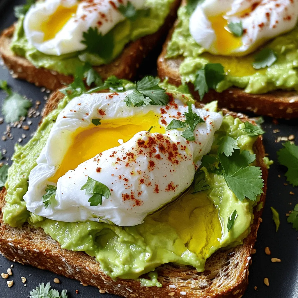 - 2 ripe avocados - 4 slices of whole-grain bread - 4 large eggs - 1 tablespoon white vinegar - 1 lime, juiced - 1/2 teaspoon garlic powder - 1/4 teaspoon crushed red pepper flakes (optional) - Fresh herbs (cilantro or parsley) - Olive oil for drizzling - Salt and pepper to taste When making avocado toast with poached eggs, select ripe avocados. They should feel soft but not mushy. Use whole-grain bread for a nutty flavor and better texture. Large eggs are perfect for poaching, as they have a good amount of white and yolk. For seasoning, white vinegar helps the egg whites set during poaching. Lime juice adds a refreshing zing to the avocado. Garlic powder gives depth, while crushed red pepper flakes bring a hint of heat. You can add salt and pepper to enhance the taste. Feel free to get creative with optional additions. Fresh herbs like cilantro or parsley add brightness. A drizzle of olive oil can enhance richness. First, grab your whole-grain bread. I like to use four slices. Toast them until they turn golden brown. You want that perfect crunch! I often use a toaster or a skillet for this. Once done, remove them and set aside. Next, take the ripe avocados. Cut them in half and scoop out the flesh into a bowl. Add lime juice, garlic powder, salt, and pepper. Use a fork to mash everything together. I like a creamy yet chunky texture. This gives it a nice mouthfeel! Now, it’s time for the eggs. Fill a medium pot with water and add white vinegar. Heat the pot until it simmers softly. Crack one egg into a bowl, then slide it into the water. Do this for the rest of the eggs. Poach them for about 3-4 minutes. The whites should be set, but the yolks need to be runny. Use a slotted spoon to take them out and let them drain on a paper towel. Now, let’s build the toast! Take your toasted bread and spread a thick layer of avocado mash on each slice. Make sure to cover the edges for maximum flavor. Place one poached egg on each slice. This adds a nice touch! Sprinkle with crushed red pepper flakes if you want a bit of spice. Drizzle olive oil over each toast and season with salt and pepper. Finally, sprinkle chopped fresh cilantro or parsley for color and freshness. Enjoy your flavorful avocado toast with poached egg! For the complete recipe, check out [Full Recipe]. - Choosing the right bread: Use whole-grain bread for a hearty base. It adds fiber and keeps you full longer. Sourdough also works well for a tangy kick. Try different types to find your favorite. - Achieving the best avocado consistency: Look for ripe avocados that yield slightly when pressed. Mash them until creamy but still chunky. This gives a nice texture on the toast. - Avoiding common poaching mistakes: Use a gentle simmer, not a rolling boil. Too much movement can ruin the egg shape. Add a splash of vinegar to help the whites set quickly. - Ensuring the yolk remains runny: Poach the eggs for about 3-4 minutes. This time ensures the whites are firm but the yolk is still soft. If you like a firmer yolk, adjust the timing as needed. - Experimenting with spices: Add garlic powder or crushed red pepper flakes for a flavor boost. A sprinkle of smoked paprika can also add depth. Don't be afraid to try new spices! - Suggestions for herb pairings: Fresh herbs like cilantro or parsley brighten the dish. Chives or dill can also bring in unique tastes. Experiment with different herbs to find your perfect match. For the complete recipe, check the [Full Recipe](#). {{image_4}} You can mix up your avocado toast with unique toppings. - Adding smoked salmon: This adds a rich flavor and protein boost. Place a slice on top of your poached egg for a tasty twist. - Incorporating feta cheese: Crumble some feta on the avocado. This adds a salty kick and creamy texture that complements the smooth avocado. The bread you choose can change the whole dish. - Gluten-free alternatives: If you're avoiding gluten, try almond or coconut flour bread. These options maintain a nice texture. - Sourdough or rye variations: Both sourdough and rye add depth and flavor. They give a hearty base that pairs well with avocado. Enhance your toast with some fresh flavors. - Incorporating tomatoes or radishes: Sliced tomatoes add juiciness, while radishes give a nice crunch. Both bring brightness to your dish. - Trying different spices: Experiment with cumin or smoked paprika. These spices can elevate the taste and make your toast pop. Feel free to use the Full Recipe to create your own personalized version! To keep your avocado toast fresh, you need to store it right. First, if you have leftover avocado spread, put it in an airtight container. Make sure to press a piece of plastic wrap on the surface to limit air contact. This helps reduce browning. Store it in the fridge for up to two days. For poached eggs, place them in a separate container. Cover them with water to keep them moist. You can keep them in the fridge for one day. When you want to enjoy your toast again, reheat it carefully. You can put the bread in a toaster or a skillet. Toast it for a few minutes until it is warm and crispy. For the poached eggs, gently warm them in hot water for a minute. This method helps keep the yolk runny and the egg tender. Avoid using the microwave; it can make the eggs tough. To prevent your avocado spread from browning, use lime juice. The acid helps slow down oxidation. In addition, store the spread in a small container to limit air exposure. Use a container with a tight seal to keep it fresh. If you have extra avocado, cut it and store it with the pit. The pit can help slow browning too. To make perfect poached eggs, start with fresh eggs. Fresh eggs hold their shape better. Use a medium pot and fill it with water. Add one tablespoon of white vinegar to help the eggs set. Heat the water to a soft simmer, not a rolling boil. Crack each egg into a small bowl first. Gently slide the egg into the water. Cook for 3-4 minutes for a runny yolk. Use a slotted spoon to lift the egg out. Drain on a paper towel. You can prepare some parts ahead of time. Toast the bread and store it in a sealed bag. Mash the avocados just before serving. To keep the avocado fresh, add lime juice and cover it tightly. If you make the avocado mash early, use it within a few hours. Keep it in the fridge to slow browning. Assemble the toast just before eating for the best taste. There are many delicious toppings you can try. Add smoked salmon for a savory twist. Feta cheese adds a nice creaminess. Fresh tomatoes or radishes can brighten up your toast. For a spicy kick, try sliced jalapeños or hot sauce. You can also mix in herbs like dill or basil for extra flavor. Yes, avocado toast can be healthy every day. Avocados are full of good fats and fiber. They help keep your heart healthy and can lower bad cholesterol. They also contain vitamins like E and C. Pair your toast with a poached egg for protein. This makes a balanced meal that fuels your day. Enjoy without worry! Avocado toast is simple and tasty. It starts with ripe avocados, whole-grain bread, and eggs. Follow the steps to toast bread, mash avocados, and poach eggs perfectly. Don't forget the seasoning and garnishing for extra flavor! You can try different toppings and types of bread to keep things fresh. Store your leftovers properly to enjoy them later. Remember, avocado toast is healthy, making it a great choice every day! Dive in and make your perfect dish today!
