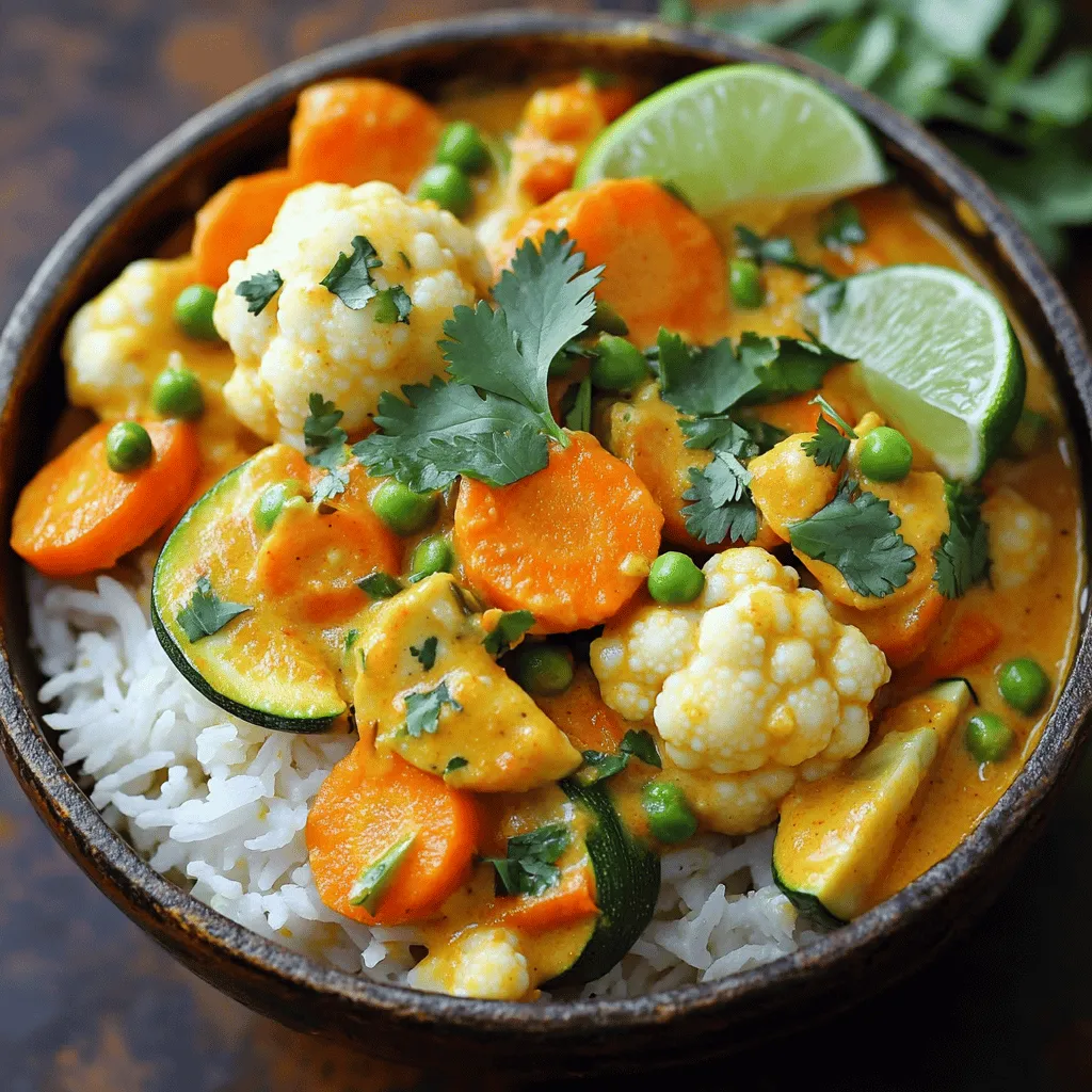 To make my Easy Vegetable Curry, you need a few simple items: - 1 tablespoon coconut oil - 1 medium onion, finely chopped - 2 garlic cloves, minced - 1 tablespoon fresh ginger, grated - 1 tablespoon curry powder - 1 teaspoon ground cumin - 1 can (14 oz) coconut milk - 1 cup vegetable broth - 1 large carrot, thinly sliced - 1 bell pepper (any color), chopped into bite-sized pieces - 1 zucchini, diced - 1 cup cauliflower florets - 1 cup green peas (fresh or frozen) - Salt and pepper, to taste - Fresh cilantro, roughly chopped, for garnish These ingredients come together to create layers of flavor and texture. You can use both fresh and frozen vegetables in this recipe. Fresh veggies have a crisp texture and vibrant flavor. However, frozen vegetables are convenient and often just as nutritious. They are picked at peak ripeness and frozen quickly. If you use frozen peas or cauliflower, just add them at the last few minutes of cooking. This way, they stay bright and tasty! Spices are key in any curry. If you don't have curry powder, try garam masala or turmeric. Both will give a nice flavor twist. Ground cumin adds warmth, but you can use coriander instead for a lighter taste. Always taste as you go. Adjust the spices to fit your palate. With these substitutions, you’ll still make a delicious dish. For the full recipe, check out the details above! To start, grab a large pot and heat 1 tablespoon of coconut oil over medium heat. You want it to shimmer, not smoke. Add 1 medium onion, finely chopped. Sauté it for about 5 minutes until it turns soft and clear. Next, add 2 minced garlic cloves and 1 tablespoon of grated ginger. Stir for 1-2 minutes until it smells amazing. Now, sprinkle in 1 tablespoon of curry powder and 1 teaspoon of ground cumin. Stir to coat the onions in the spices. Let this cook for another minute to wake up those flavors. Now it's time for the fun part! Slowly pour in 1 can of coconut milk and 1 cup of vegetable broth. Stir until combined. Add 1 sliced carrot, chopped bell pepper, diced zucchini, and 1 cup of cauliflower florets. Mix everything well. Raise the heat a bit and bring it to a gentle simmer. Cover the pot and let it cook for 15-20 minutes. You want the veggies tender but still bright and colorful. After that, stir in 1 cup of green peas. Season with salt and pepper to your taste. Cook for another 5 minutes to heat the peas through. Once done, take the pot off the heat and let it cool for a minute. Serve the curry in bowls. Don’t forget the garnish! Add freshly chopped cilantro on top. For a nice touch, serve it over fluffy basmati rice or with warm naan bread. A squeeze of fresh lime juice adds a zesty kick. For the full recipe, check out the details above. Enjoy your Easy Vegetable Curry! To make your easy vegetable curry truly shine, focus on the aromatics. Start with fresh garlic and ginger. They add depth to the dish. When you sauté the onion, cook it until it's soft. This helps unlock its natural sweetness. Don't rush this step; it makes a big difference. Also, consider adding a splash of lime juice at the end. It brightens the flavors and balances the creaminess of the coconut milk. Spice levels can make or break your curry. If you like it mild, cut back on the curry powder. You can always add more later. On the flip side, if you crave heat, toss in some chili flakes or fresh chilies. Start with a small amount and taste as you go. This way, you control the spice and create a dish just right for you. A thick curry feels hearty and rich. If your curry is too thin, don’t worry! You can use a few tricks. One way is to mash some of the cooked vegetables. This adds body without extra ingredients. Another option is to simmer the curry uncovered. This allows some liquid to evaporate, thickening the sauce naturally. If you want, you can also stir in a bit of cornstarch mixed with water. This will quickly thicken your curry while keeping it smooth. For the full recipe, refer to the earlier sections and get cooking! {{image_4}} You can boost the protein in your easy vegetable curry easily. Chickpeas are a great choice. They add a nice texture and flavor. One can of chickpeas gives protein and fiber. You can also use tofu. Firm tofu works best. Just cube it and add it during cooking. It absorbs the curry flavors well. Feel free to change the veggies in your curry. You can use what you like or have. Sweet potatoes add sweetness. Spinach wilts nicely and adds color. Broccoli florets add crunch. Cauliflower is a classic, but you can swap it out. Get creative with seasonal vegetables. Each mix changes the flavor profile. This easy vegetable curry is perfect for both diets. Use coconut milk for a creamy base. It’s vegetarian and vegan-friendly. If you want to add dairy, consider a dollop of yogurt. For vegan options, skip the dairy completely. Always check labels for hidden animal products. This recipe is flexible and can fit your diet needs well. For the full recipe, visit the section above. After enjoying your Easy Vegetable Curry, store any leftovers in an airtight container. This keeps the curry fresh. Place it in the fridge if you plan to eat it within three days. To reheat, pour the curry into a pot over medium heat. Stir gently to avoid burning. Heat it until warm, about 5-7 minutes. You can also use a microwave. Just cover the bowl and heat for 2-3 minutes, stirring halfway. If you want to save the curry for later, freezing works well. Let the curry cool completely before transferring it to freezer-safe bags. Remove as much air as possible to prevent freezer burn. The curry can last up to three months in the freezer. When you're ready, thaw it in the fridge overnight before reheating. Enjoy your flavorful dish again! For the full recipe, see [Full Recipe]. Easy Vegetable Curry lasts about 3 to 4 days in the fridge. Store it in an airtight container. The flavors will deepen as it sits. Always check for any signs of spoilage before eating. Yes, you can make this curry in advance. It actually tastes better the next day! This time allows the flavors to meld and develop. Just cool it down before storing it in the fridge. There are many great sides to pair with vegetable curry. Here are a few ideas: - Basmati rice - Naan bread - Quinoa - Raita (yogurt sauce) - Fresh salad Each of these options brings a unique taste and texture. They complement the curry well and make for a complete meal. For the full recipe, check the section above. This blog post covered everything you need for a great vegetable curry. We talked about ingredients, how to prepare and cook them, and tips to enhance flavor. I provided variations for proteins and vegetables, plus storage info to keep leftovers fresh. Now you have the tools to make a delicious curry. Dive into this tasty dish, and enjoy sharing it with friends and family!