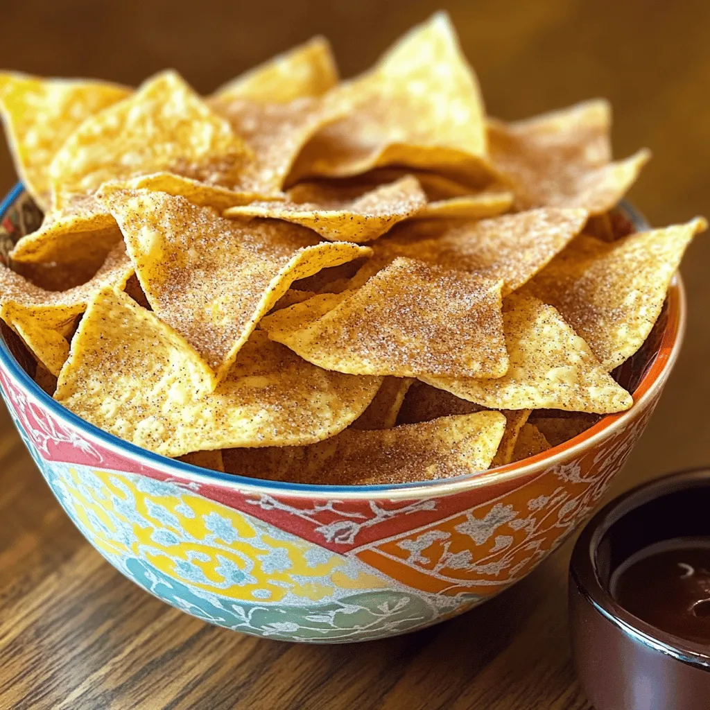 To make delicious cinnamon sugar tortilla chips, you need a few simple items. Here’s what you will need: - 6 small flour tortillas - 1/4 cup granulated sugar - 1 tablespoon ground cinnamon - 1/4 cup unsalted butter, melted - 1/4 teaspoon salt (optional) - 1 teaspoon vanilla extract (optional) These ingredients come together to create a sweet, crunchy treat. You can easily find them at any grocery store. The flour tortillas serve as the base, while the sugar and cinnamon add that classic sweet touch. The melted butter helps everything stick together and gives the chips a rich flavor. If you want to kick it up a notch, consider adding salt and vanilla extract to enhance the taste. Using fresh ingredients makes a big difference in flavor. Always check the expiration dates on your spices. Fresh spices really elevate your snack. This recipe is flexible; feel free to adjust the sugar and cinnamon amounts to suit your taste. For the full recipe, just follow the detailed instructions to whip up these delightful chips in no time! First, preheat your oven to 350°F (175°C). This step ensures your chips bake evenly. Next, line a baking sheet with parchment paper. This makes cleanup easy and helps prevent sticking. In a small mixing bowl, combine 1/4 cup of granulated sugar and 1 tablespoon of ground cinnamon. Whisk them together until they are mixed well. Set this mixture aside for later use. Melt 1/4 cup of unsalted butter. You can do this in the microwave or on the stove. Using a pastry brush, coat both sides of each tortilla with the melted butter. For extra flavor, mix in 1 teaspoon of vanilla extract with the butter before brushing. Stack the buttered tortillas neatly. Use a sharp knife or pizza cutter to slice them into triangles or strips. Aim for 6 to 8 pieces per tortilla. The size can be adjusted based on your preference. Lay the tortilla pieces in a single layer on the lined baking sheet. Make sure they do not overlap. Put the baking sheet in the preheated oven. Bake the chips for 8 to 10 minutes. Keep an eye on them as baking times can vary. You want them to be golden brown and crispy. Once baked, take the chips out of the oven. While they are still warm, sprinkle any leftover cinnamon sugar over the top. If you want, add a dash of salt to boost the flavor. Let the chips cool on the baking sheet for a few minutes. Then, transfer them to a serving bowl. Enjoy your sweet and crunchy cinnamon sugar tortilla chips! To get your tortilla chips nice and crispy, always use fresh tortillas. Old tortillas can turn out chewy. Brush the melted butter evenly over both sides. This helps them crisp up in the oven. Arrange the chips in a single layer on the baking sheet. Overlapping will cause soggy spots. Bake them until they turn golden brown, usually around 8-10 minutes. Keep a close eye on them! You can add more flavor to your cinnamon sugar tortilla chips. Try mixing in a pinch of nutmeg or cardamom with the cinnamon. It gives a warm spice kick. If you enjoy a bit of zest, a drop of orange or lemon zest in the sugar mix works wonders. You can also dip the chips in chocolate or caramel sauce for extra sweetness. One common mistake is not preheating the oven. A hot oven helps the chips cook evenly. Avoid using too much butter; too much will make them greasy. Don’t forget to sprinkle the cinnamon sugar evenly; uneven coating can lead to bland bites. Lastly, let them cool slightly before serving. They will crisp up even more as they cool! For the full recipe, check out the steps above! {{image_4}} If you want gluten-free chips, use corn tortillas. They give the same crunch and flavor. Just follow the same steps in the recipe. Brush them with melted butter or oil, then coat with cinnamon sugar. Bake until golden. Enjoy your gluten-free snack with no worry! For vegan chips, swap the butter for coconut oil or a vegan butter. The process remains the same. Brush the tortillas with your chosen oil and sprinkle with cinnamon sugar. Bake until crisp. These chips are just as tasty, and everyone can enjoy them! You can use different sweeteners for your chips. Try using brown sugar for a richer flavor. Or, opt for coconut sugar for a healthier twist. For a low-calorie version, consider using a sugar substitute like stevia. Just remember to adjust the amount based on the sweetness level. Each choice brings a unique taste to your cinnamon sugar tortilla chips! To keep your cinnamon sugar tortilla chips fresh, store them in an airtight container. Make sure they are completely cool before sealing. This helps prevent moisture buildup. You can also use a resealable plastic bag. If you have space, place a piece of parchment paper inside to absorb any excess moisture. This will keep your chips crisp! If your chips lose their crunch, don’t worry! You can easily recrisp them. Preheat your oven to 350°F (175°C). Spread the chips in a single layer on a baking sheet. Bake for about 5 minutes, watching closely. Remove them once they are warm and crisp. This method works wonders and brings back that delightful crunch. When stored properly, cinnamon sugar tortilla chips last about 5 days. If you want to extend their freshness, consider freezing them. Wrap the chips tightly in plastic wrap or foil, then place them in a freezer bag. They can last up to 2 months in the freezer. Just remember to let them thaw before you recrisp them. Enjoy your sweet snack anytime! For the complete recipe, check out the Full Recipe section. To make Cinnamon Sugar Tortilla Chips from scratch, follow these steps: 1. Preheat your oven to 350°F (175°C) and line a baking sheet with parchment paper. 2. Mix 1/4 cup of sugar with 1 tablespoon of ground cinnamon in a bowl. 3. Melt 1/4 cup of unsalted butter. Brush both sides of 6 small flour tortillas with the melted butter. 4. Sprinkle the cinnamon sugar mixture on one side of each tortilla. 5. Cut the tortillas into triangles or strips and arrange them on the baking sheet. 6. Bake for 8-10 minutes until they are golden and crispy. This method gives you fresh, warm chips right from your oven. Yes, you can buy pre-made Cinnamon Sugar Tortilla Chips at many grocery stores. Look in the snack aisle or the international foods section. Brands may vary, so check the ingredients for quality. However, homemade chips often taste better and are fresher. Cinnamon Sugar Tortilla Chips can provide some benefits: - Whole grains: If you use whole wheat tortillas, they offer more fiber. - Cinnamon: This spice may help regulate blood sugar. - Energy boost: The sugar gives a quick energy lift. Remember, these chips are a treat. Enjoy them in moderation for a balanced diet. You can serve these chips in many fun ways: - Place them in a colorful bowl or on a decorative platter. - Pair with melted chocolate or caramel sauce for dipping. - Use them as a topping for ice cream or yogurt. These ideas will enhance your snack experience and impress your guests. Several dipping sauces work great with Cinnamon Sugar Tortilla Chips: - Chocolate sauce: A classic choice for sweet flavors. - Caramel sauce: This adds a rich, buttery taste. - Cream cheese dip: Blend cream cheese with sugar and vanilla for a creamy treat. - Fruit salsa: Fresh fruit mixed with lime juice adds a refreshing twist. Experiment with these options to find your favorite! For a complete guide on making these chips, check the Full Recipe. You now know how to make tasty cinnamon sugar tortilla chips. Start with simple ingredients like flour tortillas and granulated sugar. Follow the easy steps to mix, bake, and store your chips. Remember the tips to get perfect crispiness and explore tasty variations for everyone. Enjoy your homemade snacks, whether for a party or movie night. With a little effort, you create a delightful treat that brings smiles. Keep this guide handy for your next snack adventure!