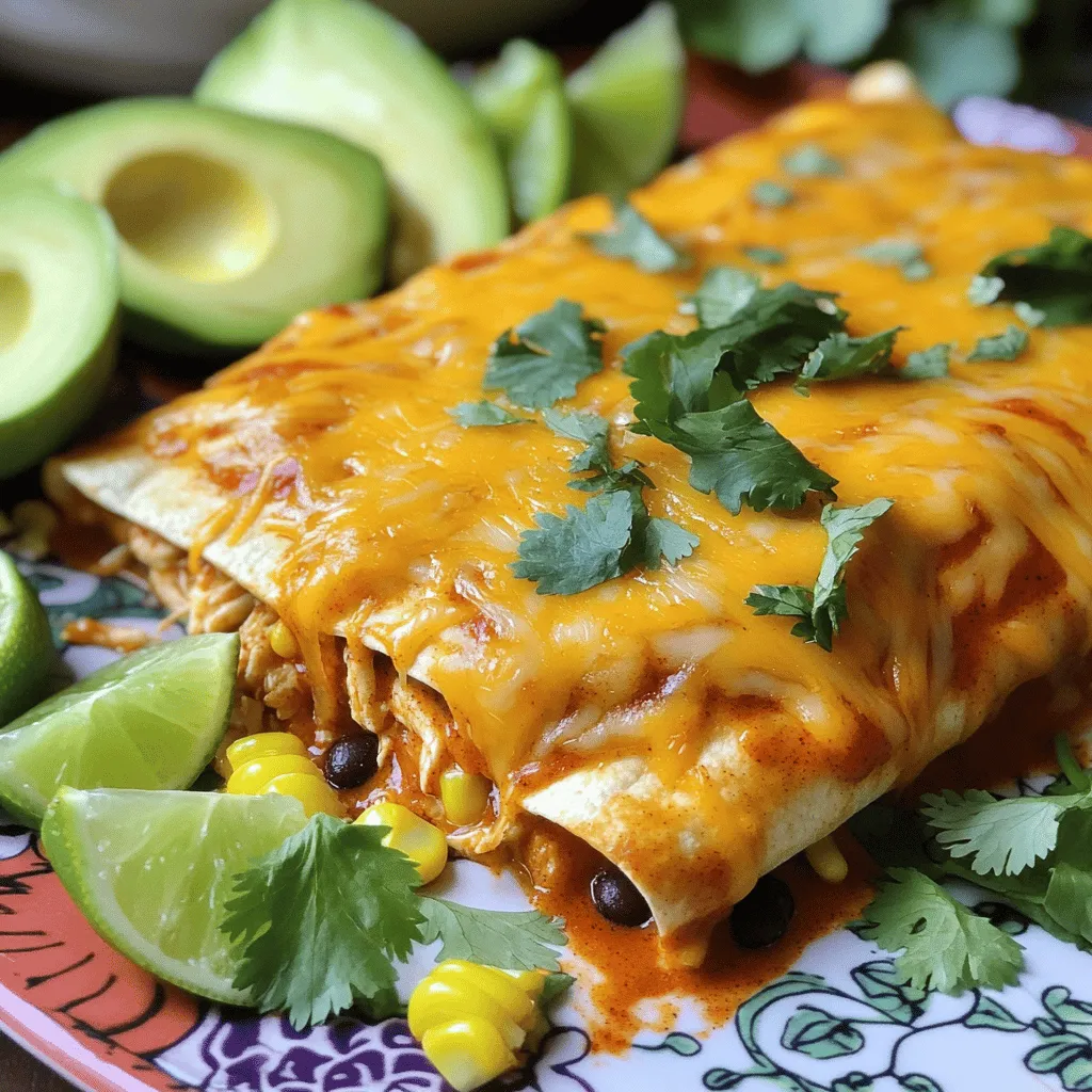 - 2 cups cooked chicken, shredded - 1 cup black beans, drained and rinsed - 1 cup corn kernels (fresh, frozen, or canned) - 1 cup shredded cheddar cheese, divided - 1 teaspoon ground cumin - 1 teaspoon chili powder - ¼ teaspoon garlic powder - Salt and pepper, to taste - 8 small flour tortillas - 1 cup enchilada sauce (store-bought or homemade) - Fresh cilantro, for garnish - Sour cream, for serving (optional) Gather these ingredients before you start. You’ll find that they come together quickly to make a delicious meal. Using cooked chicken saves time, while black beans add protein and fiber. Corn gives a nice sweetness. The shredded cheddar cheese melts beautifully, creating a rich flavor. The spices bring warmth and depth to the dish. Ground cumin adds earthiness, while chili powder gives a gentle kick. Garlic powder enhances the flavor without being too strong. Don’t forget salt and pepper to taste; they balance all the flavors. For the tortillas, choose small flour ones. They are soft and easy to roll. The enchilada sauce is the star here. It adds zest and moisture to the enchiladas. Finally, fresh cilantro and sour cream can elevate your dish when served. You can find the full recipe for these enchiladas [here](#). Enjoy cooking! First, preheat your oven to 375°F (190°C). This helps the enchiladas bake evenly. While the oven warms up, you can make the filling. In a large bowl, mix together the shredded chicken, black beans, corn, and spices. Add ground cumin, chili powder, garlic powder, salt, and pepper. Stir it well until all the ingredients blend together. Now, it's time to roll the tortillas. Take one tortilla and lay it flat on your workspace. Spoon a good amount of the chicken filling into the center. Fold the sides in, then roll it up tightly from one end to the other. Be sure the filling stays inside. Place the rolled tortilla seam-side down in a greased 9x13 inch baking dish. Repeat this for all the tortillas until the dish is full. After assembling, pour the enchilada sauce evenly over the rolled tortillas. Make sure each one gets a good coating. Next, sprinkle the rest of the cheddar cheese on top. Cover the baking dish with aluminum foil, then place it in the oven. Bake for 20 minutes, then remove the foil. Bake for another 10-15 minutes until the cheese is bubbly and lightly golden brown. Once done, take them out and let them cool. Garnish with fresh cilantro and serve with sour cream if you like. To make great enchiladas, start with cooked chicken. You can poach it, bake it, or use leftovers. Shred the chicken into small pieces to mix well with other ingredients. This helps the filling blend nicely. When filling the tortillas, don’t overstuff them. A little goes a long way. This way, they will roll easily and hold their shape. Cheese is key to tasty enchiladas. I like to use sharp cheddar for its strong flavor. You can also mix in some Monterey Jack for creaminess. Seasoning is just as important. Don’t skip the spices! Ground cumin and chili powder add warmth and depth. Always taste the filling before rolling. Adjust the salt and pepper to your liking. Make your enchiladas look great on the plate. Use a colorful serving dish to catch the eye. Arrange the enchiladas neatly, side by side. A sprinkle of fresh cilantro adds a pop of green. You can also serve with avocado slices and lime wedges. These not only look good but also enhance the flavors. For a creamy touch, add a dollop of sour cream on top. This makes the dish even more inviting! For the Full Recipe, check the main article. {{image_4}} You can change up the black beans and corn in your enchiladas. Try using pinto beans or chickpeas instead of black beans. If you want to skip corn, use diced peppers or zucchini. For cheese, cheddar works great, but you can also use Monterey Jack or pepper jack for a twist. These changes keep your meal fresh and exciting. If you need gluten-free options, choose corn tortillas instead of flour. They taste great and hold the filling well. For a vegetarian version, swap the chicken for more beans or sautéed mushrooms. You can add spinach or butternut squash for extra flavor and nutrients. These adaptations make the dish fit different diets. Want to add some heat? Toss in sliced jalapeños to the filling or top your enchiladas with them before baking. Spices can also change the taste. Try adding smoked paprika for a deeper flavor or oregano for a hint of earthiness. Experimenting with these options makes your chicken enchiladas unique every time. To keep your enchiladas fresh, use airtight containers. Glass or plastic containers work well. Make sure to let the enchiladas cool before sealing them. This prevents steam from making them soggy. Store them in the fridge for up to four days. You can reheat enchiladas in the oven or microwave. For the oven, preheat it to 350°F (175°C). Place the enchiladas in a baking dish and cover with foil. Heat for about 15-20 minutes. This keeps them moist and helps the cheese melt nicely. In the microwave, place one or two enchiladas on a plate. Heat for 1-2 minutes, checking to avoid overcooking. To freeze enchiladas, first cool them completely. Wrap each one tightly in plastic wrap. Then, place them in a freezer-safe bag or container. They can last up to three months in the freezer. When you're ready to eat them, thaw them in the fridge overnight. To reheat, follow the oven instructions above. Enjoy your enchiladas hot and cheesy! Yes, you can! Prepare the enchiladas and place them in the baking dish. Cover them tightly with plastic wrap or foil. Store them in the fridge for up to 24 hours before baking. This saves time on busy nights. Just add a few extra minutes to the baking time. I recommend using cooked chicken. You can use rotisserie chicken or poach your own. Shredded chicken works best, as it mixes well with the other ingredients. It absorbs flavors nicely, making your enchiladas taste amazing. To spice things up, add chopped jalapeños to the filling. You can also use spicy enchilada sauce. For an extra kick, sprinkle some cayenne pepper into the mix. Adjust the spice level to fit your taste. These enchiladas pair well with many sides. Try serving them with Mexican rice or refried beans. A fresh salad or guacamole also makes a great addition. For a fun twist, offer tortilla chips with salsa for dipping. Enjoy the full flavor experience! This blog post explored easy chicken enchiladas, from key ingredients to storage tips. I shared how to prep, assemble, bake, and garnish your dish for great results. You can customize with ingredient swaps, dietary changes, and flavor boosts. Remember, practice makes perfect. With a few simple tricks, you can achieve a delicious meal every time. Enjoy your cooking journey!