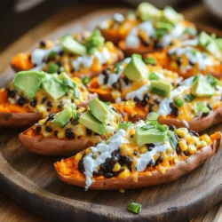 - Sweet potatoes: 4 medium - Black beans: 1 cup, cooked, rinsed, and drained - Corn: 1 cup, fresh or frozen - Cheddar cheese: 1 cup, shredded (or dairy-free alternative) - Avocado: 1 ripe, diced - Greek yogurt: 1/2 cup (or vegan yogurt) - Green onions: 1/4 cup, finely chopped - Olive oil, smoked paprika, ground cumin, salt, and pepper The main ingredients in loaded sweet potato skins start with sweet potatoes. I love using medium-sized sweet potatoes. They have a natural sweetness that enhances the dish. Black beans add protein and fiber, making the dish filling. Rinse and drain them well to remove extra liquid. Corn adds a nice crunch and sweetness. You can use fresh corn when it's in season or frozen corn for convenience. Both work well. Cheddar cheese brings richness and flavor. If you prefer a dairy-free option, use a dairy-free cheese that melts nicely. For the toppings, avocado adds creaminess. Diced ripe avocado gives the skins a fresh taste. Greek yogurt adds a tangy note, but you can swap it for vegan yogurt if needed. Green onions offer a sharp crunch and a pop of color. Don’t forget the spices! Olive oil adds richness and helps the spices stick. Smoked paprika gives a warm, smoky flavor. Ground cumin adds an earthy taste. Salt and pepper are essential for balancing flavors. You can find the full recipe in this article to create a delicious meal or appetizer. - Preheat the oven to 400°F (200°C). - Wash and scrub sweet potatoes. Start with clean sweet potatoes. Scrub them well to remove dirt. Pat them dry with a towel. This step ensures a tasty skin. - Pierce, oil, and season sweet potatoes. - Bake for 45-50 minutes until tender. Pierce each sweet potato with a fork. This allows steam to escape while they bake. Brush the skins with olive oil. Add a pinch of salt for flavor. Place them on a baking sheet. Bake for 45 to 50 minutes. They should be soft when pierced with a knife. - Slice and scoop out sweet potatoes. - Mix filling ingredients in a bowl. - Fill sweet potato skins and bake again. Once cool, slice the sweet potatoes in half. Scoop out some flesh, leaving a sturdy shell. In a bowl, mix the black beans, corn, half of the cheese, spices, salt, and pepper. Stir until combined. Fill each skin with this mixture. Top with the remaining cheese. Bake again for 10 to 15 minutes until golden. You can find the full recipe for this dish in the article. Enjoy your loaded sweet potato skins! To bake sweet potatoes just right, start by washing them well. Use cold water to scrub off dirt. After washing, dry them with a towel. Use a fork to poke holes all over. This lets steam escape and stops them from bursting. For baking, place them on a tray lined with parchment paper. Bake in a preheated oven at 400°F (200°C) for 45 to 50 minutes. You will know they are done when they feel soft. Stick a knife or fork in to check. If it slides in easily, they are ready. Let them cool for a few minutes before handling. For the best flavor, choose a cheese that melts well. Cheddar is a great choice. It adds a rich taste and gooey texture. If you want a dairy-free option, look for vegan cheese. Many brands offer cheese that melts nicely, like almond or cashew cheese. Try to find one with a good flavor that you like. When serving loaded sweet potato skins, presentation matters. Place them on a big platter for a nice look. Drizzle extra Greek yogurt on top for creaminess. A sprinkle of green onions adds color and fresh taste. For a full meal, pair the skins with a simple salad. A green salad with a light dressing works well. You can also serve it with a soup for a warm combo. Enjoy these loaded sweet potato skins for a filling and delicious dish! For the full recipe, check out the instructions above. {{image_4}} For a vegetarian or vegan twist, you can swap dairy and meat with tasty alternatives. Use dairy-free cheese and yogurt for a creamy feel. You can also add extra veggies, like spinach or bell peppers, to make the filling richer. This way, you boost flavor and nutrition without losing the fun! Want to spice things up? You can explore international flavors! Try adding cumin and chili powder for a Southwest vibe. For a Mediterranean touch, mix in olives and feta cheese. These spices and ingredients bring new life to your loaded sweet potato skins. You can make them fresh and exciting with just a few changes. If you want to make your dish lighter, there are easy ways to cut calories. You can use less cheese or choose low-fat options. For low-carb versions, try cauliflower instead of sweet potatoes. This swap keeps the dish tasty while lowering carbs. You can enjoy loaded sweet potato skins without the guilt! For the full recipe, check out the complete guide above. To keep loaded sweet potato skins fresh, cool them down first. Place them in airtight containers. This prevents moisture loss and keeps flavors intact. When stored in the fridge, they can last for up to four days. If you have more than you can eat, consider freezing some. For freezer-friendly tips, wrap each skin in plastic wrap. Then, place them in a freezer bag. This method helps prevent freezer burn and maintains taste. You can freeze them for up to three months. When reheating, your goal is to keep the skins crispy. I recommend using an oven or air fryer. Preheat the oven to 350°F (175°C) and place the skins on a baking sheet. Heat them for about 10-15 minutes. This ensures they warm evenly while staying crunchy. If using an air fryer, set it to 350°F (175°C) and cook for about 5-7 minutes. This method will give you a nice crispy texture without drying them out. In the fridge, loaded sweet potato skins last about four days. Always check for any signs of spoilage before eating. If they look or smell off, it’s best to toss them. For the best freezing duration, aim to use them within three months. After that, they may lose some quality. If you keep them properly stored, they will remain tasty and enjoyable. Sweet potatoes are done baking when they feel soft. You can check this by poking them with a knife. If the knife slides in easily, they are ready. Typically, baking takes about 45 to 50 minutes at 400°F (200°C). This ensures they cook all the way through. Yes, you can use other beans. Black beans are great, but pinto or kidney beans work well too. Each type adds its own flavor. Try chickpeas for a nutty taste, or white beans for creaminess. Feel free to experiment based on what you like. Absolutely! Sweet potatoes are naturally gluten-free. Use gluten-free toppings like Greek yogurt and cheese. Just check labels to ensure other ingredients are safe. You can also use gluten-free beans and spices to keep your dish safe and tasty. Loaded sweet potato skins are easy to make and fun to customize. We covered the key ingredients, preparation steps, and different flavors you can add. Remember, you can also find ways to make them healthier or suit dietary needs. These loaded skins are not just tasty; they can also be a colorful meal. Try serving with fresh toppings for a great look and flavor. Enjoy creating your version of these delicious skins!
