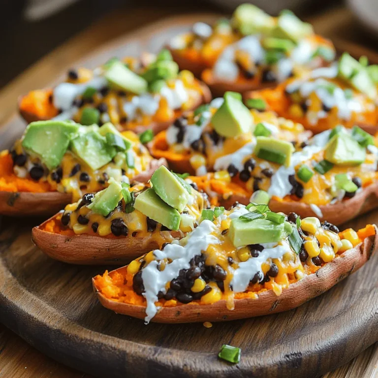 - Sweet potatoes: 4 medium - Black beans: 1 cup, cooked, rinsed, and drained - Corn: 1 cup, fresh or frozen - Cheddar cheese: 1 cup, shredded (or dairy-free alternative) - Avocado: 1 ripe, diced - Greek yogurt: 1/2 cup (or vegan yogurt) - Green onions: 1/4 cup, finely chopped - Olive oil, smoked paprika, ground cumin, salt, and pepper The main ingredients in loaded sweet potato skins start with sweet potatoes. I love using medium-sized sweet potatoes. They have a natural sweetness that enhances the dish. Black beans add protein and fiber, making the dish filling. Rinse and drain them well to remove extra liquid. Corn adds a nice crunch and sweetness. You can use fresh corn when it's in season or frozen corn for convenience. Both work well. Cheddar cheese brings richness and flavor. If you prefer a dairy-free option, use a dairy-free cheese that melts nicely. For the toppings, avocado adds creaminess. Diced ripe avocado gives the skins a fresh taste. Greek yogurt adds a tangy note, but you can swap it for vegan yogurt if needed. Green onions offer a sharp crunch and a pop of color. Don’t forget the spices! Olive oil adds richness and helps the spices stick. Smoked paprika gives a warm, smoky flavor. Ground cumin adds an earthy taste. Salt and pepper are essential for balancing flavors. You can find the full recipe in this article to create a delicious meal or appetizer. - Preheat the oven to 400°F (200°C). - Wash and scrub sweet potatoes. Start with clean sweet potatoes. Scrub them well to remove dirt. Pat them dry with a towel. This step ensures a tasty skin. - Pierce, oil, and season sweet potatoes. - Bake for 45-50 minutes until tender. Pierce each sweet potato with a fork. This allows steam to escape while they bake. Brush the skins with olive oil. Add a pinch of salt for flavor. Place them on a baking sheet. Bake for 45 to 50 minutes. They should be soft when pierced with a knife. - Slice and scoop out sweet potatoes. - Mix filling ingredients in a bowl. - Fill sweet potato skins and bake again. Once cool, slice the sweet potatoes in half. Scoop out some flesh, leaving a sturdy shell. In a bowl, mix the black beans, corn, half of the cheese, spices, salt, and pepper. Stir until combined. Fill each skin with this mixture. Top with the remaining cheese. Bake again for 10 to 15 minutes until golden. You can find the full recipe for this dish in the article. Enjoy your loaded sweet potato skins! To bake sweet potatoes just right, start by washing them well. Use cold water to scrub off dirt. After washing, dry them with a towel. Use a fork to poke holes all over. This lets steam escape and stops them from bursting. For baking, place them on a tray lined with parchment paper. Bake in a preheated oven at 400°F (200°C) for 45 to 50 minutes. You will know they are done when they feel soft. Stick a knife or fork in to check. If it slides in easily, they are ready. Let them cool for a few minutes before handling. For the best flavor, choose a cheese that melts well. Cheddar is a great choice. It adds a rich taste and gooey texture. If you want a dairy-free option, look for vegan cheese. Many brands offer cheese that melts nicely, like almond or cashew cheese. Try to find one with a good flavor that you like. When serving loaded sweet potato skins, presentation matters. Place them on a big platter for a nice look. Drizzle extra Greek yogurt on top for creaminess. A sprinkle of green onions adds color and fresh taste. For a full meal, pair the skins with a simple salad. A green salad with a light dressing works well. You can also serve it with a soup for a warm combo. Enjoy these loaded sweet potato skins for a filling and delicious dish! For the full recipe, check out the instructions above. {{image_4}} For a vegetarian or vegan twist, you can swap dairy and meat with tasty alternatives. Use dairy-free cheese and yogurt for a creamy feel. You can also add extra veggies, like spinach or bell peppers, to make the filling richer. This way, you boost flavor and nutrition without losing the fun! Want to spice things up? You can explore international flavors! Try adding cumin and chili powder for a Southwest vibe. For a Mediterranean touch, mix in olives and feta cheese. These spices and ingredients bring new life to your loaded sweet potato skins. You can make them fresh and exciting with just a few changes. If you want to make your dish lighter, there are easy ways to cut calories. You can use less cheese or choose low-fat options. For low-carb versions, try cauliflower instead of sweet potatoes. This swap keeps the dish tasty while lowering carbs. You can enjoy loaded sweet potato skins without the guilt! For the full recipe, check out the complete guide above. To keep loaded sweet potato skins fresh, cool them down first. Place them in airtight containers. This prevents moisture loss and keeps flavors intact. When stored in the fridge, they can last for up to four days. If you have more than you can eat, consider freezing some. For freezer-friendly tips, wrap each skin in plastic wrap. Then, place them in a freezer bag. This method helps prevent freezer burn and maintains taste. You can freeze them for up to three months. When reheating, your goal is to keep the skins crispy. I recommend using an oven or air fryer. Preheat the oven to 350°F (175°C) and place the skins on a baking sheet. Heat them for about 10-15 minutes. This ensures they warm evenly while staying crunchy. If using an air fryer, set it to 350°F (175°C) and cook for about 5-7 minutes. This method will give you a nice crispy texture without drying them out. In the fridge, loaded sweet potato skins last about four days. Always check for any signs of spoilage before eating. If they look or smell off, it’s best to toss them. For the best freezing duration, aim to use them within three months. After that, they may lose some quality. If you keep them properly stored, they will remain tasty and enjoyable. Sweet potatoes are done baking when they feel soft. You can check this by poking them with a knife. If the knife slides in easily, they are ready. Typically, baking takes about 45 to 50 minutes at 400°F (200°C). This ensures they cook all the way through. Yes, you can use other beans. Black beans are great, but pinto or kidney beans work well too. Each type adds its own flavor. Try chickpeas for a nutty taste, or white beans for creaminess. Feel free to experiment based on what you like. Absolutely! Sweet potatoes are naturally gluten-free. Use gluten-free toppings like Greek yogurt and cheese. Just check labels to ensure other ingredients are safe. You can also use gluten-free beans and spices to keep your dish safe and tasty. Loaded sweet potato skins are easy to make and fun to customize. We covered the key ingredients, preparation steps, and different flavors you can add. Remember, you can also find ways to make them healthier or suit dietary needs. These loaded skins are not just tasty; they can also be a colorful meal. Try serving with fresh toppings for a great look and flavor. Enjoy creating your version of these delicious skins!