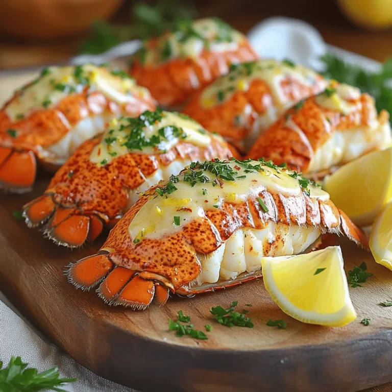 For a delightful dish, you need the following ingredients: - 4 lobster tails - 6 tablespoons unsalted butter - 4 cloves garlic, finely minced - 1 tablespoon freshly squeezed lemon juice - 1 teaspoon smoked paprika - 1 teaspoon fresh parsley, finely chopped - Salt and freshly ground black pepper to taste - Lemon wedges, for serving Each ingredient plays a key role in bringing out the rich flavors of the lobster. The lobster tails are the star of the show. They offer a sweet and delicate taste that pairs perfectly with garlic and butter. Using unsalted butter allows you to control the salt level. Freshly minced garlic adds a punch of flavor. Lemon juice brightens the dish, while smoked paprika gives a warm, smoky touch. Fresh parsley adds color and freshness, while salt and pepper enhance all the flavors. I always recommend using fresh ingredients. It makes a big difference in taste. If you want to impress guests, serve this dish alongside lemon wedges. They add a zesty kick that elevates the meal. For the full recipe, check the detailed steps to create this flavorful feast at home. - Preheat the oven: Start by preheating your oven to 375°F (190°C). This step ensures that your lobster tails cook evenly and perfectly. - Cut the shell and expose the meat: Use kitchen scissors to carefully cut along the top shell of each lobster tail. Cut down the center and stop just before the tail fin. This method keeps the meat intact. Pull the shell open gently to reveal the juicy lobster meat inside. For a nicer look, slightly pull the meat out of the shell, letting it rest on top. - Elegant presentation tips: Arrange the lobster tails on a beautiful platter. Drizzle any leftover garlic butter on top for a shiny finish. Garnish with fresh parsley and lemon wedges for a pop of color. - Melting the butter: In a small saucepan over medium heat, melt 6 tablespoons of unsalted butter. This gives the sauce a rich, creamy base. - Adding garlic and spices: Once the butter melts, add 4 cloves of finely minced garlic. Sauté for about 1 minute. Watch closely so the garlic does not brown. This can make it taste bitter. - Mixing the final sauce: Stir in 1 tablespoon of freshly squeezed lemon juice, 1 teaspoon of smoked paprika, and a pinch of salt and pepper. Mix well to combine all flavors. - Coating the lobster meat: Use a brush to generously coat the exposed lobster meat with the garlic butter mixture. Leave some butter to baste later. - Baking instructions: Place the lobster tails on a lined baking sheet. Bake for 12-15 minutes. The meat should turn opaque and firm when done. - Basting tips: Halfway through cooking, baste the lobster meat with the reserved garlic butter. This adds flavor and keeps the meat moist. For the full recipe, check out the detailed instructions provided above. Enjoy your cooking adventure! - Timing for perfect doneness: Bake lobster tails for 12-15 minutes. The meat should turn opaque. Use a meat thermometer; it should read 145°F (63°C). - Avoiding common pitfalls: Do not overcook the lobster. It can become tough and rubbery. Always baste halfway through cooking to keep it moist. - Plating ideas: Place lobster tails on a large platter. Drizzle extra garlic butter over them. Garnish with parsley and lemon wedges for color. - Wine pairings: Try a chilled Chardonnay or a light Pinot Grigio. These wines complement the rich flavors of the lobster. - Additional herbs and spices: Add fresh thyme or dill to the garlic butter. This brings a new layer of flavor to the dish. - Sauce variations: Mix in some chili flakes for heat. You can also try adding a splash of white wine for a tangy twist. For the full recipe, refer to the Garlic Butter Lobster Tails section. {{image_4}} You can add fresh herbs like thyme or dill for a unique taste. These herbs give a light, fresh flavor that pairs well with the rich butter. For a kick, try a spicy garlic butter option. Just add red pepper flakes or a dash of hot sauce to the classic garlic butter mix. This twist gives your lobster a bold, exciting flavor. Grilling lobster tails adds a smoky flavor that many love. Just brush them with garlic butter and grill for 5-7 minutes. This method gives a lovely char to the lobster. Baking is another great option. It keeps the meat tender and juicy. Broiling is perfect if you want extra char. Place the lobster tails under the broiler for 2-3 minutes at the end of cooking. This creates a crispy top while keeping the inside moist. You can switch butter types for different flavors. Try garlic herb butter or even olive oil for a lighter option. The size of the lobster tails also matters. Larger tails may need extra cooking time, while smaller ones will cook faster. Adjust the cooking time based on the size for the best results. For more details, check the Full Recipe. To keep your lobster tails fresh, store any leftovers in the fridge. Place the lobster tails in an airtight container. This keeps moisture in and prevents them from drying out. Use the leftovers within two days for the best taste. You can also freeze lobster tails. Wrap each tail in plastic wrap, then place them in a freezer bag. This way, they can last up to three months. When reheating lobster tails, do it gently. Use the oven or stovetop over low heat. This helps maintain the lobster's texture. Avoid the microwave; it can make the meat rubbery. If using the oven, preheat it to 350°F (175°C). Place the lobster tails in a baking dish with a splash of water. Cover with foil and heat for about 10 minutes. You can prep some ingredients ahead of time. Chop the garlic and parsley and store them in the fridge. This makes cooking quicker. For the garlic butter, you can prepare it in advance. Just melt the butter and mix in the garlic and spices. Store the mixture in the fridge for up to a week. When ready to use, just reheat it gently. This helps save time on busy days. Check out the Full Recipe for more tips! To tell if lobster tails are cooked, look for a few signs. The meat should be opaque and firm. It should also be white or slightly translucent. If the tail curls tightly, it is likely done. Use a meat thermometer to check the internal temperature. It should reach 145°F (63°C). If you're not sure, it's better to cook them a bit longer. Yes, you can use frozen lobster tails! Just make sure to thaw them first. You can do this by placing them in the fridge overnight. If you're short on time, you can also run them under cold water for about 30 minutes. This will help them cook evenly and taste great in the dish. Many sides go well with Garlic Butter Lobster Tails. Here are some great choices: - Garlic mashed potatoes - Steamed asparagus - Rice pilaf - Fresh green salad - Grilled corn on the cob These sides will complement the rich flavors of the lobster tails. Making the garlic butter sauce ahead of time is easy! Just follow these steps: 1. Melt the butter and add minced garlic as per the recipe. 2. Let the sauce cool and then store it in an airtight container in the fridge. 3. When you're ready to use it, just reheat it gently on the stove. This way, you save time on busy days, and your meal stays delicious! Eating lobster tails can be fun and tasty. Here’s how to do it: 1. First, use kitchen scissors to cut the shell down the middle. 2. Pull the meat out slightly for easy access. 3. Use your hands or a fork to enjoy the tender meat. 4. Don’t forget to dip it in the leftover garlic butter for extra flavor. This method makes sure you savor every bite of those rich flavors. For the full recipe, check out Garlic Butter Lobster Tails. You learned how to make Garlic Butter Lobster Tails from the steps above. We covered ingredients, preparation, cooking methods, and storage tips. Cooking lobster can be easy and fun. With these tips, you can impress your guests. Try new flavors or methods from the variations section. Don’t forget to enjoy your meal with a nice drink. Now, get cooking and savor your delicious lobster creation.