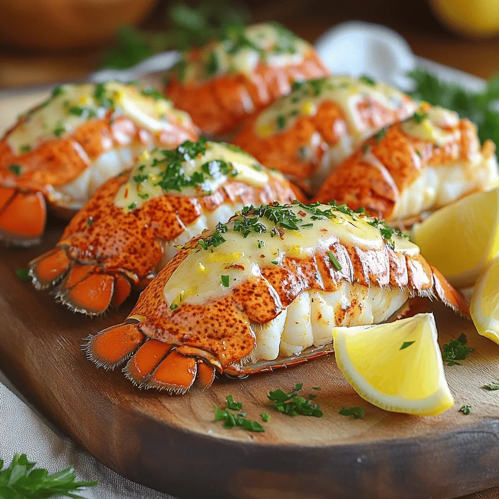 For a delightful dish, you need the following ingredients: - 4 lobster tails - 6 tablespoons unsalted butter - 4 cloves garlic, finely minced - 1 tablespoon freshly squeezed lemon juice - 1 teaspoon smoked paprika - 1 teaspoon fresh parsley, finely chopped - Salt and freshly ground black pepper to taste - Lemon wedges, for serving Each ingredient plays a key role in bringing out the rich flavors of the lobster. The lobster tails are the star of the show. They offer a sweet and delicate taste that pairs perfectly with garlic and butter. Using unsalted butter allows you to control the salt level. Freshly minced garlic adds a punch of flavor. Lemon juice brightens the dish, while smoked paprika gives a warm, smoky touch. Fresh parsley adds color and freshness, while salt and pepper enhance all the flavors. I always recommend using fresh ingredients. It makes a big difference in taste. If you want to impress guests, serve this dish alongside lemon wedges. They add a zesty kick that elevates the meal. For the full recipe, check the detailed steps to create this flavorful feast at home. - Preheat the oven: Start by preheating your oven to 375°F (190°C). This step ensures that your lobster tails cook evenly and perfectly. - Cut the shell and expose the meat: Use kitchen scissors to carefully cut along the top shell of each lobster tail. Cut down the center and stop just before the tail fin. This method keeps the meat intact. Pull the shell open gently to reveal the juicy lobster meat inside. For a nicer look, slightly pull the meat out of the shell, letting it rest on top. - Elegant presentation tips: Arrange the lobster tails on a beautiful platter. Drizzle any leftover garlic butter on top for a shiny finish. Garnish with fresh parsley and lemon wedges for a pop of color. - Melting the butter: In a small saucepan over medium heat, melt 6 tablespoons of unsalted butter. This gives the sauce a rich, creamy base. - Adding garlic and spices: Once the butter melts, add 4 cloves of finely minced garlic. Sauté for about 1 minute. Watch closely so the garlic does not brown. This can make it taste bitter. - Mixing the final sauce: Stir in 1 tablespoon of freshly squeezed lemon juice, 1 teaspoon of smoked paprika, and a pinch of salt and pepper. Mix well to combine all flavors. - Coating the lobster meat: Use a brush to generously coat the exposed lobster meat with the garlic butter mixture. Leave some butter to baste later. - Baking instructions: Place the lobster tails on a lined baking sheet. Bake for 12-15 minutes. The meat should turn opaque and firm when done. - Basting tips: Halfway through cooking, baste the lobster meat with the reserved garlic butter. This adds flavor and keeps the meat moist. For the full recipe, check out the detailed instructions provided above. Enjoy your cooking adventure! - Timing for perfect doneness: Bake lobster tails for 12-15 minutes. The meat should turn opaque. Use a meat thermometer; it should read 145°F (63°C). - Avoiding common pitfalls: Do not overcook the lobster. It can become tough and rubbery. Always baste halfway through cooking to keep it moist. - Plating ideas: Place lobster tails on a large platter. Drizzle extra garlic butter over them. Garnish with parsley and lemon wedges for color. - Wine pairings: Try a chilled Chardonnay or a light Pinot Grigio. These wines complement the rich flavors of the lobster. - Additional herbs and spices: Add fresh thyme or dill to the garlic butter. This brings a new layer of flavor to the dish. - Sauce variations: Mix in some chili flakes for heat. You can also try adding a splash of white wine for a tangy twist. For the full recipe, refer to the Garlic Butter Lobster Tails section. {{image_4}} You can add fresh herbs like thyme or dill for a unique taste. These herbs give a light, fresh flavor that pairs well with the rich butter. For a kick, try a spicy garlic butter option. Just add red pepper flakes or a dash of hot sauce to the classic garlic butter mix. This twist gives your lobster a bold, exciting flavor. Grilling lobster tails adds a smoky flavor that many love. Just brush them with garlic butter and grill for 5-7 minutes. This method gives a lovely char to the lobster. Baking is another great option. It keeps the meat tender and juicy. Broiling is perfect if you want extra char. Place the lobster tails under the broiler for 2-3 minutes at the end of cooking. This creates a crispy top while keeping the inside moist. You can switch butter types for different flavors. Try garlic herb butter or even olive oil for a lighter option. The size of the lobster tails also matters. Larger tails may need extra cooking time, while smaller ones will cook faster. Adjust the cooking time based on the size for the best results. For more details, check the Full Recipe. To keep your lobster tails fresh, store any leftovers in the fridge. Place the lobster tails in an airtight container. This keeps moisture in and prevents them from drying out. Use the leftovers within two days for the best taste. You can also freeze lobster tails. Wrap each tail in plastic wrap, then place them in a freezer bag. This way, they can last up to three months. When reheating lobster tails, do it gently. Use the oven or stovetop over low heat. This helps maintain the lobster's texture. Avoid the microwave; it can make the meat rubbery. If using the oven, preheat it to 350°F (175°C). Place the lobster tails in a baking dish with a splash of water. Cover with foil and heat for about 10 minutes. You can prep some ingredients ahead of time. Chop the garlic and parsley and store them in the fridge. This makes cooking quicker. For the garlic butter, you can prepare it in advance. Just melt the butter and mix in the garlic and spices. Store the mixture in the fridge for up to a week. When ready to use, just reheat it gently. This helps save time on busy days. Check out the Full Recipe for more tips! To tell if lobster tails are cooked, look for a few signs. The meat should be opaque and firm. It should also be white or slightly translucent. If the tail curls tightly, it is likely done. Use a meat thermometer to check the internal temperature. It should reach 145°F (63°C). If you're not sure, it's better to cook them a bit longer. Yes, you can use frozen lobster tails! Just make sure to thaw them first. You can do this by placing them in the fridge overnight. If you're short on time, you can also run them under cold water for about 30 minutes. This will help them cook evenly and taste great in the dish. Many sides go well with Garlic Butter Lobster Tails. Here are some great choices: - Garlic mashed potatoes - Steamed asparagus - Rice pilaf - Fresh green salad - Grilled corn on the cob These sides will complement the rich flavors of the lobster tails. Making the garlic butter sauce ahead of time is easy! Just follow these steps: 1. Melt the butter and add minced garlic as per the recipe. 2. Let the sauce cool and then store it in an airtight container in the fridge. 3. When you're ready to use it, just reheat it gently on the stove. This way, you save time on busy days, and your meal stays delicious! Eating lobster tails can be fun and tasty. Here’s how to do it: 1. First, use kitchen scissors to cut the shell down the middle. 2. Pull the meat out slightly for easy access. 3. Use your hands or a fork to enjoy the tender meat. 4. Don’t forget to dip it in the leftover garlic butter for extra flavor. This method makes sure you savor every bite of those rich flavors. For the full recipe, check out Garlic Butter Lobster Tails. You learned how to make Garlic Butter Lobster Tails from the steps above. We covered ingredients, preparation, cooking methods, and storage tips. Cooking lobster can be easy and fun. With these tips, you can impress your guests. Try new flavors or methods from the variations section. Don’t forget to enjoy your meal with a nice drink. Now, get cooking and savor your delicious lobster creation.