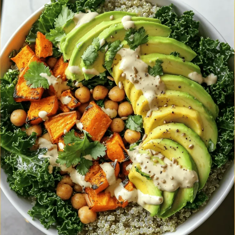 - Grains: - 1 cup quinoa, thoroughly rinsed - Vegetables: - 1 cup sweet potato, peeled and diced into 1-inch cubes - 1 cup kale, stems removed and chopped - Proteins: - 1 cup chickpeas, rinsed and drained - Dressing: - 1/4 cup tahini - Juice of 1 medium lemon - Water (as needed to thin tahini dressing) Using fresh ingredients is key to a tasty Buddha bowl. Look for vibrant sweet potatoes and bright green kale. Quality quinoa should be light and fluffy after cooking. For extra flavor and crunch, try adding: - 1 ripe avocado, sliced - 1/4 cup sunflower seeds, lightly toasted These add-ins bring new textures and tastes to your bowl. Feel free to mix it up based on your mood or what you have at home. For the full recipe, check out the cooking steps in the earlier section. 1. Roast the Sweet Potato: Start by preheating your oven to 425°F (220°C). In a bowl, mix diced sweet potatoes with olive oil, smoked paprika, ground cumin, salt, and black pepper. Toss until coated. Spread them on a parchment-lined baking sheet in a single layer. Roast for 25-30 minutes. Flip them halfway through for even cooking. They should be tender and crispy. 2. Cook the Quinoa: While the sweet potatoes roast, bring 2 cups of vegetable broth to a boil in a medium saucepan. Stir in 1 cup of rinsed quinoa. Lower the heat, cover, and let it simmer for about 15 minutes. Once the liquid is gone and the quinoa is fluffy, remove it from heat. Let it sit for 5 minutes, then fluff with a fork. 3. Mix the Bowl: In a large bowl, combine 1 cup of rinsed chickpeas, roasted sweet potatoes, and chopped kale. For extra flavor, drizzle in olive oil and lemon juice, then season with salt and pepper. Toss gently to mix well. 4. Make the Tahini Dressing: In a small bowl, whisk together 1/4 cup tahini, juice from one lemon, and a few tablespoons of water. Keep adding water until you reach a smooth consistency. Add a pinch of salt to taste. 5. Assemble the Buddha Bowl: Take a serving bowl and add a scoop of quinoa. Top it with the chickpea and sweet potato mix. Add sliced avocado and sprinkle with toasted sunflower seeds for a nice crunch. Drizzle the tahini dressing over everything and garnish with fresh cilantro. The Full Recipe is simple and fun to make. Enjoy your colorful and healthy Vegan Buddha Bowl! To make your Buddha bowl shine, focus on colors. Use bright veggies like red peppers and purple cabbage. Arrange each ingredient in sections over the quinoa. This makes it look fresh and fun. You can switch out quinoa for other grains. Brown rice, farro, or even couscous work nicely. Each grain adds a unique flavor and texture. Pair flavors carefully. Try adding roasted beets for sweetness or pickled radishes for a tangy kick. Fresh herbs like basil or mint can add a burst of flavor too. For a creamy touch, add a dollop of hummus or a sprinkle of nutritional yeast. These will enhance your meal and add more nutrients. Don't forget to check the [Full Recipe]. It guides you through each step, making this tasty meal easy to create. {{image_4}} You can easily change the protein in your Buddha bowl. Tofu and tempeh are great options. Both add a nice texture and soak up flavors well. You could also use lentils or edamame for a different taste. For veggies, think about what’s in season. In summer, try zucchini or bell peppers. In fall, roasted Brussels sprouts or butternut squash work well. Mix and match to keep things fresh. The dressing can also change the whole vibe of your meal. A simple vinaigrette adds a bright taste. A creamy cashew dressing can bring a rich flavor. Experiment with flavors like ginger or garlic for a fun twist. You can find the full recipe here: [Full Recipe]. To keep your Vegan Buddha Bowl fresh, store the leftover ingredients separately. This way, flavors stay bright. Place cooked quinoa in an airtight container. It will stay good in the fridge for about 5 days. Store roasted sweet potatoes in another container. They also last up to 5 days. Keep the chopped kale in a separate bag. It can stay fresh for about 3 days. When it comes to assembled bowls, it’s best to eat them right away. If you must store them, do not add the tahini dressing. The dressing can make the veggies soggy. Instead, keep the dressing in a jar. For the tahini dressing, it will last in the fridge for about a week. Make sure to store it in a sealed container. If it thickens, just add a little water to reach your preferred consistency again. For the full recipe, check back to ensure you have all the steps down for this tasty meal! You can use rice, farro, or even barley. Each grain adds a different taste. If you want a gluten-free option, try millet or cauliflower rice. These choices still offer great texture. Yes, you can prep many parts in advance. Cook the quinoa and sweet potatoes a day before. Store them in airtight containers in the fridge. Assemble your bowl just before serving for best flavor. Store the tahini dressing in a sealed container. It can last in the fridge for about a week. If it thickens, just stir in some water to bring it back to life. You can add roasted vegetables, nuts, or seeds. Try adding pickled onions or fresh herbs, like parsley or mint. These toppings can make your bowl even more delicious and fun. For more ideas, check out the Full Recipe. This blog showed you how to make a great Buddha bowl. We explored the best ingredients, step-by-step instructions, and tips for a beautiful meal. You learned how to mix flavors and swap ingredients. Storing leftovers was covered too. Remember, the key is to use fresh items and be creative. A unique Buddha bowl can fit any taste. With these tips, enjoy your bowls again and again. Make this dish a regular part of your meals!