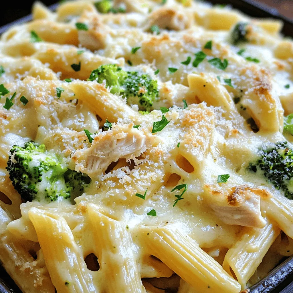 This Easy Chicken Alfredo Pasta Bake is a delicious meal. You can prepare it with simple ingredients. It blends pasta, chicken, and creamy sauce. This dish is perfect for weeknight dinners. - 2 cups uncooked penne pasta - 2 cups cooked chicken breast, shredded - 1 cup fresh broccoli florets, blanched until bright green - 2 cups Alfredo sauce - 1 cup shredded mozzarella cheese - ½ cup grated Parmesan cheese - 1 teaspoon garlic powder - 1 teaspoon Italian seasoning - Salt and pepper to taste - Fresh parsley for garnish Each ingredient adds flavor and texture. The penne pasta holds the sauce well, while the chicken adds protein. Broccoli gives a nice crunch and color. The Alfredo sauce makes everything creamy and rich. Mozzarella and Parmesan on top create a nice, cheesy crust. This recipe is easy to adjust. You can add more veggies or change the cheese. For the full recipe, please see the instructions above. 1. Preheat the oven and boil pasta: Start by preheating your oven to 375°F (190°C). While the oven heats, fill a large pot with water and add a pinch of salt. Bring the water to a rolling boil. Add 2 cups of uncooked penne pasta and cook until al dente, which is about 8-10 minutes. Once done, drain the pasta and set it aside to cool a bit. 2. Mixing the main ingredients: In a large mixing bowl, combine the drained pasta, 2 cups of shredded cooked chicken, and 1 cup of blanched broccoli florets. Make sure the broccoli is bright green for a pop of color. Pour in 2 cups of your favorite Alfredo sauce and stir everything together until the pasta, chicken, and broccoli are well coated. 3. Seasoning blend: To enhance the flavor, add 1 teaspoon of garlic powder and 1 teaspoon of Italian seasoning. Sprinkle in salt and pepper to taste. Mix thoroughly to ensure the seasoning is evenly distributed throughout the dish. 1. Preparing the baking dish: Take a 9x13 inch baking dish and grease it with olive oil or cooking spray. This will help prevent sticking. Pour the pasta mixture into the dish, spreading it out evenly. 2. First phase of baking: Sprinkle 1 cup of shredded mozzarella cheese and ½ cup of grated Parmesan cheese over the top of the pasta mixture. Cover the dish tightly with aluminum foil. Place it in the preheated oven and bake for 20 minutes. This helps the flavors meld together. 3. Final baking and serving tips: After 20 minutes, carefully remove the foil. Continue baking for an additional 10-15 minutes until the cheese is bubbly and golden brown. When done, let the dish rest for about 5 minutes. If you want, garnish with freshly chopped parsley for a nice touch. Enjoy your warm, creamy chicken Alfredo pasta bake! To get the perfect pasta texture, always cook your penne al dente. This means it should be firm to the bite but not hard. Follow the package instructions carefully and taste a piece just before draining. For even sauce distribution, mix the pasta, chicken, and broccoli in a large bowl. Pour in the Alfredo sauce gradually while stirring. This helps every piece get coated well. For the best melting and flavor, I recommend using mozzarella and Parmesan. Mozzarella gives a creamy stretch, while Parmesan adds a sharp taste. Combining different cheese types works wonders. You can mix in some cheddar for a richer flavor. Try adding a bit of gouda for a unique twist. Each cheese brings its own charm to the dish. To see the full recipe, check out the [Full Recipe]. {{image_4}} You can make this chicken Alfredo pasta bake fit your diet. If you want a vegetarian option, try using mushrooms or firm tofu. Both options work well and give a satisfying texture. You can also add cooked spinach or artichokes for extra flavor. For those who need gluten-free options, choose gluten-free pasta. Many brands offer great choices that taste just like regular pasta. You can find them in most grocery stores. This way, everyone can enjoy this dish without worry. To make your pasta bake even better, consider adding more vegetables. Bell peppers, zucchini, or peas can add color and nutrients. Just sauté them lightly before mixing them in. You might also think about making your own Alfredo sauce. Homemade sauce can taste fresher and richer than store-bought. Use simple ingredients like heavy cream, butter, and Parmesan cheese. If you prefer to save time, a good store-bought sauce is perfectly fine. Just make sure it has a nice flavor profile. For the full recipe, check out the complete instructions on how to create this delicious meal! To keep your Chicken Alfredo Pasta Bake fresh, store leftovers in an airtight container. Let the dish cool to room temperature before sealing it. Place it in the fridge within two hours of baking. This will help prevent bacteria from growing. Properly stored, it will last for up to three days. When you're ready to eat, just reheat portions in the oven or microwave. If you want to save some for later, freezing is a great option. First, let the pasta bake cool completely. Then, cut it into individual portions for easy reheating. Wrap each portion tightly in plastic wrap, then place them in a freezer-safe bag. Label the bag with the date. It can stay frozen for up to three months. To reheat, thaw overnight in the fridge and bake at 350°F (175°C) until hot. You can also microwave it, but the oven gives the best results. For more tips, check out the Full Recipe. How can I make this dish ahead of time? You can prepare the pasta bake a day in advance. Just follow the recipe until the baking step. Cover the dish with foil and store it in the fridge. When ready to cook, bake it straight from the fridge. You may need to add a few extra minutes to the baking time. Can I use rotisserie chicken for convenience? Yes, rotisserie chicken is a great choice! It saves time and adds flavor. Just shred the chicken and mix it into the pasta bake. You’ll enjoy the same great taste with less effort. What can I substitute for Alfredo sauce? If you want to swap out the Alfredo sauce, try a creamy mushroom sauce or a simple cream sauce. You can also use a homemade cheese sauce for a twist. Just ensure it has a creamy texture for best results. How long does it take to reheat the pasta bake? Reheating the pasta bake takes about 20 minutes in the oven at 350°F (175°C). Cover it with foil to keep it moist. You can also use the microwave, but the oven gives a better texture. Enjoy your warm, cheesy meal! This blog post outlined a delicious and easy pasta bake recipe. We covered each ingredient, from penne pasta to fresh broccoli and creamy Alfredo sauce. You learned step-by-step instructions and helpful tips for cooking. Plus, we explored variations and storage methods to keep your dish fresh. In the end, this recipe is versatile and full of flavor. Enjoy making it your own, whether you’re cooking for family or friends. Happy cooking!