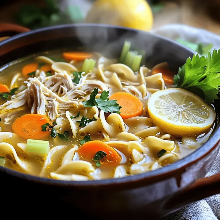 To make a warm and tasty chicken noodle soup, you need these key items: - 2 tablespoons olive oil - 1 medium onion, diced - 2 cloves garlic, minced - 3 medium carrots, sliced into rounds - 2 celery stalks, sliced - 1 teaspoon dried thyme - 1 teaspoon dried oregano - 8 cups low-sodium chicken broth - 2 cups cooked chicken, shredded (rotisserie chicken is a great choice) - 2 cups egg noodles - Salt and pepper, to taste - Fresh parsley, chopped (for garnish) These ingredients create a hearty base. The olive oil adds richness, while onion and garlic give depth. Carrots and celery add texture and nutrients. The herbs bring warmth and flavor. Chicken broth makes the soup soothing and filling. You can add some extra flavors with these optional items: - Juice of 1 lemon (for a bright taste) - Additional vegetables, like peas or corn - A dash of hot sauce (for some heat) These additions can change the soup’s taste. Lemon juice adds a nice zing. More veggies make it even healthier. Hot sauce can kick up the heat if you like spice! To cook this soup, gather these tools: - Large pot for cooking - Wooden spoon for stirring - Knife and cutting board for chopping - Measuring cups and spoons for accuracy - Ladle for serving These items help you cook smoothly. A sturdy pot is key for even heating. A knife and board make chopping easy and quick. Measuring tools ensure you get the right amounts. A ladle helps serve the soup without spills. For the complete recipe, check out the Full Recipe. Start by gathering your ingredients. You need olive oil, onion, garlic, carrots, and celery. Dice the onion and mince the garlic. Slice the carrots into rounds and the celery into small pieces. Heat two tablespoons of olive oil in a large pot over medium heat. Add the diced onion first. Sauté for about 3-4 minutes until the onion turns soft and clear. Next, stir in the minced garlic. Cook it for one more minute, making sure not to burn it. Then, add the sliced carrots and celery. Cook these for about 5 minutes, stirring often. This helps them soften and mix with the onion and garlic. Sprinkle in one teaspoon each of dried thyme and oregano. Stir well to blend the spices into the mix. Now, it’s time for the broth. Pour in 8 cups of low-sodium chicken broth. Turn the heat up to bring this mixture to a strong boil. Once it boils, lower the heat to let it simmer. This step helps the flavors meld together. After the soup simmers, add 2 cups of shredded chicken. You can use rotisserie chicken for ease. Next, add 2 cups of egg noodles to the pot. Allow this to cook for another 8-10 minutes. The noodles should become tender and soak up some broth. Finally, taste the soup. Add salt and pepper to your liking. If you want a fresh twist, squeeze in the juice of one lemon. Don't forget to check the [Full Recipe] for more details! To boost the taste of your chicken noodle soup, start with quality broth. A low-sodium chicken broth makes a great base. You can use homemade broth for richer flavor. Add fresh herbs like thyme or rosemary for a fragrant touch. A squeeze of lemon juice brightens the soup and adds zing. You can also toss in a pinch of red pepper flakes for warmth. One common mistake is overcooking the noodles. They can become mushy and lose their texture. Add them later in the cooking process to keep them firm. Avoid adding salt too early. Taste the soup first; the broth may be salty enough. Lastly, don’t forget to sauté the vegetables. This step unlocks their natural sweetness and depth. Serve your soup in shallow bowls for an inviting look. Garnish with freshly chopped parsley for color. A lemon wedge on the side adds a nice touch. Pair the soup with warm, crusty bread for a complete meal. For a fun twist, you can add a sprinkle of grated cheese on top. Enjoy your comforting classic chicken noodle soup! Check out the Full Recipe for all the details. {{image_4}} You can change the protein in your chicken noodle soup. Use turkey instead of chicken. It gives a nice twist and tastes great. For a vegetarian option, try using chickpeas or tofu. These options add protein without meat. You can also use seafood like shrimp for a fun change. Just cook the shrimp until they turn pink. Adding more veggies can boost flavor and nutrition. Try using peas, green beans, or corn. These add color and sweetness. Spinach or kale works well for a green touch. Just add them near the end to keep them fresh. You can also toss in mushrooms for an earthy taste. They add a nice texture too. The broth sets the soup's base flavor. You can swap chicken broth for vegetable broth for a lighter taste. For a richer flavor, use bone broth. This adds depth and nutrition. You can even try a miso broth for a unique twist. It gives a salty, umami flavor that pairs well with the chicken. For the full experience, check out the Full Recipe. After enjoying your classic chicken noodle soup, store leftovers in airtight containers. Let the soup cool first, then transfer it to the containers. Make sure to leave some space at the top, as the soup may expand when frozen. Label the containers with the date to keep track of freshness. When you're ready to enjoy your soup again, reheat it on the stove. Pour the soup into a pot over medium heat. Stir it often to help it heat evenly. If it seems too thick, add a splash of broth or water to thin it out. Heat until it's steaming hot, and then serve. To freeze your chicken noodle soup, do so before adding the noodles. Noodles can become mushy when frozen. Once your soup cools, pour it into freezer-safe containers. Leave some headspace, as the soup will expand. Seal tightly and freeze for up to three months. When you want to eat it, thaw it overnight in the fridge and reheat as directed. For the full recipe, check out the Comforting Classic Chicken Noodle Soup section above. Yes, you can make this soup in a slow cooker. Just follow these steps: 1. Heat the olive oil in a pan. Sauté the onion and garlic as in the recipe. 2. Add the sautéed onion and garlic to the slow cooker. 3. Add the carrots, celery, thyme, oregano, and chicken broth. 4. Cook on low for 6-8 hours or high for 3-4 hours. 5. About 30 minutes before serving, add the cooked chicken and noodles. This method makes it easy and allows the flavors to blend well. Egg noodles work best for chicken noodle soup. They cook quickly and absorb broth well. You can also use: - Wide noodles for a hearty bite - Rice noodles for a gluten-free option - Whole wheat noodles for added fiber Each type gives a different texture to the soup, so choose what you love. To make a gluten-free version, swap out regular noodles for gluten-free noodles. Look for options made from rice or quinoa. You can also: - Use gluten-free broth - Avoid adding any flour-based thickeners This way, you can enjoy a delicious soup without gluten. For a full recipe, check the Full Recipe section above. Classic chicken noodle soup is a comforting dish made with simple ingredients. We covered essential and optional ingredients, plus the right tools to use. The step-by-step guide helps you prepare the soup easily. You can improve its flavor and avoid common mistakes with our tips. Explore variations to suit your taste, and learn how to store leftovers properly. Whether you're using a slow cooker or adjusting for gluten-free diets, you now have the know-how. Enjoy making and sharing this classic soup with loved ones!