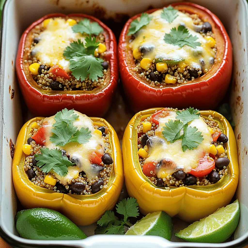 - 4 large bell peppers (any color for visual appeal) - 1 cup cooked quinoa (preferably cooled) - 1 can (15 oz) black beans, rinsed and drained - 1 cup corn kernels (fresh or frozen) - 1 medium onion, finely chopped - 2 cloves garlic, minced - 1 cup diced tomatoes (canned or fresh) - 1 cup shredded cheese (cheddar or Monterey Jack) - 2 tablespoons fresh cilantro (optional) - Lime wedges (for serving) When making stuffed bell peppers, the right ingredients matter. Bell peppers serve as a colorful base, adding crunch and taste. I love using large peppers, as they hold more filling. You can choose any color—red, green, yellow, or orange—each brings its own flavor and charm. Quinoa is my go-to grain in this dish. It cooks fast, is healthy, and adds protein. Make sure it's cooled before mixing. Black beans add fiber and a rich taste. Rinsing them well helps reduce sodium. For extra flavor, I mix in sweet corn, onion, and garlic. These ingredients create a savory base. The onion should be finely chopped for even cooking and a smooth texture. Garlic brings a lovely aroma and taste. Optional ingredients like diced tomatoes add moisture and brightness. Cheese, whether cheddar or Monterey Jack, melts beautifully on top. Finally, fresh cilantro adds a burst of freshness. Serve with lime wedges for a zesty kick. Check out the Full Recipe to see how to combine these ingredients into a delightful meal. - Preheat the oven to 375°F (190°C) - Prepare the bell peppers by cutting the tops and removing seeds To start, I set my oven to 375°F. This gets it ready for baking. Next, I take my bell peppers and carefully cut off the tops. I make sure to remove all the seeds and membranes. This step is key for a tasty and healthy meal. Once done, I brush a little olive oil on the outside. This helps them brown nicely in the oven. - Sauté onion and garlic in olive oil until translucent - Add spices and cook briefly to release their flavors I heat olive oil in a skillet over medium heat. I add chopped onion and minced garlic. I sauté them for about 3-4 minutes. They should turn soft and fragrant. This makes the base of my filling. Next, I sprinkle in ground cumin and smoked paprika. I stir well and cook for another minute. This allows the spices to bloom and gives the dish a rich flavor. - Combine quinoa, black beans, corn, and tomatoes in a bowl - Mix in sautéed onion and garlic, and season to taste In a big bowl, I combine cooked quinoa, black beans, corn, and diced tomatoes. I then add the sautéed onion and garlic mix. A pinch of salt and pepper goes in next. I mix everything well. This ensures all the flavors come together. The filling is now both colorful and nutritious. - Spoon filling into the bell peppers and pack it in - Add cheese on top and cover with aluminum foil - Bake for 25 minutes, then uncovered for an additional 10-15 minutes Now comes the fun part: stuffing the peppers! I take a spoon and carefully fill each pepper. I pack the filling in tight to fit as much as I can. After that, I sprinkle cheese on top. I cover the baking dish with aluminum foil to keep the moisture in. I bake them for 25 minutes. Then, I remove the foil and bake for another 10-15 minutes. This makes sure the peppers are tender and the cheese is melty. For the full recipe, check the section above. - Ensure quinoa is fully cooked and cooled before mixing. This helps it blend well. - Adjust seasoning as per personal taste preferences. Feel free to add more salt or spices. - Use a colorful platter for serving. This makes the dish more inviting. - Garnish with fresh cilantro and a drizzle of olive oil. It adds freshness and flavor. - Use a sharp knife for easily cutting the peppers. This makes preparation quick and safe. - A large skillet for sautéing ingredients. It allows for even cooking and easy mixing. These tips will make your stuffed bell peppers shine. For a complete guide, check the Full Recipe. Enjoy cooking! {{image_4}} You can easily adapt stuffed bell peppers to fit your needs. For a vegetarian option, simply replace the meat with more veggies. Think about adding mushrooms, zucchini, or spinach for added flavor and nutrition. If you want a low-carb option, use cauliflower rice instead of quinoa. This keeps the dish light while still being satisfying. Adding different spices can really change the taste. For heat, sprinkle in some chili powder or cayenne pepper. You can also switch up the beans. Try kidney beans or pinto beans for a different texture and flavor. This keeps your meal exciting and full of surprises. Feel free to experiment with various kinds of meat. Ground turkey or beef can make a heartier filling. If you want a unique twist, consider adding grains like brown rice or couscous. These options give you more choices and can fit any palate. Explore these variations to create your perfect stuffed bell peppers. For the complete recipe, check the Full Recipe section. Store any leftovers in an airtight container. They will stay fresh in the refrigerator for up to 3 days. This makes it easy to enjoy your meal again without much fuss. You can freeze the stuffed peppers for up to 3 months. Make sure to wrap them tightly to avoid freezer burn. When you're ready to eat, simply thaw them in the fridge overnight before reheating. To reheat, use the microwave or the oven. If using the oven, heat until they are warmed through. This keeps the peppers soft and delicious, making each bite as good as the first. For the full recipe, you can follow the steps to create this tasty dish. Look for tender peppers and melted cheese on top. You want the peppers soft but not mushy. A fork should slide in easily. The cheese should be bubbly and slightly golden. This means they are ready to enjoy! Yes, prepare them a day ahead and just bake before serving. This saves time and brings great flavor. Just store them covered in the fridge. When you are ready, pop them in the oven to warm up! Options include rice, lentils, or even shredded chicken for a protein boost. You can mix and match your favorite ingredients. Try adding spinach or mushrooms for extra nutrition. The possibilities are endless! Yes, they can be nutritious, especially with whole grains and vegetables as filling. Bell peppers are rich in vitamins. Using quinoa or brown rice adds fiber. This makes them a great meal for everyone. Absolutely, for a dairy-free option, simply skip the cheese or use dairy-free alternatives. You can still have a tasty stuffed pepper without it. Try adding more spices or herbs for flavor! For the full recipe, check out my vibrant quinoa and black bean stuffed bell peppers! Stuffed bell peppers are simple and tasty. You can use quinoa, black beans, and corn for a healthy mix. Adding spices and cheese makes them flavorful. Remember, you can change the recipe to fit your taste or diet. Store leftovers in the fridge or freeze them for later. Enjoy making these fun dishes and feel free to get creative. Happy cooking!