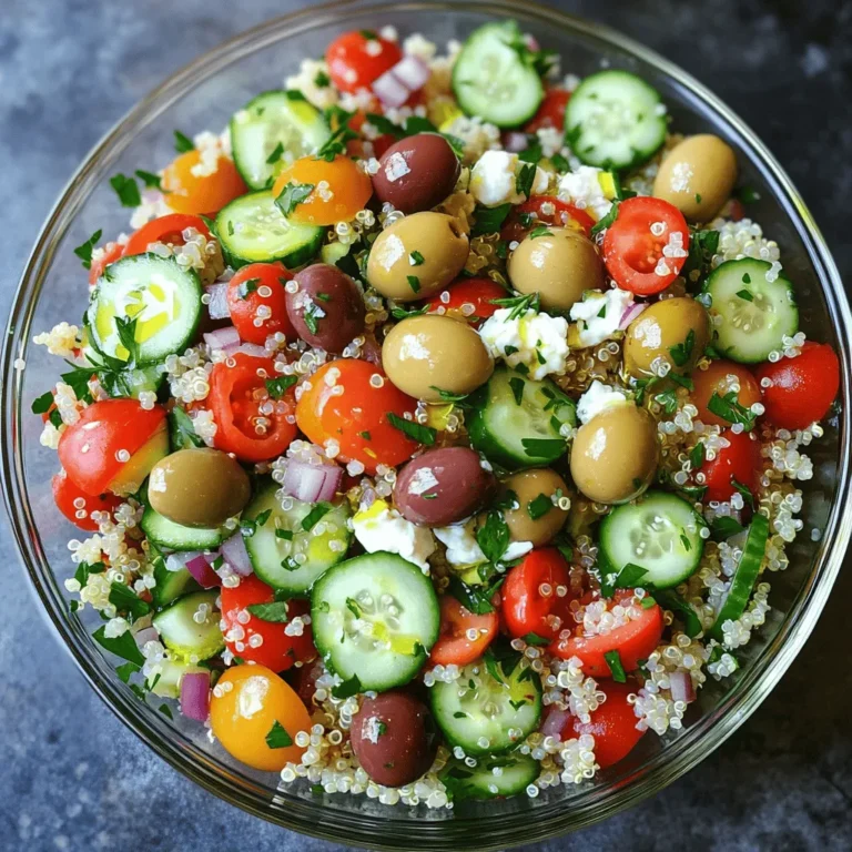 - 1 cup quinoa, thoroughly rinsed - 2 cups water - 1 medium cucumber, diced into small pieces - 1 cup cherry tomatoes, halved for a pop of color - 1/2 cup red bell pepper, diced - 1/2 cup Kalamata olives, pitted and sliced - 1/4 cup red onion, finely chopped - 1/4 cup feta cheese, crumbled into small bits - 1/4 cup fresh parsley, coarsely chopped Quinoa is the star of this dish. It is full of protein and fiber. This tiny seed packs a punch. I love its nutty flavor and fluffy texture. Fresh vegetables add crunch and color. Cucumber, cherry tomatoes, and bell pepper make it bright. Kalamata olives bring a briny bite. Feta cheese adds creaminess, while parsley gives a fresh finish. - 3 tablespoons extra virgin olive oil - 2 tablespoons freshly squeezed lemon juice - 1 teaspoon dried oregano - Salt and freshly ground black pepper to taste The dressing ties everything together. Extra virgin olive oil is rich and smooth. Lemon juice adds a zesty twist. Dried oregano gives an earthy taste. A sprinkle of salt and pepper enhances all the flavors. - Additional herbs like basil or mint - Proteins like chicken or chickpeas Want to make it heartier? Add cooked chicken or chickpeas. They provide extra protein. Fresh herbs like basil or mint can add a unique twist. Each add-in can change the flavor profile. Feel free to mix and match. This salad can be your canvas! For the full recipe, check the instructions section. To start, boil 2 cups of water in a medium saucepan. Rinse your quinoa well under cold water. This helps remove bitter flavors. Once the water is boiling, add the rinsed quinoa and a pinch of salt. Lower the heat and cover the pot. Let it simmer for about 15 minutes. You will know it’s ready when all the water is gone and the quinoa looks fluffy. Take it off the heat and let it cool to room temperature. While the quinoa cools, chop your fresh vegetables. Dice the cucumber into small pieces. Halve the cherry tomatoes for a burst of color. Dice the red bell pepper. Slice the Kalamata olives. Finely chop the red onion. Crumble the feta cheese. Combine all these fresh ingredients in a large bowl. Using fresh produce makes your salad taste great and adds nutrition. In a small bowl, whisk together 3 tablespoons of extra virgin olive oil and 2 tablespoons of freshly squeezed lemon juice. Add 1 teaspoon of dried oregano for flavor. Season with salt and freshly ground black pepper to taste. This dressing brings all the flavors together and adds a nice zing. Once the quinoa is cool, fluff it gently with a fork. Add it to the bowl with the chopped vegetables. Drizzle your dressing over the salad. Make sure to cover everything evenly. Toss the salad carefully to mix all the ingredients well. This ensures that every bite is flavorful. Finally, sprinkle coarsely chopped parsley on top for a fresh finish. Enjoy your Mediterranean Quinoa Salad! For the full recipe, check out the link provided. To get the best texture for your quinoa, start by rinsing it well. Rinsing removes bitter saponins that can affect the taste. Place the quinoa in a fine mesh strainer and rinse under cold water for about 30 seconds. This step is key for a pleasant flavor. After cooking, fluff the quinoa with a fork. Fluffing separates the grains and keeps the texture light. For a burst of flavor, use fresh herbs and spices. I recommend parsley, oregano, and mint. These herbs add a fresh taste. When mixing the dressing, balance acidity and richness. The lemon juice adds brightness, while the olive oil provides smoothness. Season with salt and pepper to enhance all flavors. Presentation matters! Serve your salad in a large glass bowl. This shows off the colorful ingredients. For a special touch, garnish with extra parsley and whole Kalamata olives. This makes your salad look great. Pair this dish with grilled chicken or pita bread for a complete meal. Enjoy the fresh and vibrant taste! {{image_4}} You can swap out ingredients easily in this salad. Try different cheeses like goat cheese or ricotta. Each cheese adds its own taste. If you want more crunch, add bell peppers or radishes. You can also toss in some artichoke hearts or sun-dried tomatoes. These swaps can change the flavor and texture of your salad. If you need a vegan option, skip the feta cheese. You can add avocado instead for creaminess. For gluten-free needs, quinoa is already a safe choice. You can also add beans, like chickpeas, for protein. This keeps the salad filling and healthy without gluten. Seasonal veggies can make this dish shine. In summer, add fresh corn or zucchini. In autumn, consider butternut squash or beets for color and taste. These ingredients reflect the season and keep your salad exciting. You can also serve it warm in colder months. Just mix the quinoa with roasted veggies to create a cozy meal. For more ideas and inspirations, check out the [Full Recipe]. To keep your Mediterranean quinoa salad fresh, store it in the refrigerator. Use an airtight container to prevent moisture loss and keep out other odors. This salad stays tasty for up to five days. Always cool the quinoa before mixing in the veggies. This helps keep everything crisp. Avoid mixing the dressing until you are ready to eat. It helps the salad stay vibrant and crunchy. You can prepare this salad ahead of time. Cook the quinoa and chop the veggies the day before. This allows the flavors to blend well. If stored properly, the salad lasts about five days. Just remember to keep the dressing separate until serving. This keeps everything fresh and delicious. You can enjoy this salad cold or warm. If you like it warm, gently heat the quinoa in a microwave. Be careful not to overheat it, or it will lose its texture. Cold quinoa salad makes a great lunch. The flavors mix well when chilled. Just give it a good stir before serving. This keeps every bite tasty and fun. For the full recipe, check out the complete guide. To cook quinoa perfectly, rinse it first. Rinsing removes bitterness. Use a ratio of 1 cup quinoa to 2 cups water. Bring the water to a boil, then add the rinsed quinoa. Reduce heat, cover, and simmer for about 15 minutes. When done, let it cool before using. Fluff the grains with a fork for a light texture. Yes, you can make this salad ahead. Prepare the quinoa and chop the veggies. Store them separately in the fridge. Mix them together right before serving. This keeps the salad fresh and crunchy. The flavors blend well if you let it sit for a few hours. However, avoid adding dressing until just before serving to keep it fresh. You can add proteins like grilled chicken or chickpeas. These options boost protein and make the salad hearty. You could also use beans like black beans or kidney beans. If you want a veggie option, add more nuts or seeds. These choices add texture and flavor, making your salad satisfying. Yes, this salad is gluten-free. Quinoa is a great gluten-free grain. It’s safe for people with gluten allergies or sensitivities. Always check that other ingredients, like feta cheese, are gluten-free too. This salad works well for those who need to avoid gluten. To adjust the seasoning, taste the salad before serving. Add more lemon juice for tanginess or extra olive oil for richness. You can also mix in herbs like basil or mint for a fresh twist. If you like spice, consider adding a pinch of chili flakes. Adjusting seasoning helps customize flavors to your liking. This blog post covers how to create a delicious Mediterranean quinoa salad. We explored ingredients like quinoa, fresh veggies, feta, and olives. You learned step-by-step cooking and preparation tips to achieve the perfect texture and flavor. We shared storage advice and meal prep ideas for your busy days. Finally, I highlighted fun variations to keep this dish exciting. Remember, a great salad starts with fresh ingredients and flavors that sing together. Enjoy making this salad your own!