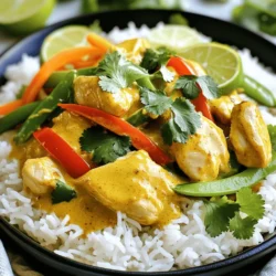 - Chicken: 1 lb boneless thighs - Coconut Milk: 1 can (13.5 oz) - Curry Base: 2 tablespoons red curry paste - Vegetables: onion, bell pepper, carrot, snap peas - Seasoning: soy sauce, brown sugar, salt, and pepper When I make coconut curry chicken, I like to focus on fresh, simple ingredients. The chicken thighs are juicy and tender, making them perfect for this dish. I use coconut milk for a creamy and rich flavor that blends well with the spices. Red curry paste gives the curry its bright color and depth. I like to add a mix of vegetables for crunch and color. Onions bring sweetness, while bell peppers and carrots add texture. Snap peas add a nice pop of freshness. For seasoning, soy sauce balances the sweetness of brown sugar. A pinch of salt and pepper rounds out the flavors. - Fresh cilantro - Lime wedges Garnishes are key to making this dish shine. Fresh cilantro adds a burst of herbal flavor. Lime wedges give a zing that brightens the whole meal. These small touches really elevate the dish and make it visually appealing. If you want the full experience, check out the Full Recipe. Enjoy cooking! 1. Heat the vegetable oil in a large skillet over medium-high heat. 2. Add the diced onion and sauté for about 3-4 minutes. The onion should be soft and fragrant. 3. Next, add the minced garlic and grated ginger. Cook for 1 minute until aromatic. 4. Now, add the chicken pieces to the skillet. Cook until golden and no longer pink, about 5-7 minutes. Season with salt and pepper. 1. Lower the heat to medium-low. Mix in the red curry paste, coating the chicken well. 2. Pour in the coconut milk, soy sauce, and brown sugar. Stir well to combine all the ingredients. 3. Increase the heat to bring the mixture to a gentle simmer. Add the sliced bell pepper, julienned carrot, and snap peas. Cook for 5-7 minutes until the veggies are tender but still crisp. 1. Taste the curry and adjust seasoning. Add more salt, pepper, or brown sugar if needed. 2. Ladle the coconut curry chicken into bowls while hot. Garnish with fresh cilantro. 3. Serve with lime wedges for a burst of freshness. Presentation tips: Serve the curry over jasmine rice. This makes the colors pop! Add extra cilantro on top for a nice touch. For the full recipe, check the details above. To achieve the perfect golden chicken, follow these steps: - Use a hot skillet with oil. - Add chicken in a single layer. - Avoid crowding the pan; this helps it brown nicely. Cook the chicken for about 5-7 minutes. Flip it once for even cooking. This way, it gets that lovely color and flavor. For sautéing vegetables, I recommend these tips to retain crispness: - Cut vegetables into uniform pieces for even cooking. - Don’t overcrowd the pan; it steams the veggies instead of sautéing. - Add them in stages, starting with the firmer ones like carrots. Adjusting spice levels to your taste is easy. Start with 2 tablespoons of red curry paste. If you want more heat, add extra paste or a pinch of chili flakes. Taste as you go to find your perfect balance. If you need alternatives to coconut milk, consider: - Almond milk for a nutty flavor. - Cashew cream for a rich, creamy texture. - Soy milk mixed with a bit of coconut extract for a lighter option. These swaps work well without losing the dish's essence. For more details, check out the Full Recipe. {{image_4}} You can use shrimp or tofu instead of chicken. Shrimp cooks quickly and adds a nice flavor. Tofu works well if you want a vegetarian meal. Just press it first to remove excess water. You can also choose different cuts of chicken. Thighs are juicy, while breasts are leaner. Both options taste great in this dish. Choosing seasonal vegetables brings freshness to your curry. Try adding zucchini, spinach, or mushrooms for variety. You can also load it with more veggies, making it vegetarian-friendly. Broccoli, bell peppers, and carrots mix well. Just remember to adjust cooking times for different veggies. Pair this curry with jasmine rice or basmati rice. The fluffy rice absorbs the sauce perfectly. You can also serve it with naan or roti for a fun twist. For special occasions, plate the dish in bowls with a sprinkle of cilantro. Add lime wedges on the side for a zesty kick. Enjoy the colorful presentation! To store leftovers safely, let the coconut curry chicken cool first. This helps prevent bacteria growth. Transfer the dish to an airtight container. Make sure to seal it tightly. You can store it in the fridge for up to three days. This keeps flavors fresh and tasty. Use glass or BPA-free plastic containers for best results. They are safe and do not retain odors. To reheat your coconut curry chicken, use a skillet on medium heat. Stir it gently to keep it from sticking. You can also use a microwave if you're short on time. Place it in a microwave-safe bowl and cover it. Heat for 1-2 minutes, stirring halfway through. This helps maintain the texture. To avoid sogginess, add a splash of coconut milk while reheating. This keeps the dish creamy and delicious. Enjoy your flavorful meal again! How can I make this dish spicier? You can add more red curry paste. Just start with one extra teaspoon. If you want more heat, try adding sliced fresh chilies or a dash of chili powder. Adjust to your taste as you cook. Can I use light coconut milk? Yes, you can use light coconut milk. It will reduce the creaminess but still tastes great. It has fewer calories and fat but keeps the flavor. Is this recipe suitable for meal prep? Absolutely! Coconut curry chicken stores well. You can make it ahead and enjoy it later. Just store it in an airtight container in the fridge. What type of rice pairs well with coconut curry chicken? Jasmine rice works best. Its fragrant flavor and soft texture complement the curry. You can also use basmati or brown rice if you prefer. How long can I store the leftovers? Leftovers last up to four days in the fridge. Make sure to keep them in a sealed container to maintain freshness. What can I use instead of red curry paste? You can use green curry paste or yellow curry paste as alternatives. They will change the flavor slightly but still taste good. Are there substitutes for soy sauce? Yes, you can use tamari for a gluten-free option. Coconut aminos also work well for a sweeter taste. Adjust the amounts to your liking. This blog post guides you through making a delicious coconut curry chicken. We explored key ingredients, like chicken, coconut milk, and fresh veggies. You learned how to prepare the dish step by step, tips for perfect cooking, and fun variations. Now, you can enjoy this easy meal with family and friends. Feel free to experiment and find your favorite flavors. Happy cooking!