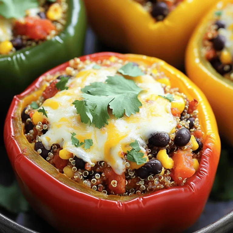 For making delicious vegetarian stuffed bell peppers, you will need the following ingredients: - 4 large bell peppers (any color), tops cut off and seeds removed - 1 cup quinoa, thoroughly rinsed - 2 cups vegetable broth - 1 can (15 oz) black beans, rinsed and drained - 1 cup corn kernels (can be fresh, frozen, or canned) - 1 medium onion, finely chopped - 2 cloves garlic, minced - 1 teaspoon ground cumin - 1 teaspoon smoked paprika - 1 teaspoon chili powder - Salt and pepper, to taste - 1 cup diced tomatoes (canned is fine) - ½ cup shredded cheese (optional, cheddar or a blend works best) - Fresh cilantro, chopped, for garnishing These ingredients combine to create a vibrant and filling dish. The quinoa serves as a great base, adding texture and protein. Black beans and corn give a hearty feel, while spices like cumin and smoked paprika bring warmth and depth. Diced tomatoes add moisture and flavor, making each bite delightful. You can find the full recipe for more details on cooking these tasty stuffed peppers. - Preheat the oven to 375°F (190°C). - Cook quinoa in vegetable broth until fluffy. To start, you need a hot oven. Preheating helps cook the peppers evenly. While the oven heats, rinse your quinoa. Place it in a medium pot with vegetable broth. Bring it to a boil, then lower the heat. Cook until all the liquid is gone and the quinoa is fluffy, about 15 minutes. - Sauté chopped onion until translucent. - Add minced garlic and sauté briefly. Next, grab a skillet. Heat it over medium heat. Add the chopped onion and cook for 5-7 minutes. You want it soft and clear. When it looks good, toss in the minced garlic. Sauté for just one more minute. This will bring out its great flavor. - Mix quinoa with other ingredients and stuff into bell peppers. - Bake covered for 25-30 minutes, then uncover and bake for an additional 10 minutes. Now, it's time to combine everything. In a large bowl, mix the fluffy quinoa with the sautéed onions and garlic. Add the black beans, corn, diced tomatoes, and spices. Stir until well mixed. Grab your bell peppers and stuff them with the mixture. Press down gently to fit it all in. Place them upright in a greased baking dish. If you like cheese, sprinkle some on top. Add a splash of water to the dish to create steam. Cover the dish with foil and pop it in the oven. Bake for 25-30 minutes. After that, remove the foil and bake for 10 more minutes. This helps the tops brown and the cheese melt. Once done, let them cool a bit. Garnish with chopped cilantro for a fresh touch. You can find the full recipe above. Enjoy your tasty vegetarian stuffed bell peppers! When choosing bell peppers, look for firm and unblemished ones. This will give you the best taste and texture. Peppers come in many colors, like green, red, yellow, and orange. Each color has a different flavor. Green peppers taste a bit bitter, while red peppers are sweet and fruity. Yellow and orange peppers fall in between. To cook quinoa perfectly, rinse it well before using. This removes bitterness and helps it taste better. Use two cups of vegetable broth for every cup of quinoa. Bring it to a boil, then lower the heat and cover it. It should take about 15 minutes to cook. To check if your stuffed peppers are done, look for a soft skin. You can also insert a fork to see if they are tender. When serving the stuffed peppers, pair them with lime wedges for a fresh, zesty touch. You can also sprinkle extra cilantro on top for color and flavor. Present them on a large platter for a beautiful display. A splash of extra color makes your meal more inviting. If you want to add a creamy touch, consider a drizzle of yogurt or sour cream on the side. These little touches can elevate your dish and impress your guests. For the full recipe, check out the vibrant quinoa & black bean stuffed bell peppers. {{image_4}} To make these stuffed peppers vegan, you can skip the cheese. Instead, add toppings like avocado or a sprinkle of nutritional yeast. Nutritional yeast gives a cheese-like flavor without any dairy. For the broth, use unseasoned vegetable broth. This helps keep the flavors clean and bright. You can also add more spices to enhance taste. Always check that your ingredients are gluten-free. Quinoa is naturally gluten-free and a great base for stuffing. If you want to try different grains, consider using brown rice or millet. Both options work well and add a nice texture. Just ensure they are cooked before mixing. You can get creative with the stuffing. Try using lentils or chickpeas for added protein. Both are tasty and healthy options. Seasonal vegetables like zucchini or spinach can be added for extra flavor and nutrition. Just chop them small and mix them with the other ingredients. This keeps your dish fresh and exciting. For more ideas, check out the full recipe. To store leftover stuffed peppers, let them cool first. Wrap each pepper tightly in plastic wrap or place them in an airtight container. This keeps them fresh and prevents them from drying out. In the fridge, you can keep them for about 3 to 4 days. If you want to eat them later, freezing is a great option. To reheat your stuffed peppers, the oven works best. Preheat it to 350°F (175°C). Place the peppers in a baking dish and add a splash of water. Cover the dish with foil to keep them moist. Bake for about 20 minutes until they are hot all the way through. You can also use a microwave. Just place the pepper on a plate, cover it with a damp paper towel, and heat for 2 to 3 minutes. Avoid sogginess by not overcooking them and adding water only when baking. To freeze stuffed peppers, wrap each one in plastic wrap or foil. Then, place them in a freezer-safe bag or container. This helps prevent freezer burn. You can keep them in the freezer for up to 3 months. When you are ready to eat, move them to the fridge to thaw overnight. To reheat, follow the same oven method as before or microwave them until hot. Enjoy your tasty meal at any time! For the full recipe, check the section above. You know stuffed peppers are done when they are tender. The peppers should be soft to touch and cooked through. You can also check the filling. If it is hot and bubbly, your dish is ready. A fork should pierce the peppers easily. Yes, you can make stuffed peppers ahead of time. Prepare them, then store them in the fridge. Cover them tightly with plastic wrap or foil. They will stay fresh for up to two days. When ready to eat, just bake them. If you want to switch out quinoa, try rice or couscous. You can also use farro or bulgur. These grains add texture and taste. Just make sure to adjust cooking times based on the grain you use. Vegetarian stuffed peppers last about three to five days in the fridge. Store them in an airtight container. This keeps them fresh and tasty. Always check for any signs of spoilage before eating. Yes, stuffed peppers are healthy! They are packed with nutrients. Bell peppers are full of vitamins A and C. The filling of beans and grains adds protein and fiber. This makes them a great option for a balanced meal. For a full recipe, check out the vibrant quinoa and black bean stuffed bell peppers. You now have a clear recipe for delicious stuffed peppers. We covered the ingredients, preparation steps, and variations to suit your tastes. Remember to choose firm peppers and check the quinoa for doneness. These stuffed peppers offer a nutritious meal that can cater to different diets. Whether vegan, gluten-free, or classic, there’s an option for everyone. Enjoy experimenting with this dish! Happy cooking!