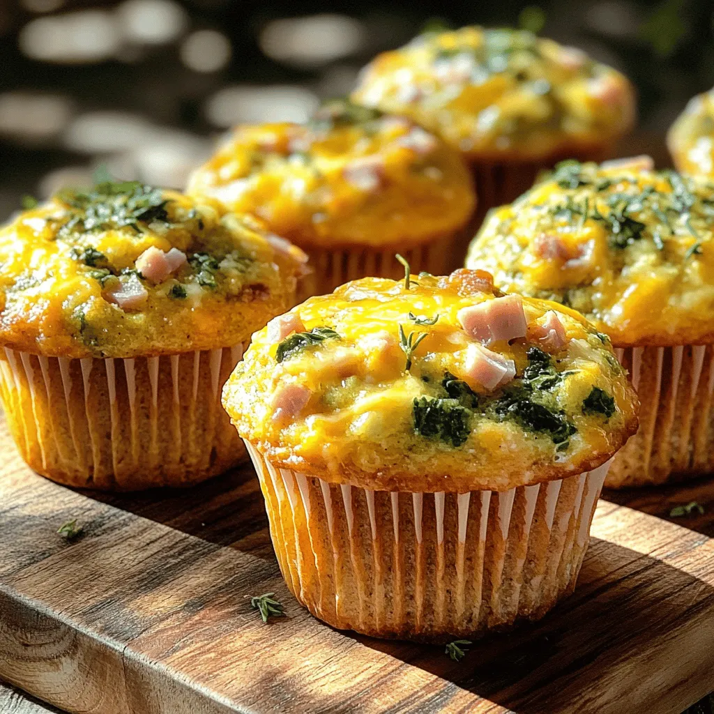 To make savory breakfast muffins, you need: - 1 cup all-purpose flour - 1 cup whole wheat flour - 2 teaspoons baking powder - 1/2 teaspoon baking soda - 1/2 teaspoon salt - 1 teaspoon garlic powder - 1/2 teaspoon black pepper - 1/2 cup shredded cheddar cheese - 1/2 cup diced cooked ham or crispy cooked bacon - 1/2 cup finely chopped fresh spinach or kale - 3 large eggs - 1 cup buttermilk (or 1 cup milk mixed with 1 tablespoon vinegar) - 1/4 cup extra virgin olive oil These ingredients work together to create a light, fluffy muffin that bursts with flavor. You can change the recipe to fit your taste. Try these: - Chopped fresh herbs (like chives or parsley) for garnish - Different cheeses, such as feta or mozzarella - Cooked sausage or turkey bacon for protein - Other vegetables, like bell peppers or zucchini Feel free to mix and match to make these muffins your own! If you have allergies, here are some easy swaps: - Use gluten-free flour instead of all-purpose flour. - Replace eggs with flaxseed meal or applesauce for a vegan option. - Swap buttermilk with a dairy-free milk alternative, mixed with lemon juice. - Use dairy-free cheese for a lactose-free choice. These substitutions ensure everyone can enjoy these tasty muffins! 1. Preheat your oven to 375°F (190°C). This ensures even baking. 2. Prepare a 12-cup muffin tin. You can line it with paper liners or spray it with cooking spray. This makes it easy to remove the muffins later. 3. In a medium bowl, sift together the all-purpose flour, whole wheat flour, baking powder, baking soda, salt, garlic powder, and black pepper. Whisk these dry ingredients until mixed well. This step helps avoid lumps. 4. In a large bowl, crack three large eggs. Beat them lightly. Add the buttermilk and olive oil. Whisk until everything is well combined. 5. Gradually add the dry mix to the wet ingredients. Stir gently to combine. Don’t overmix; it’s okay if a few lumps remain. 6. Carefully fold in the shredded cheddar cheese, diced ham or bacon, and chopped spinach or kale. This helps ensure every bite is tasty. 7. Use a scoop or spoon to fill each muffin cup about 3/4 full. This allows space for rising during baking. 8. Place the muffin tin in your preheated oven. Bake for 18 to 22 minutes. The muffins are done when their tops are golden brown and a toothpick comes out clean. 9. Once baked, remove the tin from the oven. Let the muffins cool for a few minutes. Then, gently transfer them to a wire rack to cool completely. This helps keep them from getting soggy. 10. For a pop of flavor, sprinkle fresh chopped herbs on top before serving. You can arrange the muffins on a platter or serve them warm in a basket. Enjoy your savory breakfast muffins! To make your savory breakfast muffins shine, measure your flour carefully. Use a spoon to fill your measuring cup, then level it off. This keeps your muffins light and fluffy. Mix your wet and dry ingredients gently. Overmixing can lead to tough muffins. Aim for a few lumps in the batter for best results. Set your oven to 375°F (190°C). Bake your muffins for 18 to 22 minutes. Check for doneness by inserting a toothpick. If it comes out clean, your muffins are ready. Keep an eye on them as ovens can vary. Golden tops show they are baked well. Don’t skip the buttermilk; it adds moisture and flavor. Also, avoid using cold eggs and milk. Room temperature ingredients mix better. Watch the baking time closely. Opening the oven too soon can cause them to sink. Lastly, don’t skip the cooling step. Letting them cool allows the texture to improve. For the full recipe, check the details above. {{image_4}} You can switch up the cheese in your muffins. Cheddar is great, but try others! - Feta adds a tangy kick. - Mozzarella gives a creamy texture. - Parmesan adds a nutty flavor. Mix and match these cheeses to find your favorite blend. Vegetables add color and nutrients to your muffins. You can use many options! - Bell peppers bring sweetness and crunch. - Zucchini keeps them moist and adds fiber. - Mushrooms offer a rich, earthy taste. Feel free to mix different veggies for a fun twist! Want to boost flavor? Add some fun ingredients! - Sun-dried tomatoes add a burst of flavor. - Olives give a salty kick. - Nuts or seeds add crunch and protein. Experiment with spices too, like cumin or paprika, to make them unique. For the full recipe, check out the detailed instructions above! To keep your savory breakfast muffins fresh, store them in an airtight container. Place a piece of paper towel at the bottom to absorb moisture. This helps keep them soft. You can also wrap them in plastic wrap before placing them in the container. Make sure to let them cool completely before storing. When you want to enjoy your muffins again, you can reheat them easily. Preheat your oven to 350°F (175°C). Place the muffins on a baking sheet. Heat them for about 5 to 10 minutes. This brings back their fresh-baked taste. You can also use the microwave. Heat on low for about 15 to 20 seconds. Be careful not to overheat, as they can become tough. For long-term storage, freezing is a great option. Wrap each muffin tightly in plastic wrap. Then place them in a freezer-safe bag. Remove as much air as possible. Label the bag with the date. You can freeze the muffins for up to three months. When you’re ready to eat them, thaw them in the fridge overnight. Reheat them using the oven or microwave for a quick breakfast treat. Check out the Full Recipe for more details on making these delightful muffins! Yes, you can easily make these muffins gluten-free. To do this, substitute the all-purpose and whole wheat flour with a gluten-free flour blend. Ensure it is a 1:1 replacement for the best results. You might need to adjust the liquid slightly, so keep an eye on the batter’s consistency. Gluten-free muffins can be just as fluffy and tasty! Savory muffins usually last about three to five days when stored properly. Keep them in an airtight container at room temperature. If you want them to last longer, you can refrigerate them for up to a week. Just make sure to reheat them before serving to regain their fresh taste. Absolutely! You can swap out the ham or bacon for other proteins. Try cooked sausage, turkey, or even tofu for a vegetarian option. Just ensure that any meat you choose is fully cooked before mixing it into your batter. This way, you'll have endless flavor options for your savory breakfast muffins! Savory breakfast muffins are fun and easy to make. You learned about key ingredients, helpful tips, and ways to customize your muffins. Remember to use fresh veggies and flavors you love. Avoid common mistakes for perfect texture. Store leftovers properly or freeze them for later. With this guide, you can enjoy tasty muffins anytime. Now it’s your turn to bake and share these delights with others!