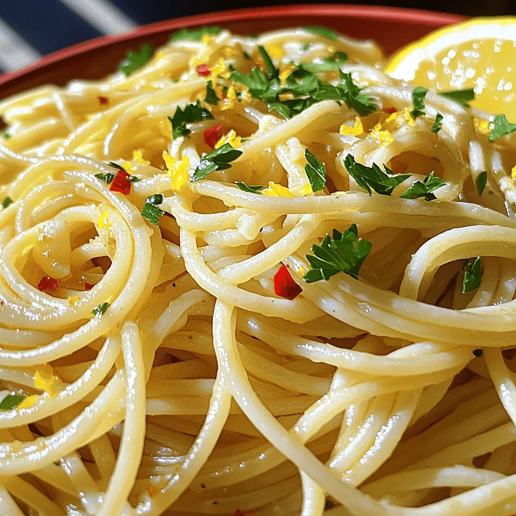 For a delicious plate of spaghetti aglio e olio, gather these simple items: - 400g spaghetti - 6 cloves garlic, thinly sliced - 1/2 cup extra-virgin olive oil - 1 teaspoon red pepper flakes (more or less according to your spice preference) - 1/4 cup fresh parsley, finely chopped - Zest and juice of 1 lemon - Salt, to taste - Grated Parmesan cheese (optional, for serving) Fresh ingredients make a big difference in this dish. Good garlic brings strong flavor and aroma. Fresh parsley adds brightness and color. Using quality olive oil gives a rich taste. When you use fresh items, your pasta shines. You can taste the love in each bite. It makes the dish feel special and homemade. If you lack some ingredients, don’t worry. You can still enjoy this meal. Here are some swaps: - If you don’t have spaghetti, use another pasta shape, like linguine or fettuccine. - If you want a milder taste, try shallots instead of garlic. - For a different kick, use crushed red pepper or chili flakes. - If you can’t find fresh parsley, dried parsley works too, but use less. - No lemon? A splash of vinegar can add a nice twist. Feel free to get creative! The heart of spaghetti aglio e olio lies in its simplicity, so make it yours. For the full recipe, check out the detailed instructions above. Start by filling a large pot with water. Add a good amount of salt to the water. Bring it to a boil. Once boiling, add the spaghetti. Cook it according to the package's time until it is al dente. This means it should be firm yet cooked. When done, save about one cup of pasta water, then drain the spaghetti in a colander. Grab a large skillet and pour in the olive oil. Set the heat to medium. When the oil gets hot and shimmers, it’s time to add the garlic. Thinly sliced garlic works best here. Add the red pepper flakes next. Let it sauté for about 2-3 minutes. Watch closely; the garlic should turn golden, not brown. Burnt garlic can ruin the dish. Now, add the drained spaghetti to the skillet. Use tongs or a large fork to toss it well in the garlic oil. If the pasta feels dry, add some of the reserved pasta water slowly. This helps it mix better. Next, stir in the fresh lemon zest and juice, and sprinkle the chopped parsley. Toss everything together, making sure the flavors spread evenly. Adjust the salt to your liking. That's it! You can check [Full Recipe] for more details. To keep garlic from burning, cook it low and slow. Start by using medium heat when you add the sliced garlic to the oil. Stir it often and watch closely. It should turn golden, not brown. If it burns, it tastes bitter. If it starts to brown too quickly, lower the heat. This simple step makes all the difference in flavor. Cook your spaghetti until it is al dente. This means it should be firm but not hard. To do this, check the package for cooking times. Start tasting a minute or two before the time is up. When you drain it, save some pasta water. This helps if your dish needs a little moisture later. The right texture makes your dish shine. Adding cheese and herbs boosts the taste of your dish. Grated Parmesan cheese adds creaminess and depth. Fresh parsley gives a bright flavor and color. Try adding lemon zest for a zesty kick. You can also mix in fresh basil or oregano. These little touches can elevate your spaghetti aglio e olio. Don't be afraid to get creative! {{image_4}} You can easily spice up Aglio e Olio. Add more red pepper flakes for heat. If you like it extra spicy, include sliced fresh chili peppers. This change adds warmth and depth to the dish. You can also mix in a bit of smoked paprika for a unique twist. Adjust the spice level to fit your taste buds. Think about tossing in some veggies or proteins. Broccoli, spinach, or cherry tomatoes add color and flavor. If you prefer protein, grilled chicken or shrimp work well. Just cook these ingredients first and add them with the pasta. This makes a filling meal, plus you get more nutrients. For a refreshing spin, try Aglio e Olio with lemon. The zest and juice brighten the dish. Start by preparing the pasta and garlic oil as usual. Add the zest and juice of one lemon at the end. This twist brings a fresh taste that balances the oil and garlic. You’ll love how the lemon enhances every bite. Enjoy this bold flavor in the Full Recipe. Spaghetti Aglio e Olio shines on its own but pairs well with simple sides. Here are some ideas: - Garlic Bread: A classic choice. It complements the garlic in the pasta. - Caprese Salad: Fresh tomatoes, basil, and mozzarella bring a bright taste. - Grilled Vegetables: Zucchini, bell peppers, or asparagus add color and flavor. - Caesar Salad: Crisp romaine and creamy dressing balance the dish. Choosing the right wine can elevate your meal. Here are some good options: - Pinot Grigio: A light white wine that enhances the dish’s flavors. - Chardonnay: A fuller-bodied white that adds richness to the meal. - Sangiovese: This red has enough acidity to match the pasta. - Prosecco: Bubbles can make the meal feel special and festive. How you serve Spaghetti Aglio e Olio matters. Here are some tips to impress your guests: - Warm Pasta Bowls: Serve in heated bowls. It keeps the dish nice and warm. - Garnish with Parsley: A sprinkle of fresh parsley adds color and freshness. - Add Lemon Wedges: Place lemon wedges on the side for a pop of color. - Drizzle Olive Oil: A light drizzle of olive oil gives a nice sheen. These suggestions can help you create a meal that looks as good as it tastes. Enjoy your Spaghetti Aglio e Olio with these pairings! Making Spaghetti Aglio e Olio is quick and easy. It takes about 20 minutes from start to finish. You spend around 10 minutes prepping and 10 minutes cooking. This dish is perfect for a busy weeknight or a quick lunch. Yes, you can make Aglio e Olio in advance. Cook the spaghetti and prepare the garlic oil. Then, store them separately in the fridge. When ready to eat, heat the garlic oil and toss in the spaghetti. Add a splash of pasta water to refresh the dish. If you don’t have red pepper flakes, you can use other spices. Try crushed black pepper for a milder kick. You can also use a dash of hot sauce or fresh chili peppers. Adjust the amount based on your heat preference. Enjoy your Spaghetti Aglio e Olio with your chosen spice! This blog post covered ingredients, cooking steps, tips, and variations for Spaghetti Aglio e Olio. Fresh ingredients are key to great taste. Avoid burning garlic and get the perfect pasta texture for the best dish. Embrace creative variations by adding meats or veggies. Consider side dishes and wine for the perfect meal. Spaghetti Aglio e Olio is simple and flexible. With these tips, you can impress anyone at your table. Enjoy the cooking journey and make each dish your own!