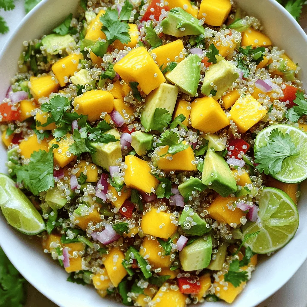 To make a Mango Avocado Quinoa Salad, you will need: - 1 cup quinoa, thoroughly rinsed - 2 cups water - 1 ripe mango, diced into bite-sized pieces - 2 ripe avocados, diced - 1 medium red bell pepper, finely chopped - 1/4 cup red onion, finely chopped - 1/4 cup fresh cilantro, roughly chopped - Juice of 1 lime - 2 tablespoons extra-virgin olive oil - Salt and pepper to taste - Quinoa: A great source of protein and fiber. It has all nine essential amino acids. - Mango: Low in calories and high in vitamins A and C. It boosts your immune system. - Avocado: Packed with healthy fats, fiber, and potassium. It supports heart health. - Red bell pepper: Rich in vitamins C and A. It adds crunch and color. - Red onion: Provides antioxidants and vitamins. It adds a nice bite. - Cilantro: High in vitamins K and C. It adds a fresh, herbal note. - Lime juice: Rich in vitamin C. It brightens the flavors in the salad. - Olive oil: Heart-healthy fat that helps absorb nutrients. It adds richness. - Salt and pepper: Enhances all the flavors in the dish. If you want to switch things up, consider these options: - For quinoa, use brown rice or farro for a different texture. - Instead of mango, try pineapple or peaches for a sweet twist. - Swap avocados with diced cucumber for a lighter salad. - Use any color bell pepper, like yellow or green, for variety. - If you dislike cilantro, use parsley or basil for a fresh taste. - Instead of lime juice, lemon juice can also work well. - For a vegan option, replace olive oil with avocado oil or nut oil. This way, you can make your Mango Avocado Quinoa Salad just the way you like it. For a full recipe, check out the link. Start by rinsing 1 cup of quinoa under cold water. This removes the bitter coating called saponin. In a medium pot, bring 2 cups of water to a boil. Add the rinsed quinoa along with a pinch of salt. Cover the pot, reduce the heat to low, and let it simmer for 15 minutes. When the quinoa is cooked, the water should be gone. Remove the pot from heat and let it cool to room temperature. While the quinoa cools, prepare the other ingredients. Dice 1 ripe mango and 2 ripe avocados into bite-sized pieces. Chop 1 medium red bell pepper, 1/4 cup of red onion, and 1/4 cup of fresh cilantro. In a large mixing bowl, combine the cooled quinoa with the diced mango, avocados, chopped red bell pepper, red onion, and cilantro. Gently stir to mix everything. Drizzle the juice of 1 lime and 2 tablespoons of extra-virgin olive oil over the salad. Use a spatula to toss the salad without mashing the avocados. Season with salt and pepper to taste, and fold the mixture again to spread the seasoning. Let the salad rest for about 10 minutes before serving. To achieve perfect quinoa, use a 2:1 water-to-quinoa ratio. This helps ensure the grains cook evenly and remain fluffy. Always rinse the quinoa to remove bitterness. Do not skip the resting step after cooking; it allows the quinoa to absorb any remaining moisture. This makes it light and fluffy, perfect for your salad. To slice a mango, first stand it upright. Cut along the seed, creating two halves. Score the flesh in a grid pattern without cutting through the skin. Then, scoop the pieces out with a spoon. For avocados, cut in half around the pit. Twist to separate the halves and remove the pit with a spoon. Slice each half into wedges, then scoop out the flesh. This method keeps your fruit intact and beautiful for the salad. For the full recipe, check out the main section. Enjoy your fresh and flavorful Mango Avocado Quinoa Salad! When mixing the salad, be gentle. Start by adding the cooled quinoa to a large bowl. Next, add the diced mango, avocados, red bell pepper, red onion, and cilantro. Use a spatula to fold the ingredients. This method keeps the avocado pieces whole. If you stir too hard, you might mash the avocados. Aim for a light touch to mix everything. Letting the salad rest is key. After mixing, allow it to sit for about 10 minutes. This time helps the flavors blend together. The lime juice and olive oil soak into the quinoa and veggies. It makes each bite taste even better. Plus, the resting time cools the salad slightly, making it more refreshing. Having the right tools makes prep easy. Use a medium saucepan for cooking quinoa. A large mixing bowl is perfect for combining the salad. A sharp knife helps you slice the mango and avocado neatly. A spatula is great for folding the salad without mashing. For measuring, use a set of dry measuring cups. These simple tools make cooking fun and stress-free. You can find the full recipe in the article for all the details! {{image_4}} You can boost the taste of your Mango Avocado Quinoa Salad with extra ingredients. Try adding: - Black beans for protein - Corn for sweetness - Cherry tomatoes for color - Jalapeños for heat - Feta cheese for creaminess Each of these will bring unique flavors and textures. Feel free to mix and match based on what you enjoy! This salad is naturally vegan and gluten-free. To keep it that way, avoid adding cheese or any animal products. If you want to make it more filling, add chickpeas or nuts. These options are also vegan-friendly. Always check labels for gluten-free status if using packaged goods. This salad is flexible. Serve it as a main dish by adding grilled chicken or shrimp. It also works well as a side dish for barbecues or picnics. Pair it with grilled meat or fish. It adds a fresh touch to any meal. For the full recipe and more details, check out the instructions above! To keep your Mango Avocado Quinoa Salad fresh, store leftovers in an airtight container. Make sure to seal the container well to avoid air exposure. This will help preserve the flavors and textures of the ingredients. If possible, keep the dressing separate until you are ready to eat. This prevents the salad from getting soggy. For best results, use glass containers with tight-fitting lids. Glass is non-reactive and helps maintain the taste. If you need something lightweight, use BPA-free plastic containers. Ensure they are also airtight to keep your salad fresh. Label the containers with the date you made the salad. This way, you can track how long it has been stored. To extend the freshness of your ingredients, consider these tips: - Store diced avocados in lemon juice to slow browning. - Keep mango pieces in the fridge to maintain their sweetness. - Store cooked quinoa in a separate container to avoid sogginess. - Use fresh herbs like cilantro right before serving for better flavor. Following these tips will help you enjoy your Mango Avocado Quinoa Salad for days. For the full recipe, check the previous section. You can use rice or couscous instead of quinoa. Both options offer a nice texture. If you want a gluten-free choice, try millet or amaranth. These grains cook quickly and absorb flavors well. You can also use farro for a chewier bite. Yes, you can make this salad a few hours ahead. Just store it in the fridge. The flavors will blend nicely as it sits. To keep the avocados fresh, add them just before serving. This helps prevent browning and keeps the salad looking vibrant. To pick ripe mangos, look for smooth skin with a slight give when you press lightly. The color can vary by type, so don’t focus only on that. For avocados, choose ones that feel soft but not mushy. They should yield gently to your touch. If they’re hard, let them ripen on the counter. This blog post shared key steps to create a vibrant and healthy salad. We covered the best ingredients, their nutrition, and useful tips for preparing quinoa, mango, and avocado. You learned simple ways to mix and serve your salad, plus ideas for variations and dietary needs. Remember to store leftovers well to keep them fresh. With this guide, you can enjoy a delicious salad that’s easy to make and tailored to your taste. Now, you can impress your friends and family with your new skills!