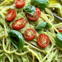 - 2 ripe avocados - 12 ounces pasta of choice - Fresh basil leaves - 2 cloves garlic - 1 tablespoon lemon juice - 1/4 cup Parmesan cheese - Cherry tomatoes - Extra basil leaves - Olive oil To create creamy avocado pasta, start with fresh ingredients. The avocados give a smooth texture and rich flavor. Choosing the right pasta is key. You can pick spaghetti, penne, or any type you love. Next, garlic adds a punch. A hint of lemon juice brightens the dish. It helps balance the creaminess of the avocados. Parmesan cheese adds a salty note, but you can swap it for nutritional yeast for a vegan option. For garnishes, cherry tomatoes add color and sweetness. Extra basil leaves give a fresh touch. Drizzling olive oil enhances the dish’s richness. For the full recipe, check out the detailed instructions. This dish is not just easy to make; it is also fun to enjoy! - Fill a large pot with water. - Add a generous pinch of salt. - Bring water to a boil. - Add your pasta choice. - Cook until al dente, according to package directions. - Reserve 1/2 cup of pasta water before draining. - Drain the pasta and set aside. - In a food processor, add the avocado flesh. - Add minced garlic and lemon juice. - Toss in fresh basil leaves and grated Parmesan cheese. - Pour in extra virgin olive oil. - Blend until smooth and creamy. - If too thick, add reserved pasta water a little at a time. - In a large bowl, combine the drained pasta with the avocado sauce. - Gently toss until the pasta is coated. - Season with salt and pepper to taste. For the full recipe, check out the details above. Enjoy your creamy avocado pasta! To make your sauce truly creamy, use ripe avocados. They give the best texture and taste. Look for avocados that yield slightly when you press them. This means they are ready. Next, adjust seasoning according to your taste. You may want more salt or lemon juice. Always taste as you go. Before you serve, drizzle olive oil on top. This adds flavor and a nice shine. You can also add garnishes for visual appeal. Think fresh basil leaves or colorful cherry tomatoes. These make your dish look even more inviting. This dish is quick! It takes about 10 minutes to prep and another 10 minutes to cook. So, you can have a delicious meal ready in just 20 minutes. Perfect for busy days! {{image_4}} For a vegan twist on creamy avocado pasta, swap the Parmesan cheese with nutritional yeast. Nutritional yeast adds a cheesy flavor without any dairy. It also boosts the dish with extra vitamins, like B12. This simple change makes this meal plant-based and keeps it creamy. If you need a gluten-free option, use gluten-free pasta alternatives. Many types are available, like rice or chickpea pasta. They cook similarly to regular pasta. Just follow the package instructions. You can enjoy the same creamy sauce with these gluten-free choices. Want to make your creamy avocado pasta more filling? Consider adding protein like grilled chicken or shrimp. Cook the protein separately, then mix it in with the pasta and sauce. This keeps your meal balanced and adds new flavors. You can customize it to fit your taste. For the full recipe, check out the Creamy Avocado Pasta Delight! To keep your creamy avocado pasta fresh, refrigerate it in an airtight container. This method helps maintain its flavor and texture. Be sure to consume it within 2-3 days for the best taste. This dish is best served fresh. However, if you have leftovers, you can reheat them gently in a pan. Heat on low, stirring often. You may want to add a splash of olive oil or a bit of reserved pasta water to help revive the creaminess. Freezing is not recommended for this dish. When you freeze avocado, its texture can change. It may become mushy when thawed, which affects the overall quality of your meal. Enjoy your creamy avocado pasta fresh for the best experience! If you want to save time, consider making the sauce ahead and storing it separately. Typically, creamy avocado pasta lasts about 2-3 days in the fridge. Make sure to store it in an airtight container. This will help keep it fresh for as long as possible. Over time, you may notice the avocado darkening, but it’s still safe to eat within this time frame. Yes, you can make this recipe ahead of time. I recommend storing the sauce separately from the pasta. This keeps the sauce creamy and prevents the pasta from getting soggy. When you are ready to eat, just combine them. Absolutely! Creamy avocado pasta is great for meal prep. You can cook a big batch and store it for quick meals throughout the week. This way, you save time and have a tasty dish ready to go. Just remember to keep the sauce and pasta separate until you’re ready to eat. This blog post details how to make creamy avocado pasta with ease. We covered essential ingredients like ripe avocados, pasta, and fresh basil. You learned how to cook pasta, blend a smooth avocado sauce, and combine the two. Tips helped you perfect the sauce and offered serving suggestions. In the end, this dish is not only quick but adaptable too. You can customize it to fit your taste or dietary needs. Enjoy your cooking, and savor every bite of this fresh, vibrant meal!