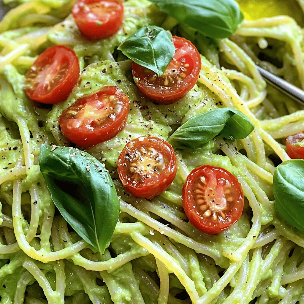 - 2 ripe avocados - 12 ounces pasta of choice - Fresh basil leaves - 2 cloves garlic - 1 tablespoon lemon juice - 1/4 cup Parmesan cheese - Cherry tomatoes - Extra basil leaves - Olive oil To create creamy avocado pasta, start with fresh ingredients. The avocados give a smooth texture and rich flavor. Choosing the right pasta is key. You can pick spaghetti, penne, or any type you love. Next, garlic adds a punch. A hint of lemon juice brightens the dish. It helps balance the creaminess of the avocados. Parmesan cheese adds a salty note, but you can swap it for nutritional yeast for a vegan option. For garnishes, cherry tomatoes add color and sweetness. Extra basil leaves give a fresh touch. Drizzling olive oil enhances the dish’s richness. For the full recipe, check out the detailed instructions. This dish is not just easy to make; it is also fun to enjoy! - Fill a large pot with water. - Add a generous pinch of salt. - Bring water to a boil. - Add your pasta choice. - Cook until al dente, according to package directions. - Reserve 1/2 cup of pasta water before draining. - Drain the pasta and set aside. - In a food processor, add the avocado flesh. - Add minced garlic and lemon juice. - Toss in fresh basil leaves and grated Parmesan cheese. - Pour in extra virgin olive oil. - Blend until smooth and creamy. - If too thick, add reserved pasta water a little at a time. - In a large bowl, combine the drained pasta with the avocado sauce. - Gently toss until the pasta is coated. - Season with salt and pepper to taste. For the full recipe, check out the details above. Enjoy your creamy avocado pasta! To make your sauce truly creamy, use ripe avocados. They give the best texture and taste. Look for avocados that yield slightly when you press them. This means they are ready. Next, adjust seasoning according to your taste. You may want more salt or lemon juice. Always taste as you go. Before you serve, drizzle olive oil on top. This adds flavor and a nice shine. You can also add garnishes for visual appeal. Think fresh basil leaves or colorful cherry tomatoes. These make your dish look even more inviting. This dish is quick! It takes about 10 minutes to prep and another 10 minutes to cook. So, you can have a delicious meal ready in just 20 minutes. Perfect for busy days! {{image_4}} For a vegan twist on creamy avocado pasta, swap the Parmesan cheese with nutritional yeast. Nutritional yeast adds a cheesy flavor without any dairy. It also boosts the dish with extra vitamins, like B12. This simple change makes this meal plant-based and keeps it creamy. If you need a gluten-free option, use gluten-free pasta alternatives. Many types are available, like rice or chickpea pasta. They cook similarly to regular pasta. Just follow the package instructions. You can enjoy the same creamy sauce with these gluten-free choices. Want to make your creamy avocado pasta more filling? Consider adding protein like grilled chicken or shrimp. Cook the protein separately, then mix it in with the pasta and sauce. This keeps your meal balanced and adds new flavors. You can customize it to fit your taste. For the full recipe, check out the Creamy Avocado Pasta Delight! To keep your creamy avocado pasta fresh, refrigerate it in an airtight container. This method helps maintain its flavor and texture. Be sure to consume it within 2-3 days for the best taste. This dish is best served fresh. However, if you have leftovers, you can reheat them gently in a pan. Heat on low, stirring often. You may want to add a splash of olive oil or a bit of reserved pasta water to help revive the creaminess. Freezing is not recommended for this dish. When you freeze avocado, its texture can change. It may become mushy when thawed, which affects the overall quality of your meal. Enjoy your creamy avocado pasta fresh for the best experience! If you want to save time, consider making the sauce ahead and storing it separately. Typically, creamy avocado pasta lasts about 2-3 days in the fridge. Make sure to store it in an airtight container. This will help keep it fresh for as long as possible. Over time, you may notice the avocado darkening, but it’s still safe to eat within this time frame. Yes, you can make this recipe ahead of time. I recommend storing the sauce separately from the pasta. This keeps the sauce creamy and prevents the pasta from getting soggy. When you are ready to eat, just combine them. Absolutely! Creamy avocado pasta is great for meal prep. You can cook a big batch and store it for quick meals throughout the week. This way, you save time and have a tasty dish ready to go. Just remember to keep the sauce and pasta separate until you’re ready to eat. This blog post details how to make creamy avocado pasta with ease. We covered essential ingredients like ripe avocados, pasta, and fresh basil. You learned how to cook pasta, blend a smooth avocado sauce, and combine the two. Tips helped you perfect the sauce and offered serving suggestions. In the end, this dish is not only quick but adaptable too. You can customize it to fit your taste or dietary needs. Enjoy your cooking, and savor every bite of this fresh, vibrant meal!