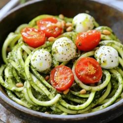 - 3 medium zucchini, spiralized - 1 cup fresh basil leaves, packed - 1/4 cup pine nuts, toasted - 1/4 cup grated Parmesan cheese - 2-3 cloves garlic, finely minced - 1/4 cup extra virgin olive oil - Sea salt and freshly ground black pepper to taste - Cherry tomatoes, halved - Fresh mozzarella balls (optional) Zucchini noodles are a fun and healthy twist on pasta. They give you that same satisfying bite. To make them, you need three medium zucchini. Use a spiralizer to turn them into long noodles. This step is easy and quick. Now, let's talk about the basil pesto. You'll need some fresh ingredients to make it pop. Grab a cup of fresh basil leaves. Toast a quarter cup of pine nuts for a nutty taste. Grate a quarter cup of Parmesan cheese for a rich flavor. Mince two to three cloves of garlic for that zesty kick. Finally, have a quarter cup of extra virgin olive oil ready. You'll also need sea salt and black pepper to taste. For garnishes, I like to use cherry tomatoes cut in half. They’re sweet and add color. Fresh mozzarella balls are also a great option. They add creaminess. This blend of ingredients makes a bright and delicious meal. You can find the Full Recipe to guide you through the cooking process step by step. To start, take three medium zucchinis and spiralize them into noodles. A spiralizer makes this easy and fun. Once you have your noodles, place them in a colander. Lightly sprinkle them with sea salt. Let them sit for about 10 minutes. This helps draw out excess moisture. After 10 minutes, gently pat the noodles dry with a paper towel. This step keeps your dish from becoming watery. Now, let’s make the basil pesto. Grab your food processor and add one cup of fresh basil leaves, packed tight. Then, include a quarter cup of toasted pine nuts. Next, add a quarter cup of grated Parmesan cheese and two to three cloves of finely minced garlic. Pulse this mixture until it’s coarsely blended. You want it well mixed, but still chunky for texture. While the food processor runs, slowly drizzle in a quarter cup of extra virgin olive oil. Keep processing until the pesto is smooth and creamy. Taste it and adjust the seasoning with sea salt and freshly cracked black pepper if needed. Now it’s time to combine the noodles with the pesto. In a large mixing bowl, add your prepared zucchini noodles. Pour the basil pesto over them. Gently toss everything together. Make sure the noodles are evenly coated. Be careful not to break the noodles while mixing. Your zesty zucchini noodles with pesto are almost ready to serve! When picking zucchini, choose firm, medium-sized ones. Look for shiny skin and no spots. Firm zucchini yields a nice crunch. Too large zucchini may be watery and less tasty. Always check for freshness to ensure the best flavor. Pesto is simple but can be adjusted to your taste. After blending, taste your pesto. If it feels flat, add a pinch of salt or more garlic. You can also add lemon juice for brightness. Keep tweaking until it sings to your palate! Get creative with how you serve your dish. Try adding halved cherry tomatoes on top for color. Fresh mozzarella balls can add creaminess. You can also sprinkle some nuts for a crunch. A drizzle of olive oil can enhance the flavors even more. {{image_4}} You can easily add protein to your zucchini noodles. Try shredded chicken for a hearty meal. Cook chicken breast, shred it, and mix it in. Shrimp also works great. Just sauté shrimp until they turn pink, then toss them in. For a plant-based option, add cubed tofu. Cook the tofu until golden brown, then mix it with the noodles. These options make your dish filling and tasty. Want to switch up the flavor? Use spinach or kale instead of basil. Spinach gives a mild taste, while kale adds a bit of bite. Just blend it with the same ingredients as before. You can also try adding nuts like walnuts or pecans for a different twist. This keeps your meal fresh and exciting. If you're avoiding dairy, you can still enjoy pesto. Substitute nutritional yeast for the Parmesan cheese. It adds a cheesy flavor without the dairy. Just use about 1/4 cup of nutritional yeast in your pesto. This makes it creamy and rich while keeping it vegan. Enjoy your delicious zucchini noodles guilt-free! To keep your zucchini noodles fresh, store them in a sealed container. Make sure to remove as much air as possible. Place a paper towel inside to absorb excess moisture. This helps prevent sogginess. You can store them in the fridge for up to three days. The pesto should also go in a sealed jar. It can last up to one week. You can freeze zucchini noodles and pesto, but do it separately. For zucchini noodles, spread them out on a baking sheet. Freeze them for a few hours until solid. Then, transfer them to a freezer bag. This way, they won’t stick together. For pesto, pour it into an ice cube tray. Once frozen, pop the cubes into a bag. This makes it easy to use later. To reheat zucchini noodles, use a skillet over medium heat. Add a splash of water or olive oil. Heat for just a few minutes until warm. Avoid cooking them too long. This keeps them from getting mushy. For pesto, warm it gently in a small pot. Stir until it’s heated through. Mix it with the noodles right before serving. You can make zucchini noodles with just a knife or a peeler. If using a knife, slice the zucchini into thin strips. Try to keep the cuts even for a better look. You can also use a vegetable peeler to create flat ribbons. Keep peeling until you reach the core. This method gives you a great texture for your dish. Yes, you can make pesto before you need it. Blend your ingredients as usual, then store the pesto in a container. Add a thin layer of olive oil on top to keep it fresh. Seal it tightly and place it in the fridge. You can store it for up to a week. Just give it a stir before using. Zucchini noodles with pesto pair well with many sides. You can serve them with grilled chicken or shrimp for protein. A fresh salad also adds a nice crunch. If you want more veggies, try steamed broccoli or roasted bell peppers. These sides enhance the meal without overpowering the flavors. You can find the complete recipe in the Full Recipe: Zesty Zucchini Noodles with Basil Pesto . In this blog post, I shared a simple recipe for Zucchini Noodles with Basil Pesto. You learned about the fresh ingredients, like zucchini and basil, and how to prepare them. I explained step-by-step instructions to help you create this dish. Remember, using the right zucchini and customizing your pesto can enhance your meal. Enjoy experimenting with proteins and different pestos, too. Store leftovers properly or try freezing them for later. Now you have the tools to make a delicious and healthy dish that can impress anyone!