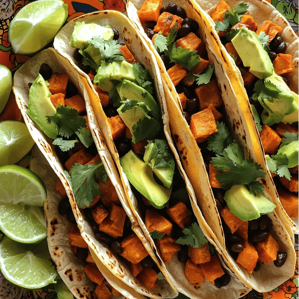 - 2 medium sweet potatoes, peeled and cut into ½-inch cubes - 1 can (15 oz) black beans, thoroughly rinsed and drained - 1 tablespoon extra-virgin olive oil - 1 teaspoon ground cumin - 1 teaspoon smoked paprika - ½ teaspoon chili powder - Sea salt and freshly cracked black pepper to taste - 8 small corn tortillas - ½ cup fresh cilantro, roughly chopped - 1 ripe avocado, sliced into thin wedges - Lime wedges, for serving Sweet potatoes are packed with vitamins A and C. They are great for your eyes and skin. Black beans are rich in protein and fiber. They help keep you full and satisfied. Olive oil offers healthy fats that are good for your heart. The spices not only add flavor but also boost your metabolism. Cilantro gives freshness and can help with digestion. Avocado adds creaminess and healthy fats, making the meal even better. When choosing sweet potatoes, look for ones that are firm and smooth. Avoid those with bruises or soft spots. For black beans, check the can for any dents or leaks. Choose firm avocados that yield slightly when pressed. This means they are ripe. Select fresh cilantro that is bright green and fragrant. Always choose corn tortillas that are soft and flexible for the best taco experience. Start by gathering your ingredients. You will need sweet potatoes, black beans, olive oil, spices, and tortillas. Preheat your oven to 425°F (220°C). This heat is perfect for roasting sweet potatoes. Make sure to rinse and drain the black beans to get rid of extra salt and liquid. On a large baking sheet, place the sweet potato cubes. Drizzle them with olive oil. Sprinkle the ground cumin, smoked paprika, chili powder, sea salt, and black pepper over them. Toss until they are well coated. Spread the sweet potatoes in a single layer. Roast for 20-25 minutes until they are fork-tender. Stir them halfway to ensure even cooking. The sweet potatoes should be golden and caramelized when done. While the sweet potatoes roast, heat the black beans in a small saucepan over medium heat. Stir them occasionally for about 5 minutes until they are hot. Add a pinch of sea salt and black pepper to enhance their flavor. Keep them warm on low heat while you prepare the tortillas. To learn how to finish assembling these tasty tacos, check out the Full Recipe. When making sweet potato and black bean tacos, a few mistakes can happen. Here are the main ones to watch out for: - Overcooking sweet potatoes: They should be tender, not mushy. - Skipping the seasoning: Adding spices makes a big flavor difference. - Not warming tortillas: Cold tortillas can break easily. Always warm them up. - Ignoring texture: Balance creamy avocado with crunchy toppings like cilantro. To boost flavor, consider these tips: - Add lime zest: Grate some lime peel into your taco mix for brightness. - Include fresh herbs: Try adding mint or parsley along with cilantro for a fresh twist. - Use different spices: Experiment with cayenne for heat or coriander for depth. - Drizzle some sauce: A tangy yogurt or hot sauce can elevate your dish. Here are some fun ways to serve these tacos: - Make a taco bar: Lay out all the toppings for a fun family meal. - Pair with a salad: A fresh green salad goes well with the tacos. - Add a side of rice: Serve with cilantro lime rice for a filling meal. - Offer drinks: Cold beverages like iced tea or agua fresca complement the spices nicely. For the complete recipe, check the [Full Recipe]. {{image_4}} You can swap the black beans for other protein sources. Try using lentils for a nutty taste. Chickpeas work well too and add a nice texture. You can also use tofu for a plant-based option. Just make sure to season it well. This recipe is already vegan and gluten-free. Use corn tortillas for the gluten-free option. Ensure that all ingredients are labeled gluten-free to avoid cross-contamination. For a creamier touch, you can add cashew cream or a dollop of dairy-free yogurt. Use seasonal veggies to keep it fresh. In summer, add corn or zucchini for a sweet crunch. Winter calls for roasted bell peppers or carrots. These swaps can change the flavors and keep your meals exciting. You can also mix in fresh herbs for a bright touch. Consider checking out the Full Recipe for detailed cooking steps and ingredient tips! To store leftovers, let them cool first. Place the tacos in an airtight container. You can keep them in the fridge for up to 3 days. If you have extra sweet potatoes and black beans, store them separately. This helps keep the tortillas from getting soggy. When you're ready to eat, reheat the tacos. You can use a microwave, but I recommend the oven for better texture. Preheat your oven to 350°F (175°C). Place the tacos on a baking sheet and heat for about 10 minutes. If you stored the sweet potatoes and beans separately, warm them in a pan or microwave first. Then, assemble your tacos again. If you want to freeze the tacos, wrap them tightly in plastic wrap. Place them in a freezer-safe bag. They can last for up to 3 months. To enjoy, thaw them in the fridge overnight. Reheat as mentioned above. For the best taste, I suggest freezing the filling only, not the tortillas. This keeps everything fresh. You can find the full recipe and more details to help you along the way. Yes, you can use canned sweet potatoes. They save time and work well in tacos. However, fresh sweet potatoes give a better texture and flavor. If you use canned ones, drain and rinse them well. Cut them into smaller pieces to mix with black beans. These tacos pair well with several sides. Here are some great options: - Mexican rice - Corn salad - Fresh guacamole - Spicy salsa - A simple green salad These sides add color and flavor to your meal. They also complement the tacos nicely. To add heat, try these tips: - Use spicy chili powder instead of regular. - Add diced jalapeños or serrano peppers to the filling. - Drizzle hot sauce over the tacos before serving. - Serve with a spicy salsa on the side. Spice can change the whole dish. Adjust it to your taste! For the full recipe, check out the Sweet Potato & Black Bean Tacos section. This blog post shared easy steps to create tasty tacos. We explored fresh ingredients, from sweet potatoes to black beans. I gave tips on avoiding common mistakes and boosting flavor. You learned about protein swaps and storage secrets for leftovers. Remember, cooking should be fun! Experiment with seasonal produce and serve with your favorite sides. Enjoy your cooking journey and make these tacos your own!