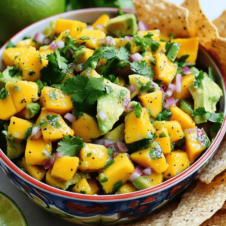 - 1 ripe mango - 2 ripe avocados - 1 small red onion - 1 jalapeño pepper - 1/4 cup fresh cilantro - Juice of 2 limes - 1 tablespoon extra-virgin olive oil - Salt and freshly cracked black pepper - Optional: 1/2 teaspoon smoked paprika Mango avocado salsa is a fresh and tasty dish. First, you need ripe mango and avocados. The mango brings sweetness, while avocados add creaminess. Choose a mango that gives slightly when you press it. For avocados, look for a similar softness. Next, the red onion adds a nice crunch. Use a small one to keep the flavor mild. The jalapeño pepper gives a kick. You can adjust how much you use based on your spice preference. Fresh cilantro brightens the dish. It adds a burst of flavor that pairs well with the other ingredients. The juice of two limes adds acidity. It helps balance the sweetness. The olive oil adds richness. A sprinkle of salt and black pepper enhances all the flavors. If you want to try something different, add smoked paprika for a hint of smokiness. You can find the full recipe above. It’s simple and quick, perfect for sharing. - Start by peeling the ripe mango and avocados. - Cut the mango into small cubes and the avocados into similar-sized pieces. - Place them in a large mixing bowl. - Next, finely chop the small red onion. Add it to the bowl with mango and avocado. - For the jalapeño, deseed it first, then mince it finely. Add this to the bowl, adjusting for spice. - Chop the fresh cilantro roughly. Gently fold it into the mixture. - In a separate small bowl, whisk together juice from two limes, olive oil, and smoked paprika. - This dressing adds a bright flavor to the salsa. - Drizzle the dressing over the salsa mixture. Toss gently to combine all ingredients. - Be careful not to mash the avocado pieces. - Season the salsa with salt and freshly cracked black pepper to taste. - Allow the salsa to rest for about 10 minutes. This helps the flavors blend together. - To serve, ladle the salsa into a colorful bowl. Garnish with a sprinkle of fresh cilantro. - This salsa pairs well with tortilla chips or as a topping for grilled meats. Check out the Full Recipe for more details! Mango avocado salsa shines with crispy tortilla chips. The sweet and spicy mix pairs perfectly. You can also use this salsa as a topping for grilled meats or fish. It adds a fresh twist to any dish. You can adjust spice levels easily. If you like it hot, add more jalapeño. For a milder taste, use less. You can also add unique ingredients for variation. Consider adding diced pineapple for a tropical twist or black beans for extra protein. Over-mixing the salsa can make it mushy. Be gentle when combining ingredients. This way, you keep the texture nice and fresh. Also, always choose ripe fruits. Unripe fruits can ruin the flavor and texture of your salsa. Use the Full Recipe to guide your preparation. {{image_4}} You can change up your mango avocado salsa to keep things fresh. Try mixing in tropical fruits like pineapple or peach. These fruits add sweetness and a fun twist to your salsa. If you want a heartier dish, add black beans or kidney beans. They boost protein and fiber, making the salsa more filling. Different cultures inspire unique salsa recipes. You might add fresh herbs like mint or basil for a fresh taste. Spices like cumin or chili powder can also bring a whole new flavor. In some regions, they use local ingredients, like tomatillos or different chiles, to create their own version of salsa. You can easily adapt the recipe to suit your taste. Using seasonal fruits makes your salsa even better. In summer, try adding juicy peaches or ripe tomatoes. In fall, diced apples can add a crunchy twist. You can also adapt your salsa for holiday meals. Add pomegranate seeds for color and a burst of flavor. This keeps your dish bright and festive! Check out the Full Recipe to get started on these ideas. To keep your mango avocado salsa fresh, store it in the refrigerator. Use an airtight container to prevent air from getting in. This method helps to maintain the salsa's vibrant colors and flavors. For best results, consume the salsa within three days. If you want to store salsa for longer, freezing is a great option. Place the salsa in a freezer-safe bag, squeeze out all the air, and seal it tightly. You can freeze it for up to three months. When ready to use, thaw the salsa in the fridge overnight. Stir well before serving to mix the flavors back together. Mango avocado salsa lasts about three days in the fridge if stored properly. If you notice brown spots on the avocado or a sour smell, it's time to toss the salsa. Always trust your senses! Fresh is best for this delightful dish. Yes, you can make mango avocado salsa ahead of time. Prepare the salsa, but do not add salt or lime juice until serving. This helps keep the flavors fresh. Store it in the fridge for up to two hours. The longer it sits, the more flavors blend. You have many tasty options for serving this salsa. Here are some ideas: - Tortilla chips - Grilled chicken or fish - Tacos or burritos - As a topping for salads - With quesadillas Each option brings a new twist to your meal! To store leftover salsa, place it in an airtight container. Keep it in the fridge for up to two days. For the best taste, eat it fresh. To keep avocados from browning, add lime juice. The acid slows down oxidation. You can also cover the salsa tightly with plastic wrap. Press the wrap against the surface to limit air exposure. Yes, mango avocado salsa is healthy! It is low in calories and full of vitamins. Mangoes provide vitamin C and fiber. Avocados add healthy fats. Together, they create a nutritious and tasty dish. Enjoy it guilt-free! For the full recipe, check out the Mango Avocado Salsa Delight! Mango avocado salsa is a tasty and healthy treat. We covered key ingredients like ripe mango, avocado, and cilantro. We also discussed benefits like vitamins and healthy fats. Substitutions are easy if you need them. Remember to follow steps closely for the best flavor. Avoid common mistakes like over-mixing or using unripe fruit. Enjoy experimenting with variations and serving suggestions. This salsa is sure to impress at any gathering. Keep it fresh and have fun with it!